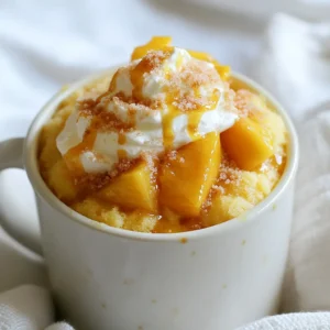 You can use either fresh or canned peaches for this mug cake. Fresh peaches give a bright taste. They add a lovely texture, too. If you choose fresh, make sure they are ripe. Canned peaches are a good option when fresh ones are not in season. Just remember to drain them well before use. This helps avoid extra liquid in your cake. The dry ingredients are simple but vital. You need: - 1/4 cup all-purpose flour - 1/4 teaspoon baking powder - 1/4 teaspoon ground cinnamon - 2 tablespoons packed brown sugar (divided) The flour gives structure to your cake. Baking powder helps it rise. Ground cinnamon adds warmth and flavor. Brown sugar adds a rich sweetness that pairs well with peaches. Now, let’s look at the wet ingredients. You will need: - 1/4 cup milk - 1 tablespoon vegetable oil - 1/2 teaspoon vanilla extract Milk adds moisture and richness. Vegetable oil keeps the cake soft. Vanilla extract gives a sweet aroma that enhances the flavor. Mix these wet ingredients carefully with the dry ones for the best results. {{ingredient_image_2}} First, take your fresh peaches. If you use canned peaches, make sure to drain them well. Dice the peaches into small pieces. In a microwave-safe mug, mix the diced peaches with 1 tablespoon of brown sugar. This step helps the peaches release their sweet juices. Let the mixture sit for about 5 minutes. This is called macerating, and it brings out the best peach flavor. Next, grab a bowl for your dry mix. Add 1/4 cup of all-purpose flour. Then, add 1/4 teaspoon of baking powder. Sprinkle in 1/4 teaspoon of ground cinnamon and the remaining 1 tablespoon of brown sugar. Whisk these ingredients together until you see no lumps. This mix will give your mug cake the right texture. Now, it’s time for the wet ingredients. Pour 1/4 cup of milk into your dry mix. Add 1 tablespoon of vegetable oil and 1/2 teaspoon of vanilla extract. Stir gently until everything is mixed but don’t overdo it. Overmixing can make your cake tough. Next, fold in the macerated peaches carefully. You want them spread evenly in the batter without breaking them too much. Pour this tasty mix into a larger microwave-safe mug or bowl. This helps prevent any overflow while it cooks. Finally, sprinkle 1 tablespoon of granulated sugar on top. This will form a nice, sweet crust. Microwave your mug cake on high for 1 minute and 30 seconds. Check if it’s done by inserting a toothpick in the center. If it comes out clean, it’s ready. If not, cook for 10-15 more seconds. Let it cool a bit before enjoying. Add whipped cream or vanilla ice cream for a yummy treat! To get the best mug cake, start with the right time. Microwave your cake for 1 minute and 30 seconds. After that, check with a toothpick. If it comes out clean, your cake is ready. If not, add 10 to 15 seconds more. Keep an eye on it. Every microwave is different, so adjust as needed. Mixing is key, but too much can ruin your cake. When you add the wet ingredients, stir until just combined. You want a few lumps, not a smooth batter. This helps keep your cake light and fluffy. Gently fold in the peaches. Do this carefully to keep them intact. Presentation makes your mug cake even better. Serve it warm right from the mug. Add a few peach slices on top for color. A drizzle of honey adds shine and sweetness. For a treat, top with whipped cream or a scoop of vanilla ice cream. Enjoy your peach paradise! Pro Tips Use Ripe Peaches: For the best flavor, choose ripe, juicy peaches when they are in season. They add a natural sweetness and enhance the mug cake's overall taste. Experiment with Spices: Feel free to add a pinch of nutmeg or allspice along with the cinnamon to create a more complex flavor profile that complements the peaches. Microwave Power Variability: Microwaves vary in power, so adjust cooking time as necessary. Start with 1 minute and add time in 10-15 second increments to prevent overcooking. Serving Suggestions: Elevate your mug cake by serving it with a dollop of whipped cream or a scoop of vanilla ice cream on top, along with a drizzle of honey for added decadence. {{image_4}} You can switch peaches for other fruits. Try fresh or canned apples, cherries, or blueberries. Each fruit gives a new taste. Apples add a crisp bite. Cherries bring a tartness, while blueberries add sweetness. Feel free to mix and match! You can even combine two fruits for a fun twist. For a vegan version, replace milk with almond or oat milk. Use a plant-based oil, like coconut oil, instead of vegetable oil. You can swap all-purpose flour with gluten-free flour blends. These changes keep the cake tasty and friendly for different diets. Enjoy your dessert without worry! To make your mug cake unique, add spices or extracts. A pinch of nutmeg or ginger can elevate the flavor. Try adding a splash of almond extract for a sweet twist. You can also mix in a handful of nuts for crunch. Experiment and find what you love! If you have any leftover mug cake, let it cool first. Place it in an airtight container. This will keep it fresh for up to two days in the fridge. Be sure to cover it well. It’s best to eat it soon, as it may dry out. To reheat your mug cake, use the microwave. Place it in the microwave for about 15 to 20 seconds. Check if it is warm enough before serving. If not, heat it in short bursts. You want it warm but not hot. You can freeze the mug cake if you want to save it for later. Wrap it tightly in plastic wrap. Then, place it in a freezer-safe bag. It can last up to three months in the freezer. To enjoy, thaw it in the fridge overnight and reheat it as needed. Yes, you can make this mug cake in an oven. Preheat your oven to 350°F (175°C). Use a small oven-safe dish instead of a mug. Pour the batter into the dish and bake for about 15 to 20 minutes. Check for doneness by inserting a toothpick in the center. To check if your mug cake is done, insert a toothpick into the center. If it comes out clean, it’s ready! If not, microwave it for 10 to 15 seconds more. Watch it closely to avoid overcooking. You can add many tasty toppings to your mug cake! Here are some ideas: - Whipped cream - Vanilla ice cream - Extra peach slices - A drizzle of honey - Chopped nuts for crunch - A sprinkle of cinnamon for extra flavor Feel free to mix and match these toppings to find your perfect combination! The blog explained how to make a delicious peach cobbler mug cake. We covered the ingredients, preparation steps, and helpful tips. You learned about storing leftovers and even found alternatives for different diets. Remember to enjoy your creations and experiment with flavors. This treat is fast, fun, and easy to modify. Make it your own, and share with friends. Your cooking skills will shine, and so will your mug cakes!