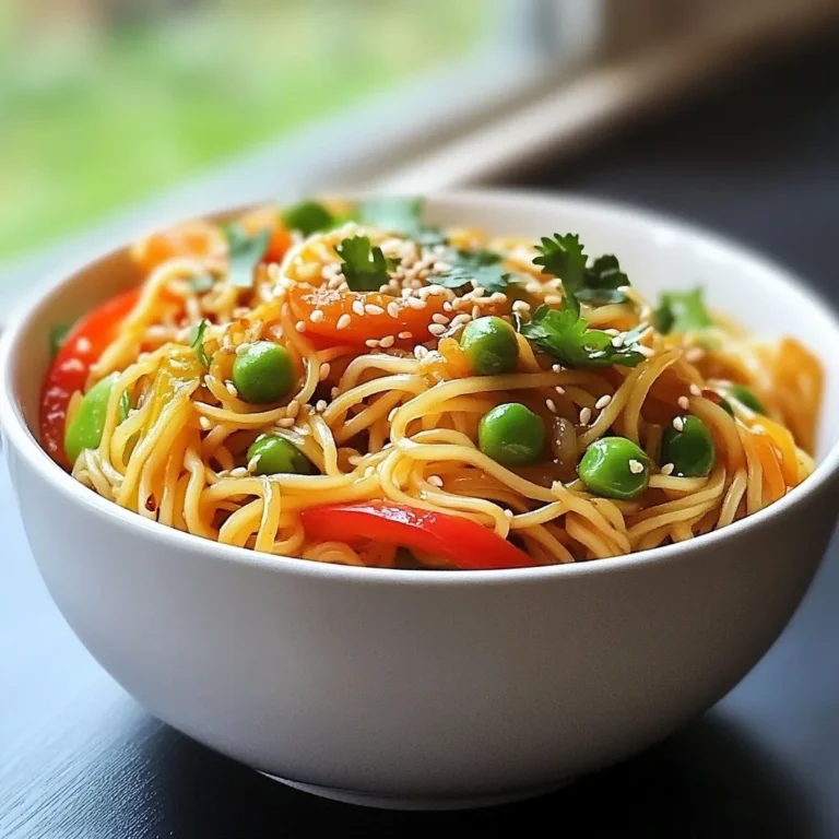 To make spicy sesame noodles, you need these main ingredients: - 8 oz spaghetti or rice noodles - 2 tablespoons sesame oil - 1 tablespoon vegetable oil - 3 cloves garlic, minced - 1 inch piece of ginger, grated - 1 red bell pepper, thinly sliced - 1 cup snap peas, trimmed - 3 green onions, sliced - 2 tablespoons soy sauce - 1 tablespoon rice vinegar - 1 tablespoon sriracha (adjust according to heat preference) - 2 teaspoons honey or maple syrup - 1 tablespoon toasted sesame seeds These ingredients create a rich and tasty dish. The noodles serve as a great base. The garlic and ginger add warmth and depth. The bell pepper and snap peas bring color and crunch. You can make your dish even better with these optional garnishes: - Fresh cilantro - Additional toasted sesame seeds - Sliced red chili for extra heat These garnishes not only add flavor but also make your dish look nice. Fresh cilantro gives a bright touch, while extra seeds add crunch. Using the right oils is key to a great flavor. I suggest these oils: - Sesame oil: This oil adds a nutty taste and aroma. - Vegetable oil: This oil helps with high-heat cooking. Combining these oils gives a perfect balance. The sesame oil brings flavor, and the vegetable oil allows for easy cooking. {{ingredient_image_2}} Start by boiling water in a large pot. Add 8 ounces of spaghetti or rice noodles. Cook them as the package says, usually about 8 to 10 minutes. Stir the noodles often to keep them from sticking. Once they are soft, drain them in a colander. Don’t forget to save a small cup of the cooking water. This water helps to make the sauce smooth later. In a large non-stick pan, heat 2 tablespoons of sesame oil and 1 tablespoon of vegetable oil over medium heat. Once the oils are hot, add 3 minced garlic cloves and 1 inch of grated ginger. Cook for 1 to 2 minutes until they smell great. Next, add 1 thinly sliced red bell pepper and 1 cup of trimmed snap peas. Stir-fry these for about 3 to 4 minutes. You want them soft but still crunchy. While the veggies cook, grab a small bowl. Whisk together 2 tablespoons of soy sauce, 1 tablespoon of rice vinegar, 1 tablespoon of sriracha, and 2 teaspoons of honey or maple syrup. Mix well until everything blends together. This sauce adds a nice kick and sweet flavor to your noodles. Once the vegetables are ready, add the cooked noodles to the pan. Pour the sauce over the noodles and veggies. Toss everything gently, adding a splash of the reserved noodle cooking water if it looks dry. This helps to coat the noodles nicely. Next, add 3 sliced green onions and 1 tablespoon of toasted sesame seeds. Stir everything until it’s hot and mixed well. Serve the spicy sesame noodles in bowls, adding fresh cilantro if you like. Enjoy your meal! To get the best noodle texture, follow these steps. Cook your spaghetti or rice noodles as the package says. Make sure to drain them well. Leave a small cup of the cooking water. This water helps later. When you mix everything, add a splash of it. This keeps your noodles silky and smooth. You can change the heat in your dish easily. Use less sriracha if you want it mild. Start with half a tablespoon. Taste the noodles after mixing. If you like more heat, add more sriracha. Mix well and taste again. This way, you can find the right balance for your taste. Do you have leftover veggies? Use them in this recipe! Bell peppers, carrots, or broccoli work well. Just chop them up and add them to the pan. Sauté them as you cook the other veggies. This reduces waste and adds more flavor. Plus, it makes your dish colorful and fun! Pro Tips Use Fresh Ingredients: Fresh garlic and ginger will elevate the flavor of your noodles significantly. Always opt for fresh over powdered for the best taste. Adjust Heat to Taste: The amount of sriracha can be tailored to your spice preference. Start with a little and add more if you like it spicier! Perfectly Cooked Noodles: Make sure not to overcook your noodles. They should be al dente so they can hold up against the sauce without becoming mushy. Garnish for Flavor: Adding fresh cilantro and extra sesame seeds not only enhances the presentation but also adds a burst of flavor to each bite. {{image_4}} You can boost the taste of your Spicy Sesame Noodles by adding protein. Tofu is a great choice for a vegetarian option. Just press the tofu to remove water, then cut it into cubes. Pan-fry the cubes in sesame oil until they are golden brown. You can also add cooked chicken or shrimp. For chicken, use cooked, shredded pieces. For shrimp, sauté them until pink. This extra protein makes the dish more filling and tasty. If you need a gluten-free meal, swap the spaghetti with rice noodles. Rice noodles work well with the sauce and flavors. Always check the package to ensure they are gluten-free. You can also use gluten-free soy sauce instead of regular soy sauce. This keeps the dish safe for those with gluten sensitivities. Feel free to mix in your favorite vegetables. Broccoli, carrots, and mushrooms all work nicely. You can add them while stir-frying. Just make sure to cut them into small pieces so they cook quickly. You can even throw in leafy greens like spinach or bok choy for added color and nutrition. These variations let you create a new dish each time! After you enjoy your spicy sesame noodles, let them cool down. Place the leftovers in an airtight container. This helps keep them fresh for later meals. You can store them in the fridge for up to three days. If you want to keep them longer, consider freezing them. Just remember, the texture may change a bit after thawing. When you're ready to eat the leftovers, take them out of the fridge. You can reheat them in a pan on low heat. Add a splash of water or broth to help them steam and stay moist. Stir gently until they are hot. If you use a microwave, place them in a safe bowl. Cover with a damp paper towel and heat in short bursts, stirring in between. This will help warm them evenly. Choosing the right container is key for storage. I recommend glass containers because they are safe and easy to clean. They also do not hold onto smells or stains. If you prefer plastic, make sure they are BPA-free and dishwasher safe. Using containers with tight-fitting lids will keep your noodles fresh and tasty. Yes, you can. Spaghetti works well, but rice noodles are great too. You can use whole wheat noodles or even zucchini noodles for a low-carb option. Just make sure to adjust the cooking time based on the noodle type you pick. If you need a substitute, try using olive oil or canola oil. They won't have the same nutty flavor, but they work well in stir-frying. You can also mix in some toasted sesame seeds for that flavor boost. Absolutely! These spicy sesame noodles hold up well in the fridge. Just store them in an airtight container. They taste great cold or reheated. If you prep them in advance, keep the sauce separate until you're ready to eat. This keeps everything fresh and tasty. This blog post covers all you need for Spicy Sesame Noodles. You learned about the key ingredients and many tasty options for toppings. I showed you how to cook the noodles and prepare the sauce. Remember the tips for the best texture and spice levels. You can also add proteins or mix in veggies for variety. Finally, I shared how to store leftovers and answer common questions. Enjoy making this dish, and feel free to experiment with your flavors!