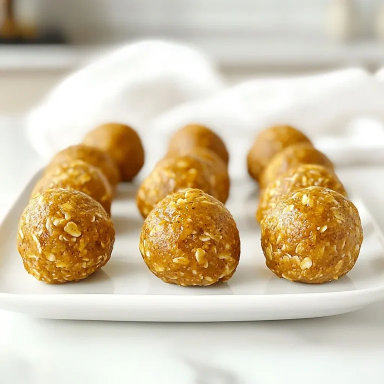 - 1 cup rolled oats - 1/2 cup nut butter (almond or peanut) - 1/2 cup pumpkin puree (fresh or canned) - 1/4 cup honey or maple syrup - 1 teaspoon vanilla extract - 1 teaspoon pumpkin spice blend (or homemade) - 1/4 teaspoon salt - 1/2 cup mini chocolate chips (optional) - 1/4 cup flaxseeds or chia seeds Each ingredient plays a key role. Rolled oats give a great base. They add fiber and texture. Nut butter adds creaminess and protein. I love almond or peanut for their rich taste. Pumpkin puree brings moisture and flavor. It’s also packed with vitamins. Honey or maple syrup gives natural sweetness. This is perfect for energy. Vanilla extract boosts the flavor. Pumpkin spice blend adds warmth and depth. You can make your own with cinnamon, nutmeg, and ginger. A pinch of salt enhances all flavors. Mini chocolate chips are optional but recommended. They add a sweet surprise. Flaxseeds or chia seeds bring crunch and nutrients. This mix is not just tasty; it’s good for you too! These energy balls are great for a quick snack. You can enjoy them anytime. {{ingredient_image_2}} In a large bowl, add the rolled oats, nut butter, pumpkin puree, honey, and vanilla extract. Mix these ingredients well with a spatula or spoon. Keep mixing until everything is blended together and forms a thick mixture. Next, sprinkle in the pumpkin spice and salt. Stir the mixture again to ensure the spices spread evenly. This step adds a warm flavor to your energy balls, making them taste just like fall! Now, it’s time for the fun part! If you want, gently fold in the mini chocolate chips and the flaxseeds or chia seeds. This will give your energy balls a nice crunch and boost their nutrition. Using your hands, scoop out some mixture and roll it into small balls, about one inch in size. Place each ball on a baking sheet lined with parchment paper. Make sure to leave space between them so they don’t stick together. After shaping all the balls, put the baking sheet in the refrigerator. Let them chill for at least 30 minutes. Chilling helps the energy balls firm up, making them easier to enjoy later. Once they are chilled, you can eat them right away! If you want to save some for later, store them in an airtight container in the fridge. They will stay fresh for up to one week, making them a great snack option! To get the best texture, mix the ingredients well. Start with a large bowl. Use a spatula to blend the rolled oats, nut butter, pumpkin puree, honey, and vanilla. Make sure everything combines into a smooth mixture. This step helps all the flavors blend. You can change the sweetness to fit your taste. If you want it sweeter, add more honey or maple syrup. Start with the amount in the recipe. Taste the mixture and adjust as needed. This way, you can find the perfect level of sweetness for your energy balls. Chilling is key to a great texture. Refrigerate the energy balls for at least 30 minutes. This helps them firm up nicely. If you like them firmer, chill them longer. Just remember, the longer they chill, the easier they are to handle! Pro Tips Use Fresh Pumpkin: For the best flavor, consider using fresh pumpkin puree made from roasted pumpkins instead of canned. It gives your energy balls a vibrant taste! Experiment with Nut Butters: Feel free to mix different nut butters, like cashew or sunflower seed butter, to create unique flavors and textures in your energy balls. Chill for Better Texture: Don’t skip the chilling step! Allowing the energy balls to set in the refrigerator not only firms them up but also enhances the flavors as they meld together. Add Seeds for Extra Crunch: Incorporating various seeds, such as pumpkin or sunflower seeds, can add an extra crunch and boost the nutritional value of your energy balls. {{image_4}} You can easily change the taste of your pumpkin spice energy balls. Try using other spices. Cinnamon adds warmth. Nutmeg brings a sweet edge. Ginger gives a slight zing. Mix and match these spices to create your unique flavor profile. This way, every batch can taste a bit different! Choosing nut butter can change the energy balls' taste and texture. Almond butter has a mild flavor and is rich in healthy fats. Peanut butter offers a bolder taste and creaminess. You could even try cashew butter for a sweet note. Each nut butter has its own benefits, so pick one that you love! You can make these energy balls fit different diets. For a gluten-free version, use certified gluten-free oats. If you want to make them vegan, swap honey for maple syrup. These simple changes let everyone enjoy this tasty snack, no matter their dietary needs! To keep your pumpkin spice energy balls fresh, use an airtight container. This helps prevent air from spoiling them. Store the container in your refrigerator. This cool space keeps the energy balls firm and tasty. These delicious energy balls last about one week when stored properly. After that, they may lose their flavor and texture. Check for any signs of spoilage, like an off smell or change in color. For longer storage, freeze the energy balls. Place them in a single layer on a baking sheet. Once frozen, move them to an airtight container or freezer bag. They can last up to three months in the freezer. When you're ready to enjoy them, simply thaw at room temperature. Pumpkin spice energy balls last about one week if stored in the fridge. Keep them in an airtight container. Look for signs of spoilage, like a strange smell or mold. If you see or smell anything off, it’s best to toss them. Yes, you can make these energy balls nut-free! Use sunflower seed butter or soy nut butter instead of nut butter. Both options give a rich flavor and nice texture. These swaps keep the energy balls tasty and safe for those with nut allergies. If you don’t have pumpkin puree, you can use applesauce or mashed bananas. Both options add moisture and sweetness. You can also try using sweet potato puree for a different flavor. Each substitute will give a unique twist to the energy balls. Yes, pumpkin spice energy balls are healthy! They pack good nutrients. Rolled oats provide fiber, while pumpkin is full of vitamins. Nut butter gives healthy fats and protein. With honey or maple syrup, they do have some sugar, but overall, they are a smart snack choice. Absolutely! You can add protein powder to boost nutrition. Start with one or two tablespoons, and mix it into the base. This keeps the texture nice and adds a protein kick. Just make sure to adjust the wet ingredients slightly if the mixture gets too dry. These pumpkin spice energy balls are easy and fun to make. We mixed oats, nut butter, and pumpkin for a tasty treat. You can adjust the sweetness and add your favorite nuts or spices. Remember to chill them for the best texture before serving. Store them in an airtight container or freeze for later. These bites are healthy and packed with flavor, offering a nutritious snack option. Now, it’s time for you to enjoy these simple, delicious treats!