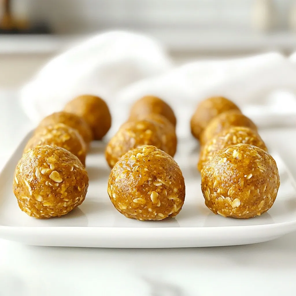 - 1 cup rolled oats - 1/2 cup nut butter (almond or peanut) - 1/2 cup pumpkin puree (fresh or canned) - 1/4 cup honey or maple syrup - 1 teaspoon vanilla extract - 1 teaspoon pumpkin spice blend (or homemade) - 1/4 teaspoon salt - 1/2 cup mini chocolate chips (optional) - 1/4 cup flaxseeds or chia seeds Each ingredient plays a key role. Rolled oats give a great base. They add fiber and texture. Nut butter adds creaminess and protein. I love almond or peanut for their rich taste. Pumpkin puree brings moisture and flavor. It’s also packed with vitamins. Honey or maple syrup gives natural sweetness. This is perfect for energy. Vanilla extract boosts the flavor. Pumpkin spice blend adds warmth and depth. You can make your own with cinnamon, nutmeg, and ginger. A pinch of salt enhances all flavors. Mini chocolate chips are optional but recommended. They add a sweet surprise. Flaxseeds or chia seeds bring crunch and nutrients. This mix is not just tasty; it’s good for you too! These energy balls are great for a quick snack. You can enjoy them anytime. {{ingredient_image_2}} In a large bowl, add the rolled oats, nut butter, pumpkin puree, honey, and vanilla extract. Mix these ingredients well with a spatula or spoon. Keep mixing until everything is blended together and forms a thick mixture. Next, sprinkle in the pumpkin spice and salt. Stir the mixture again to ensure the spices spread evenly. This step adds a warm flavor to your energy balls, making them taste just like fall! Now, it’s time for the fun part! If you want, gently fold in the mini chocolate chips and the flaxseeds or chia seeds. This will give your energy balls a nice crunch and boost their nutrition. Using your hands, scoop out some mixture and roll it into small balls, about one inch in size. Place each ball on a baking sheet lined with parchment paper. Make sure to leave space between them so they don’t stick together. After shaping all the balls, put the baking sheet in the refrigerator. Let them chill for at least 30 minutes. Chilling helps the energy balls firm up, making them easier to enjoy later. Once they are chilled, you can eat them right away! If you want to save some for later, store them in an airtight container in the fridge. They will stay fresh for up to one week, making them a great snack option! To get the best texture, mix the ingredients well. Start with a large bowl. Use a spatula to blend the rolled oats, nut butter, pumpkin puree, honey, and vanilla. Make sure everything combines into a smooth mixture. This step helps all the flavors blend. You can change the sweetness to fit your taste. If you want it sweeter, add more honey or maple syrup. Start with the amount in the recipe. Taste the mixture and adjust as needed. This way, you can find the perfect level of sweetness for your energy balls. Chilling is key to a great texture. Refrigerate the energy balls for at least 30 minutes. This helps them firm up nicely. If you like them firmer, chill them longer. Just remember, the longer they chill, the easier they are to handle! Pro Tips Use Fresh Pumpkin: For the best flavor, consider using fresh pumpkin puree made from roasted pumpkins instead of canned. It gives your energy balls a vibrant taste! Experiment with Nut Butters: Feel free to mix different nut butters, like cashew or sunflower seed butter, to create unique flavors and textures in your energy balls. Chill for Better Texture: Don’t skip the chilling step! Allowing the energy balls to set in the refrigerator not only firms them up but also enhances the flavors as they meld together. Add Seeds for Extra Crunch: Incorporating various seeds, such as pumpkin or sunflower seeds, can add an extra crunch and boost the nutritional value of your energy balls. {{image_4}} You can easily change the taste of your pumpkin spice energy balls. Try using other spices. Cinnamon adds warmth. Nutmeg brings a sweet edge. Ginger gives a slight zing. Mix and match these spices to create your unique flavor profile. This way, every batch can taste a bit different! Choosing nut butter can change the energy balls' taste and texture. Almond butter has a mild flavor and is rich in healthy fats. Peanut butter offers a bolder taste and creaminess. You could even try cashew butter for a sweet note. Each nut butter has its own benefits, so pick one that you love! You can make these energy balls fit different diets. For a gluten-free version, use certified gluten-free oats. If you want to make them vegan, swap honey for maple syrup. These simple changes let everyone enjoy this tasty snack, no matter their dietary needs! To keep your pumpkin spice energy balls fresh, use an airtight container. This helps prevent air from spoiling them. Store the container in your refrigerator. This cool space keeps the energy balls firm and tasty. These delicious energy balls last about one week when stored properly. After that, they may lose their flavor and texture. Check for any signs of spoilage, like an off smell or change in color. For longer storage, freeze the energy balls. Place them in a single layer on a baking sheet. Once frozen, move them to an airtight container or freezer bag. They can last up to three months in the freezer. When you're ready to enjoy them, simply thaw at room temperature. Pumpkin spice energy balls last about one week if stored in the fridge. Keep them in an airtight container. Look for signs of spoilage, like a strange smell or mold. If you see or smell anything off, it’s best to toss them. Yes, you can make these energy balls nut-free! Use sunflower seed butter or soy nut butter instead of nut butter. Both options give a rich flavor and nice texture. These swaps keep the energy balls tasty and safe for those with nut allergies. If you don’t have pumpkin puree, you can use applesauce or mashed bananas. Both options add moisture and sweetness. You can also try using sweet potato puree for a different flavor. Each substitute will give a unique twist to the energy balls. Yes, pumpkin spice energy balls are healthy! They pack good nutrients. Rolled oats provide fiber, while pumpkin is full of vitamins. Nut butter gives healthy fats and protein. With honey or maple syrup, they do have some sugar, but overall, they are a smart snack choice. Absolutely! You can add protein powder to boost nutrition. Start with one or two tablespoons, and mix it into the base. This keeps the texture nice and adds a protein kick. Just make sure to adjust the wet ingredients slightly if the mixture gets too dry. These pumpkin spice energy balls are easy and fun to make. We mixed oats, nut butter, and pumpkin for a tasty treat. You can adjust the sweetness and add your favorite nuts or spices. Remember to chill them for the best texture before serving. Store them in an airtight container or freeze for later. These bites are healthy and packed with flavor, offering a nutritious snack option. Now, it’s time for you to enjoy these simple, delicious treats!