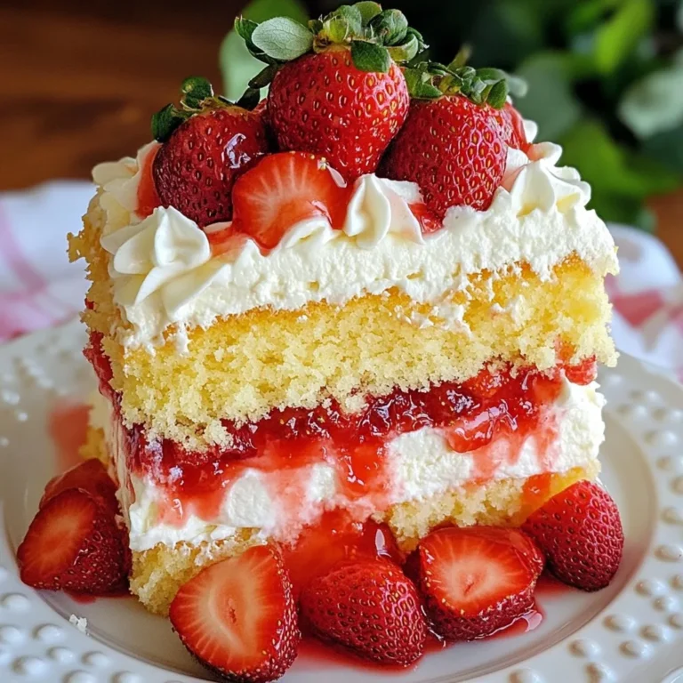 - 2 cups all-purpose flour - 1 cup granulated sugar - 1 tablespoon baking powder - 1/2 teaspoon salt - 1/2 cup unsalted butter, softened to room temperature - 1 cup whole milk - 2 large eggs - 1 teaspoon pure vanilla extract - 2 cups fresh strawberries, hulled and sliced - 1 cup heavy whipping cream - 3 tablespoons powdered sugar - 1 teaspoon pure vanilla extract (for whipped cream) When making Strawberries & Cream Milk Cake, the right ingredients matter. Start with the dry ingredients. The all-purpose flour gives the cake structure. Granulated sugar adds sweetness. Baking powder helps the cake rise. Salt balances the flavors. Next, focus on the wet ingredients. The unsalted butter makes the cake rich. Whole milk keeps it moist. Large eggs bind everything together. Pure vanilla extract adds a lovely flavor. Finally, for the toppings, fresh strawberries bring a burst of flavor. Heavy whipping cream creates light, fluffy layers. Powdered sugar sweetens the whipped cream, making it perfect for your cake. Each ingredient plays a role, creating a delightful treat that everyone will love. {{ingredient_image_2}} - Preheat the oven and grease cake pans: Set your oven to 350°F (175°C). Grease and flour two 9-inch cake pans. This helps the cakes come out easily. - Mixing dry ingredients: In a large bowl, combine 2 cups of all-purpose flour, 1 cup of granulated sugar, 1 tablespoon of baking powder, and 1/2 teaspoon of salt. Whisk them well until mixed. - Combining wet ingredients: Add 1/2 cup of softened unsalted butter, 1 cup of whole milk, 2 large eggs, and 1 teaspoon of pure vanilla extract to the dry mix. Beat on medium speed for about 2 minutes until the batter is smooth and fluffy. - Distributing the batter: Divide the batter evenly between the two prepared pans. Smooth the tops with a spatula for even baking. - Baking time and checking for doneness: Bake for 25-30 minutes. Insert a toothpick in the center. If it comes out clean, the cakes are done. - Cooling the cakes: Let the cakes cool in the pans for about 10 minutes. Then, gently move them to a wire rack to cool completely. - Preparing the whipping cream: While the cakes cool, pour 1 cup of heavy whipping cream into a mixing bowl. Add 3 tablespoons of powdered sugar and 1 teaspoon of vanilla extract. - Achieving soft peaks: Beat the mixture until soft peaks form. This should take a few minutes. The whipped cream should hold its shape nicely. - Layering the first cake: Place one cake layer on a serving plate. - Adding whipped cream and strawberries: Spread a thick layer of whipped cream on top. Then, add half of the 2 cups of sliced strawberries evenly over the cream. - Layering the second cake: Carefully put the second cake layer on top. Spread the remaining whipped cream on it and top with the rest of the strawberries. - Decorating the top: For a lovely finish, drizzle some homemade strawberry sauce on top or sprinkle crushed strawberries over the cake. - Serving suggestions: Serve slices on white plates for a nice look. Add a fresh strawberry or a dollop of whipped cream on the side to make it special. - Ensuring even baking: To bake evenly, always use two identical pans. This helps the cakes rise at the same rate. Make sure your oven is fully preheated before baking. - Using room temperature ingredients: Room temperature butter and eggs mix better. They help create a smooth batter and light cake. - Perfecting the texture: When whipping cream, use a cold bowl and beaters. This keeps the cream thick and fluffy. Stop whipping as soon as soft peaks form. - Flavoring your whipped cream: For extra taste, try adding a splash of vanilla extract or a bit of lemon zest. This makes the whipped cream more special. - Plate suggestions: Serve slices on sleek white plates. This makes the colors pop and looks fancy. - Garnishing ideas: Top each slice with a fresh strawberry or a dollop of whipped cream. You can also drizzle some strawberry sauce for a sweet touch. Pro Tips Use Room Temperature Ingredients: Let your butter, eggs, and milk come to room temperature before mixing. This helps create a smoother batter and ensures even baking. Don't Overmix the Batter: Once you combine the wet and dry ingredients, mix just until incorporated. Overmixing can lead to a dense cake. Fresh Strawberries: Use ripe, fresh strawberries for the best flavor. If strawberries aren't in season, you can use frozen, but make sure to thaw and drain excess liquid. Chill the Whipped Cream: For perfectly fluffy whipped cream, chill your mixing bowl and beaters before whipping. This helps the cream whip faster and hold its shape better. {{image_4}} You can add other fruits to this cake for a fun twist. Try sliced bananas or peaches for a new flavor. You can also use berries like blueberries or raspberries. Mixing fruits gives you a chance to play with taste and color. Experimenting with different extracts can make your cake unique. Almond extract adds a nutty hint. Lemon extract brightens the cake with a zesty kick. Feel free to mix and match to find your favorite flavor! If you need gluten-free options, you can swap the all-purpose flour for a gluten-free blend. Many blends work well in cakes. Just ensure it has a good balance of starches and flours. For dairy-free substitutions, use almond or oat milk instead of whole milk. Coconut cream can replace heavy cream for the whipped topping. These swaps keep the cake tasty and friendly for different diets. Pair this cake with refreshing drinks. A cup of tea or a glass of lemonade complements its sweetness. You can also serve it with coffee for a cozy treat. Think about special occasions! This cake works well for birthdays, picnics, or family gatherings. You can cut it into fun shapes or add festive decorations to match the event. To keep your strawberries and cream milk cake fresh, store any leftovers in the fridge. Use airtight containers to prevent the cake from drying out. Always let the cake cool completely before storing it. This helps keep the moisture in and the cake soft. You can freeze this cake for later enjoyment. First, wrap the cake tightly in plastic wrap. Then, place it in a freezer-safe bag or container. Make sure to label it with the date. To thaw, take it out of the freezer and leave it in the fridge overnight. This keeps the cake moist and tasty. When stored properly, the cake lasts about 3 to 5 days in the fridge. If frozen, it can last up to 3 months. Check for signs of spoilage, like an off smell or mold. If you see any, it’s best to discard the cake. Enjoying it fresh always gives the best taste! To make a moist cake, use room temperature ingredients. This helps the batter mix well. Adding whole milk brings moisture too. Do not overmix the batter; mix until just combined. Bake until a toothpick comes out clean. Let the cake cool in the pan for a bit before moving it. Yes, you can use frozen strawberries. Just thaw them before using. Drain excess juice to avoid a soggy cake. The flavor will still be great. Fresh strawberries do add more texture, though. You can use coconut cream as a substitute. It gives a nice flavor and is dairy-free. Another option is to use whipped topping. This can save time and effort. Just look for a quality brand for the best taste. To make a dairy-free cake, use almond or oat milk instead of whole milk. Swap unsalted butter for coconut oil or dairy-free spread. For the whipped cream, use coconut cream or a dairy-free whipped topping. These changes keep the cake delicious and light. Yes, adding jam or preserves works great! Spread a thin layer between the cake layers. Strawberry jam pairs well with the fresh strawberries. You’ll add more flavor and sweetness. Just be careful not to add too much; it can make the cake soggy. You now have all the tools to make a delicious cake. We covered the key steps, from mixing the dry and wet ingredients to baking and decorating. The tips and variations will help you customize your creation. Remember, practice makes perfect. Enjoy the process and have fun with your baking. Don't hesitate to explore and try new flavors. Your cake journey starts here—happy baking!