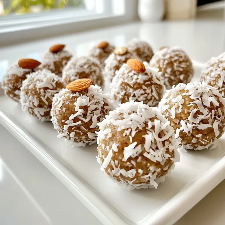 - 1 cup almond flour - 1/2 cup unsweetened shredded coconut - 1/4 cup raw honey or maple syrup - 1/4 cup almond butter - 1/2 teaspoon vanilla extract - 1/4 teaspoon fine sea salt - 1/3 cup dark chocolate chips (preferably dairy-free) - 1/4 cup whole almonds (for garnish) - 1 cup = 240 ml - 1/2 cup = 120 ml - 1/4 cup = 60 ml - 1/3 cup = 80 ml These conversions help you switch between cups and milliliters. They make measuring easy, no matter your tools! You can swap almond flour for oat flour if you like. For a nut-free option, use sunflower seed butter instead of almond butter. If you want a sweeter taste, try agave syrup in place of honey. You can also use semi-sweet chocolate chips if you prefer. These swaps keep the treat fun and tasty! {{ingredient_image_2}} Start by gathering your dry ingredients. In a large mixing bowl, add 1 cup of almond flour and 1/2 cup of unsweetened shredded coconut. Use a whisk or spoon to mix until they blend well. This step sets a solid base for your protein balls. Now, it’s time to make the wet mixture. To the dry mix, add 1/4 cup of raw honey or maple syrup, depending on your taste. Then, include 1/4 cup of almond butter, 1/2 teaspoon of vanilla extract, and 1/4 teaspoon of fine sea salt. Stir everything together with a spatula. You want a sticky, cohesive dough, so mix well until it all comes together. Once your dough is ready, take about 1 tablespoon of it and roll it into a ball using your hands. Place each ball on a parchment-lined baking sheet. For a touch of crunch and flair, press a whole almond into the top of each ball. This not only adds flavor but also makes them look great! After forming all the balls, transfer the baking sheet to the fridge. Let them chill for at least 30 minutes. Chilling them helps the flavors meld and makes the balls firmer. You’ll love how they taste once they're set! When making Almond Joy Protein Balls, be careful with the measurements. Too much almond flour can make them dry. Use a kitchen scale for accuracy. Also, avoid overmixing; this can lead to tough balls. Make sure to chill them long enough. This helps them firm up and enhances the taste. If they are too sticky, your hands might need a light dusting of almond flour. You can boost the flavors in your protein balls easily. Try adding a pinch of cinnamon or a dash of sea salt. Both can enhance the sweetness. If you like more chocolate, increase the dark chocolate chips. For a coconut twist, add a bit more shredded coconut. You can also use roasted almonds for more depth. Having the right tools makes the process smooth. Use a large mixing bowl for easy stirring. A spatula helps combine the ingredients well. A tablespoon scoop makes rolling the balls quick and uniform. Don’t forget parchment paper for easy cleanup! Lastly, a good fridge is key for chilling. This helps set the texture just right. Pro Tips Chill for Better Texture: Allowing the protein balls to chill for at least 30 minutes not only helps them firm up but also enhances the blending of flavors, resulting in a more delicious treat. Customize Your Sweetness: Adjust the sweetness to your liking by varying the amount of honey or maple syrup. You can also experiment with flavored nut butters for added taste. Mix-In Variations: Feel free to add your favorite mix-ins such as chopped dried fruits, seeds, or protein powder to create unique flavor combinations and boost nutritional value. Perfect Portioning: Use a cookie scoop or tablespoon for consistent sizing of your protein balls. This ensures even cooking and makes it easier to track serving sizes. {{image_4}} You can use honey or maple syrup in this recipe. Honey gives a richer taste. It adds a lovely sweetness. Maple syrup is a great vegan option. It has a different flavor and is still sweet. Try both to see which you like best! You can add fun mix-ins to your protein balls. Chopped nuts can boost the crunch. Try walnuts, pecans, or hazelnuts. Seeds like chia or flax can add nutrients. You can even add dried fruit for extra flavor. Just be sure not to overdo it, or the balls might not stick together. Want to make these protein balls vegan? Easy! Just swap honey for maple syrup. Use a nut butter without added sugars. Check the chocolate chips too; use dairy-free ones. This way, everyone can enjoy a tasty treat! To keep your Almond Joy Protein Balls fresh, place them in an airtight container. You can stack them in one layer or separate them with parchment paper. This helps prevent them from sticking together. Store the container in the fridge for best results. If you wish to store them for a longer time, freezing works great. Place the protein balls in a single layer on a baking sheet. Freeze them for about an hour. Then, transfer the balls to a freezer-safe bag or container. Don’t forget to label the bag with the date. They will last for up to three months in the freezer. When stored correctly in the fridge, protein balls can last for up to one week. Keep an eye on them for any signs of spoilage. If they start to look or smell off, it’s best to toss them. For the best taste and texture, enjoy them fresh or within a few days. Yes, you can use other nut butters. Peanut butter, cashew butter, or sunflower seed butter work well. Each will give a unique taste. The key is to keep the same amount. Using a different nut butter can change the flavor but still keep it tasty. To make Almond Joy Protein Balls gluten-free, use almond flour. It is naturally gluten-free and perfect for this recipe. Make sure any added ingredients, like chocolate chips, are also gluten-free. Always check labels to ensure no hidden gluten. Almond Joy Protein Balls have many benefits. They are rich in protein from almond flour and nut butter. The dark chocolate chips add antioxidants. Shredded coconut provides healthy fats and fiber. They are a balanced snack that fuels your body. Plus, they are low in refined sugars, making them a smart choice! In this post, we explored key ingredients and how to measure them. We walked through each step, from mixing dry and wet ingredients to creating and chilling your protein balls. I shared tips to avoid common mistakes and ways to enhance flavor. We also discussed ingredient variations and storage tips. Protein balls are fun to make and easy to enjoy. Tailor recipes to fit your taste and needs. With these tips, you can create delicious snacks that are healthy and satisfying. Enjoy making your own!
