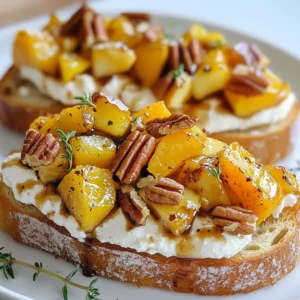 - Butternut Squash Specifics Use 1 small butternut squash. Peel it and cut it into 1/2-inch cubes. This shape helps it cook evenly and caramelize well. - Recommended Apple Varieties I suggest using Honeycrisp or Granny Smith apples. These apples add a sweet and tart balance. Dice them into 1/2-inch pieces to match the squash. - Other Essential Components You will also need fresh ricotta cheese and fresh thyme leaves. A baguette, sliced into 1/2-inch rounds, is key for your bruschetta base. Don’t forget toasted pecans for crunch! - Olive Oil Choices I recommend using extra virgin olive oil. You will need 2 tablespoons, divided for roasting the squash and toasting the bread. - Maple Syrup and Cinnamon Add 1 teaspoon of pure maple syrup and 1 teaspoon of ground cinnamon. These ingredients enhance the fall flavors and bring sweetness. - Additional Flavor Enhancers Season with sea salt and freshly cracked black pepper to taste. These simple seasonings elevate the entire dish. Finally, drizzle balsamic glaze on top for a sweet finish. {{ingredient_image_2}} Start by peeling the butternut squash. Dice it into 1/2-inch cubes. Next, take a large apple, like Honeycrisp or Granny Smith. Core it and dice it into 1/2-inch pieces as well. In a large bowl, mix the diced butternut squash and apple. Drizzle 1 tablespoon of olive oil over the mix. Add 1 teaspoon of maple syrup, a sprinkle of cinnamon, salt, and pepper. Use your hands to toss everything well. Make sure each piece gets coated evenly. This step helps the flavors blend during roasting. Now, preheat your oven to 400°F (200°C). Spread the vegetable mix out on a large baking sheet. Keep it in a single layer for even roasting. Roast for 25 to 30 minutes. Halfway through, stir the mixture. This will help with even cooking. When the butternut squash is tender and caramelized, take it out. Let it cool slightly before using. While the vegetables roast, prepare the baguette. Slice it into 1/2-inch thick rounds. Place the slices on a separate baking sheet. Brush both sides lightly with the remaining olive oil. Now, put them in the oven. Toast for 5 to 7 minutes. Keep an eye on them for a golden brown color. This will give the bruschetta a nice crunch. In a medium bowl, take 1 cup of fresh ricotta cheese. Add 1 tablespoon of fresh thyme leaves. Season with a pinch of salt and pepper. Mix it all together until it’s smooth. This herbed ricotta adds a creamy taste. It balances well with the sweetness of the butternut and apple. To put it all together, take a toasted baguette slice. Spread a generous layer of herbed ricotta on top. Then, add a spoonful of the roasted butternut and apple mix. For extra crunch, sprinkle some roughly chopped pecans over each slice. Finally, drizzle with balsamic glaze for a sweet finish. Add a few extra thyme leaves for a touch of color. This will make your bruschetta look even more appealing! To roast butternut squash and apples well, spread them out on the baking sheet. This space helps air flow and allows even cooking. If they crowd together, they will steam instead of roast. The key to caramelization is the natural sugars in the squash and apples. Use a bit of maple syrup for extra sweetness. Roast them until they become golden and tender, about 25-30 minutes. Toasting the baguette slices is crucial for texture. Brush both sides lightly with olive oil. This keeps the bread from burning. Toast them for 5-7 minutes at 400°F. You want them golden brown and crisp. Keep an eye on them to avoid burnt slices. If you hear a sizzle, it’s time to check. Add extra toppings for more flavor! Crumbled feta or goat cheese pairs well with the ricotta. You can also top with arugula for a peppery bite. For a crunchy finish, sprinkle toasted pecans on top. Serve with a small bowl of balsamic glaze for drizzling. It adds a sweet, tangy touch that complements the flavors beautifully. Pro Tips Choose the Right Apple: Opt for apples that are firm and slightly tart, like Honeycrisp or Granny Smith, to balance the sweetness of the butternut squash. Perfectly Toasted Bread: Keep an eye on the baguette slices while toasting; they can go from golden to burnt quickly. Toasting them just until crispy will enhance the overall texture. Season Generously: Don’t shy away from seasoning the ricotta and the roasted mixture with salt and pepper; these elements will elevate the dish's flavor profile dramatically. Make Ahead: You can prepare the roasted butternut and apple mixture in advance and store it in the fridge. Assemble the bruschetta just before serving for the best texture and taste. {{image_4}} You can switch up the squash in this recipe. Try using acorn squash or pumpkin for a new taste. Each squash adds its own flavor and texture. When it comes to apples, think outside the box. You might enjoy using Fuji or Gala apples. Each type brings a unique sweetness and crunch to your bruschetta. If you need a gluten-free option, choose gluten-free bread for the base. This small change keeps your bruschetta tasty without gluten. For a vegan twist, swap the ricotta cheese with a nut-based spread. Cashew cream or hummus works well. These options keep your dish creamy and delicious. To add a festive flair, toss in some dried cranberries. They give a sweet and tart burst that pairs perfectly with the squash and apple. Consider adding cheese alternatives too. Vegan cheese or a sprinkle of nutritional yeast can replace ricotta. This keeps the flavors bright and enjoyable for all diets. To keep your bruschetta fresh, refrigerate any leftovers. Place them in an airtight container. This helps seal in moisture and flavor. Store them in the fridge for up to three days. When you're ready to eat, check if the toppings still taste good. For best results, store the components separately. Keep the toasted baguette slices in a different container. This prevents them from getting soggy. You can wrap them in foil or parchment paper for extra protection. If you want to save bruschetta for later, freezing is a good choice. Freeze the roasted butternut squash and apple mix in a freezer-safe bag. This keeps them fresh for up to three months. Remember to label the bag with the date. To reheat, let the frozen mix thaw in the fridge overnight. You can then warm it in a skillet over low heat. Stir occasionally to keep it from sticking. Serve it over fresh toasted baguette slices for the best taste. You can store bruschetta leftovers for up to three days. Keep it in an airtight container in the fridge. The bread may get soggy, so it's best to store toppings separate from the bread. Yes, you can prepare components ahead of time. Roast the butternut squash and apple a day in advance. Store them in the fridge. You can also mix the ricotta with thyme ahead of time. Toast the bread just before serving for the best texture. To reheat bruschetta without losing its crunch, use the oven. Preheat it to 350°F (175°C). Place the bruschetta on a baking sheet for about 5-7 minutes. This will warm it up and keep the bread crispy. Absolutely! Try using goat cheese for a tangy twist. Cream cheese or a nut butter can work well too. You can also use hummus for a vegan option. These spreads can add different flavors to your bruschetta. This article covered how to make a delicious butternut squash and apple bruschetta step by step. We explored the fresh ingredients, the perfect seasonings, and the roasting techniques. I shared tips for toasting the bread and assembling the dish beautifully. Remember, you can customize this recipe with different ingredients or dietary needs. Keep these storage tips in mind for leftover enjoyment. With practice, you'll create a dish that impresses every time. Enjoy your kitchen adventures!