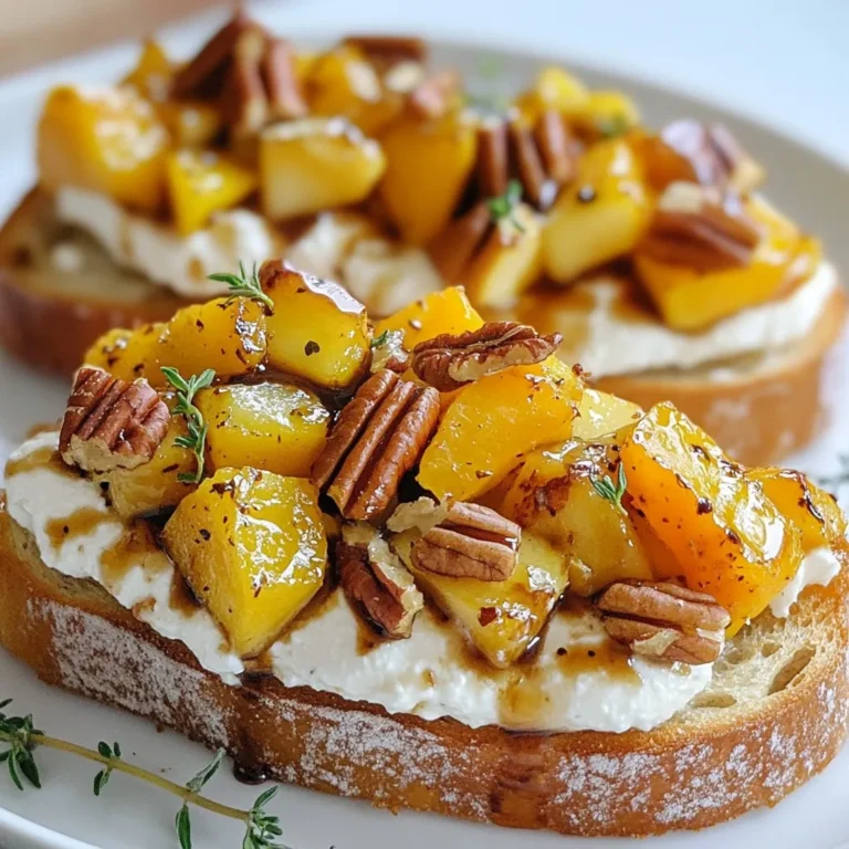 - Butternut Squash Specifics Use 1 small butternut squash. Peel it and cut it into 1/2-inch cubes. This shape helps it cook evenly and caramelize well. - Recommended Apple Varieties I suggest using Honeycrisp or Granny Smith apples. These apples add a sweet and tart balance. Dice them into 1/2-inch pieces to match the squash. - Other Essential Components You will also need fresh ricotta cheese and fresh thyme leaves. A baguette, sliced into 1/2-inch rounds, is key for your bruschetta base. Don’t forget toasted pecans for crunch! - Olive Oil Choices I recommend using extra virgin olive oil. You will need 2 tablespoons, divided for roasting the squash and toasting the bread. - Maple Syrup and Cinnamon Add 1 teaspoon of pure maple syrup and 1 teaspoon of ground cinnamon. These ingredients enhance the fall flavors and bring sweetness. - Additional Flavor Enhancers Season with sea salt and freshly cracked black pepper to taste. These simple seasonings elevate the entire dish. Finally, drizzle balsamic glaze on top for a sweet finish. {{ingredient_image_2}} Start by peeling the butternut squash. Dice it into 1/2-inch cubes. Next, take a large apple, like Honeycrisp or Granny Smith. Core it and dice it into 1/2-inch pieces as well. In a large bowl, mix the diced butternut squash and apple. Drizzle 1 tablespoon of olive oil over the mix. Add 1 teaspoon of maple syrup, a sprinkle of cinnamon, salt, and pepper. Use your hands to toss everything well. Make sure each piece gets coated evenly. This step helps the flavors blend during roasting. Now, preheat your oven to 400°F (200°C). Spread the vegetable mix out on a large baking sheet. Keep it in a single layer for even roasting. Roast for 25 to 30 minutes. Halfway through, stir the mixture. This will help with even cooking. When the butternut squash is tender and caramelized, take it out. Let it cool slightly before using. While the vegetables roast, prepare the baguette. Slice it into 1/2-inch thick rounds. Place the slices on a separate baking sheet. Brush both sides lightly with the remaining olive oil. Now, put them in the oven. Toast for 5 to 7 minutes. Keep an eye on them for a golden brown color. This will give the bruschetta a nice crunch. In a medium bowl, take 1 cup of fresh ricotta cheese. Add 1 tablespoon of fresh thyme leaves. Season with a pinch of salt and pepper. Mix it all together until it’s smooth. This herbed ricotta adds a creamy taste. It balances well with the sweetness of the butternut and apple. To put it all together, take a toasted baguette slice. Spread a generous layer of herbed ricotta on top. Then, add a spoonful of the roasted butternut and apple mix. For extra crunch, sprinkle some roughly chopped pecans over each slice. Finally, drizzle with balsamic glaze for a sweet finish. Add a few extra thyme leaves for a touch of color. This will make your bruschetta look even more appealing! To roast butternut squash and apples well, spread them out on the baking sheet. This space helps air flow and allows even cooking. If they crowd together, they will steam instead of roast. The key to caramelization is the natural sugars in the squash and apples. Use a bit of maple syrup for extra sweetness. Roast them until they become golden and tender, about 25-30 minutes. Toasting the baguette slices is crucial for texture. Brush both sides lightly with olive oil. This keeps the bread from burning. Toast them for 5-7 minutes at 400°F. You want them golden brown and crisp. Keep an eye on them to avoid burnt slices. If you hear a sizzle, it’s time to check. Add extra toppings for more flavor! Crumbled feta or goat cheese pairs well with the ricotta. You can also top with arugula for a peppery bite. For a crunchy finish, sprinkle toasted pecans on top. Serve with a small bowl of balsamic glaze for drizzling. It adds a sweet, tangy touch that complements the flavors beautifully. Pro Tips Choose the Right Apple: Opt for apples that are firm and slightly tart, like Honeycrisp or Granny Smith, to balance the sweetness of the butternut squash. Perfectly Toasted Bread: Keep an eye on the baguette slices while toasting; they can go from golden to burnt quickly. Toasting them just until crispy will enhance the overall texture. Season Generously: Don’t shy away from seasoning the ricotta and the roasted mixture with salt and pepper; these elements will elevate the dish's flavor profile dramatically. Make Ahead: You can prepare the roasted butternut and apple mixture in advance and store it in the fridge. Assemble the bruschetta just before serving for the best texture and taste. {{image_4}} You can switch up the squash in this recipe. Try using acorn squash or pumpkin for a new taste. Each squash adds its own flavor and texture. When it comes to apples, think outside the box. You might enjoy using Fuji or Gala apples. Each type brings a unique sweetness and crunch to your bruschetta. If you need a gluten-free option, choose gluten-free bread for the base. This small change keeps your bruschetta tasty without gluten. For a vegan twist, swap the ricotta cheese with a nut-based spread. Cashew cream or hummus works well. These options keep your dish creamy and delicious. To add a festive flair, toss in some dried cranberries. They give a sweet and tart burst that pairs perfectly with the squash and apple. Consider adding cheese alternatives too. Vegan cheese or a sprinkle of nutritional yeast can replace ricotta. This keeps the flavors bright and enjoyable for all diets. To keep your bruschetta fresh, refrigerate any leftovers. Place them in an airtight container. This helps seal in moisture and flavor. Store them in the fridge for up to three days. When you're ready to eat, check if the toppings still taste good. For best results, store the components separately. Keep the toasted baguette slices in a different container. This prevents them from getting soggy. You can wrap them in foil or parchment paper for extra protection. If you want to save bruschetta for later, freezing is a good choice. Freeze the roasted butternut squash and apple mix in a freezer-safe bag. This keeps them fresh for up to three months. Remember to label the bag with the date. To reheat, let the frozen mix thaw in the fridge overnight. You can then warm it in a skillet over low heat. Stir occasionally to keep it from sticking. Serve it over fresh toasted baguette slices for the best taste. You can store bruschetta leftovers for up to three days. Keep it in an airtight container in the fridge. The bread may get soggy, so it's best to store toppings separate from the bread. Yes, you can prepare components ahead of time. Roast the butternut squash and apple a day in advance. Store them in the fridge. You can also mix the ricotta with thyme ahead of time. Toast the bread just before serving for the best texture. To reheat bruschetta without losing its crunch, use the oven. Preheat it to 350°F (175°C). Place the bruschetta on a baking sheet for about 5-7 minutes. This will warm it up and keep the bread crispy. Absolutely! Try using goat cheese for a tangy twist. Cream cheese or a nut butter can work well too. You can also use hummus for a vegan option. These spreads can add different flavors to your bruschetta. This article covered how to make a delicious butternut squash and apple bruschetta step by step. We explored the fresh ingredients, the perfect seasonings, and the roasting techniques. I shared tips for toasting the bread and assembling the dish beautifully. Remember, you can customize this recipe with different ingredients or dietary needs. Keep these storage tips in mind for leftover enjoyment. With practice, you'll create a dish that impresses every time. Enjoy your kitchen adventures!