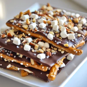 - 2 cups pretzels, coarsely broken - 1 cup dark chocolate chips - 1 cup white chocolate chips - 1/2 cup crushed nuts (choose from almonds, pecans, or walnuts) - 1/4 cup mini marshmallows (optional, for a fun touch) - Sea salt, for a finishing sprinkle - 1/4 cup caramel sauce (optional, for a decadent drizzle) Gathering the right ingredients is key to making chocolate covered pretzel bark. I love using coarsely broken pretzels. They add a great crunch and salty flavor. Dark chocolate chips bring rich taste, while white chocolate adds sweetness. You can choose any crushed nuts you enjoy. They give a nice texture. Mini marshmallows can make it fun, but they’re not a must. Don’t forget the sea salt. It amplifies the flavors in the bark. If you want to go all out, caramel sauce is a lovely touch. It adds a sweet drizzle that makes each bite special. With these ingredients, you have everything you need to create a delightful treat. Enjoy the process! {{ingredient_image_2}} To start, gather all your ingredients. You need broken pretzels, dark chocolate chips, white chocolate chips, crushed nuts, mini marshmallows, sea salt, and caramel sauce. Line a baking sheet with parchment paper. This will help keep the bark from sticking. Set it aside while you melt the chocolate. Grab a microwave-safe bowl. Add one cup of dark chocolate chips. Heat in the microwave in 30-second bursts. Stir the chocolate after each burst. Keep heating until the chocolate is smooth. This will take about one to two minutes. Next, gently fold one cup of broken pretzels into the melted dark chocolate. Make sure every pretzel piece gets coated in chocolate. Pour this mixture onto your lined baking sheet. Use a spatula to spread it evenly. Aim for a thickness of about one-fourth inch. Now, melt your white chocolate chips. Use the same microwave method: 30 seconds at a time, stirring in between. Once melted, drizzle the white chocolate over the dark chocolate layer. You can use a spoon or a piping bag to create fun designs. While both layers are still warm, sprinkle crushed nuts and mini marshmallows on top. This will help them stick. For added richness, drizzle caramel sauce over the bark. Finish with a light sprinkle of sea salt to boost the flavors. Place the baking sheet in the refrigerator. Chill for about one hour. This will let the chocolate set and harden. Once cooled, break the bark into pieces with your hands. Store your delicious treat in an airtight container for freshness. To melt chocolate well, use a microwave-safe bowl. Place your dark chocolate chips in it. Heat them in short bursts of 30 seconds. Stir the chocolate after each burst. This helps it melt evenly. Stop when it’s smooth and shiny. Overheating can make chocolate clumpy. If this happens, it can ruin your bark. For the best bark texture, mix the broken pretzels gently into the melted chocolate. Make sure each pretzel is coated well. This ensures that every bite has a great crunch. When you spread the mixture on the baking sheet, keep it about 1/4 inch thick. This thickness gives you the perfect bite. - Serving Suggestions: Serve your bark on a nice platter. You can also break it into pieces and use clear treat bags. This makes it easy to share. A sprinkle of extra crushed nuts on top adds visual appeal. - Gifting Ideas: Wrap your bark in decorative paper or place it in a gift box. Add a ribbon for a special touch. This treat makes a fun gift for friends and family. Pro Tips Chill Your Ingredients: Make sure your chocolate and pretzels are at room temperature before starting. This helps the chocolate adhere better to the pretzels and avoids graininess in the melted chocolate. Use Quality Chocolate: Opt for high-quality chocolate chips for a richer flavor. The better the chocolate, the more delicious your bark will be! Experiment with Toppings: Feel free to get creative with your toppings! Try adding dried fruits, coconut flakes, or even a sprinkle of crushed candy canes for a festive touch. Storage Tips: Store your pretzel bark in an airtight container at room temperature for up to a week. For longer storage, keep it in the refrigerator, but let it come to room temperature before serving for the best texture. {{image_4}} I love to mix flavors in my Chocolate Covered Pretzel Bark. You can try adding fun toppings like: - Mini chocolate candies - Crushed toffee bits - Sprinkles for color - Dried fruit, like cranberries or cherries - Coconut flakes for a tropical twist For those who need gluten-free options, simply choose gluten-free pretzels. They work just as well as regular ones. This way, everyone can enjoy this tasty treat! You can make special versions for holidays. For Halloween, use orange and black sprinkles. For Christmas, try red and green candies. You can also shape the bark into festive holiday shapes, like stars or trees. When gifting, think about themed packaging. Use clear bags with colorful ribbons. You can also make DIY labels to add a personal touch. It makes the treat feel even more special! To keep your chocolate covered pretzel bark fresh, store it in an airtight container. This helps keep moisture out and keeps the bark crunchy. Place parchment paper between layers if you stack them. This prevents sticking and makes it easy to grab a piece. When stored properly, your bark lasts up to two weeks. After that, it may lose its crunch or flavor. Check for any signs of spoilage, like a dull appearance or off smell. If you notice these, it’s best to toss it. You can freeze your chocolate bark for longer storage. Wrap it tightly in plastic wrap and then place it in a freezer bag. This helps protect against freezer burn. Your bark can last up to three months in the freezer. - How to Thaw for Best Results: To thaw, move the bark to the fridge overnight. This keeps it from sweating and losing texture. Once it’s thawed, enjoy your treat as if it were fresh! Yes, you can use any chocolate you like. Milk chocolate gives a sweet taste. White chocolate adds creaminess. You can also try flavored chocolates for a twist. Just melt them the same way as dark chocolate. To make this bark nut-free, simply skip the nuts. Use all pretzels for crunch. You can add more mini marshmallows or sprinkles for extra fun. The bark will still taste great without nuts. After chilling, remove the bark from the fridge. Use your hands to break it into pieces. For a more uniform look, you can use a sharp knife. Just be careful not to crush the pretzels. You can make this bark a few days in advance. Just store it in an airtight container. Keep it in a cool place to keep it fresh. You can also freeze it for longer storage. Just thaw it in the fridge when you are ready to enjoy. You now know how to make delicious Chocolate Covered Pretzel Bark. We covered the key ingredients, detailed steps, and helpful tips for best results. Explore variations to add your own twist and discover ways to store it. Remember, making this treat can be fun and easy. Enjoy sharing it with friends or family. Happy snacking!