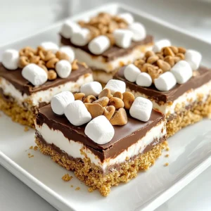- 2 cups graham cracker crumbs - 1 cup mini marshmallows - 1 cup semi-sweet chocolate chips - 1/2 cup coconut oil - 1/4 cup honey or maple syrup - 1/2 cup unsweetened cocoa powder - 1/2 teaspoon vanilla extract - Pinch of salt - 1 cup chopped nuts (optional) To make S’mores No-Bake Bars, gather these ingredients first. You need graham cracker crumbs for the base. They give this treat its classic flavor. Next, mini marshmallows add that gooey touch. Semi-sweet chocolate chips bring sweetness. Coconut oil keeps the bars smooth and rich. Honey or maple syrup adds natural sweetness. Cocoa powder deepens the chocolate flavor. Vanilla extract enhances all the tastes. A pinch of salt balances the sweetness. Chopped nuts are optional but add a nice crunch. These ingredients blend to create a delicious, easy treat. Each has a role that makes these bars shine. Enjoy cooking and have fun mixing these tasty parts together! {{ingredient_image_2}} - In a large bowl, mix together: - 2 cups graham cracker crumbs - 1/2 cup unsweetened cocoa powder - Pinch of salt - Use a whisk to blend until smooth. This makes a nice base. - In a small saucepan, over low heat, combine: - 1 cup semi-sweet chocolate chips - 1/2 cup melted coconut oil - Stir constantly until smooth. Check that it melts evenly. - Pour the melted chocolate mix into the graham mixture. - Add: - 1/4 cup honey or maple syrup - 1/2 teaspoon vanilla extract - Use a spatula to stir well. Mix until thick and smooth. - Gently fold in: - 1 cup mini marshmallows - 1 cup chopped nuts (if you like) - Make sure to mix evenly without breaking marshmallows. - Line an 8x8 inch baking pan with parchment paper. - Spread the mixture into the pan. - Use a spatula to press down firmly. Make it compact and level. - Cover the pan with plastic wrap or foil. - Place it in the fridge for 2-3 hours. Wait until set and firm. - Lift the bars out using the parchment paper. - Place on a cutting board and slice into squares. - For a fun touch, arrange them on a rustic platter. Add more mini marshmallows and chocolate chips on top. Drizzle with melted chocolate for extra flair! To keep your S’mores No-Bake Bars fresh, store them in an airtight container. This helps keep them moist and tasty. Place a piece of parchment paper between layers to avoid sticking. You can store these bars in the fridge for about a week. To avoid a sticky texture, make sure to mix the chocolate well with the dry ingredients. The melted chocolate must be smooth before adding it to the graham cracker mix. For an even texture, fold in the mini marshmallows gently. This keeps them whole and fluffy, which adds a nice bite. For a beautiful display, serve the bars on a wooden platter. You can sprinkle extra mini marshmallows and chocolate chips on top. Drizzling melted chocolate over the bars adds charm and a touch of sweetness. Consider pairing these bars with a scoop of vanilla ice cream for a fun treat! Pro Tips Use Fresh Ingredients: Ensure your mini marshmallows and chocolate chips are fresh for the best flavor and texture in your bars. Experiment with Flavors: Feel free to add in different flavors like peanut butter or almond extract for a unique twist on the classic s'mores taste. Chill Thoroughly: Allow the bars to chill for the full time recommended to ensure they are set properly and have the right texture when cut. Storage Tips: Keep any leftover bars in an airtight container in the fridge to maintain their freshness and prevent them from becoming too soft. {{image_4}} You can make these S’mores No-Bake Bars even better. Try adding peanut butter. It gives a nice nutty taste. Use about half a cup of creamy peanut butter. Just mix it in with the melted chocolate. You can also switch up the chocolate. Instead of semi-sweet chocolate chips, use dark chocolate. White chocolate works too! Each type adds a new flavor twist. Mix and match to find your favorite! If someone has nut allergies, you can still enjoy these bars. Simply leave out the chopped nuts. You can replace them with sunflower seeds or pumpkin seeds. These options add crunch without nuts. Always read labels to ensure safety. To make these bars vegan, swap honey for maple syrup. Use dairy-free chocolate chips. Also, check your graham cracker crumbs. Some brands are not vegan. For gluten-free options, choose gluten-free graham crackers. Many brands offer this choice. Make sure all ingredients are labeled gluten-free. This way, everyone can enjoy these tasty bars! Each S’mores No-Bake Bar has about 130 calories. This is a great treat to enjoy. With 16 bars in a batch, you can share them or keep some for yourself. - Fats: Each bar has about 7 grams of fat. Most of this comes from coconut oil and chocolate. - Carbohydrates: You get around 17 grams of carbs per bar. This includes sugars from honey and marshmallows. - Proteins: There is about 1 gram of protein in each bar. While not high, the nuts can add a bit more. These bars use healthy ingredients that offer benefits: - Coconut Oil: This oil can help improve heart health and boost energy. - Honey or Maple Syrup: Both are better than white sugar. They can provide antioxidants. - Nuts: If added, they add healthy fats and protein. They can help you feel full longer. - Cocoa Powder: It is rich in antioxidants and can improve heart health too. Enjoying these bars gives you a sweet treat with some good nutrients! Yes, you can use agave or sugar. Both options work well. Agave is sweeter than honey. Sugar granules will dissolve in the mixture. If you use sugar, try to mix it well so it blends in. These bars can last about one week in the fridge. Store them in an airtight container. They stay fresh and tasty this way. If you notice them getting dry, try adding a slice of bread in the container. It helps keep the bars moist. Yes, you can freeze these bars. Wrap them well in plastic wrap. Then, place them in a freezer-safe bag. They can last up to three months in the freezer. To enjoy, just thaw them in the fridge overnight. If you lack coconut oil, use butter or olive oil. Both will work to bind the ingredients. Butter gives a rich flavor, while olive oil adds a lighter taste. Each option has its own unique touch. To amp up the chocolate flavor, add more chocolate chips. You can also sprinkle cocoa powder on top. For an extra treat, drizzle melted chocolate over the bars before chilling. This makes the bars even more delicious. This blog covered how to make no-bake bars using simple ingredients. We shared detailed steps, from mixing dry items to chilling the final product. You learned tips for perfect texture and storage, plus variations for taste and dietary needs. In the end, making your own bars is easy and fun. Enjoy experimenting and sharing your delicious creations!