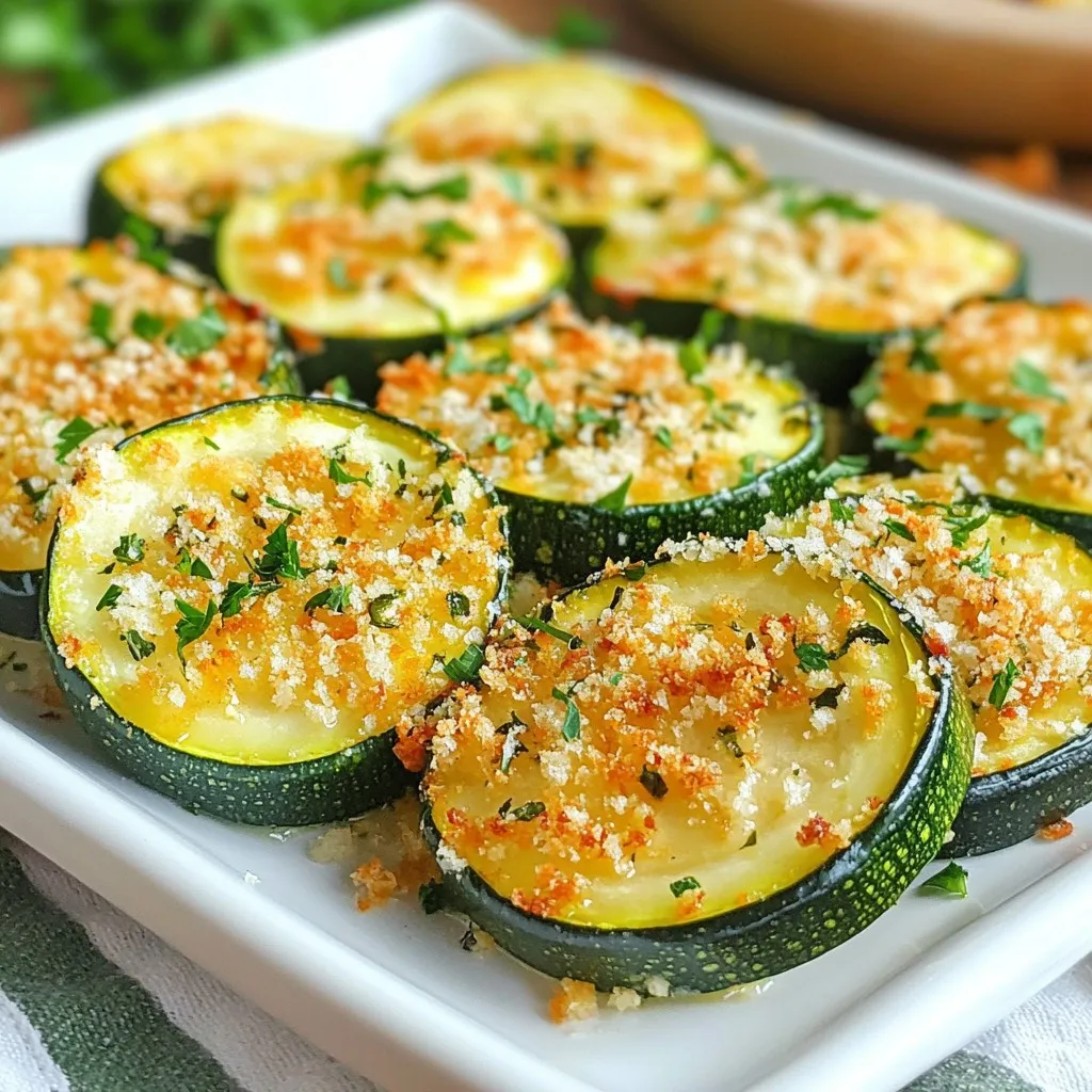 Here’s what you need to make Parmesan herb baked zucchini. Gather these simple items: - 4 medium zucchinis, sliced into 1/4-inch rounds - 1 cup finely grated Parmesan cheese - 1/2 cup whole grain breadcrumbs - 2 tablespoons extra-virgin olive oil - 2 teaspoons garlic powder - 1 teaspoon dried oregano - 1 teaspoon dried basil - 1/2 teaspoon red pepper flakes (optional for a kick) - Salt and freshly ground black pepper to taste - Fresh parsley, finely chopped (for garnish) These ingredients work together to create a tasty dish. The zucchini is light and fresh. The Parmesan adds rich flavor, while the herbs give it a nice aroma. Whole grain breadcrumbs add a lovely crunch. You can adjust the red pepper flakes for heat or leave them out. Fresh parsley adds a touch of color and taste at the end. This dish shines with these simple yet vibrant ingredients. {{ingredient_image_2}} First, preheat your oven to 425°F (220°C). This high heat helps the topping get crispy. In a bowl, mix together the Parmesan cheese, breadcrumbs, garlic powder, oregano, basil, and red pepper flakes. Add a pinch of salt and pepper. Stir until everything blends well. Take your sliced zucchini and place it in a large bowl. Drizzle the olive oil over the slices. Toss them gently until they are all coated in oil. Line a baking sheet with parchment paper. Lay the zucchini slices in a single layer, making sure they do not overlap. Sprinkle the Parmesan mixture over the zucchini slices. Press down slightly to help it stick well. Place the baking sheet in the hot oven. Bake for 15 to 20 minutes. Watch closely until the zucchini is tender and the topping is golden brown. Once baked, take the sheet out of the oven. Let the zucchini cool for a few minutes. Just before you serve, sprinkle fresh parsley on top for a burst of color. To get the best out of your zucchini, choose firm ones. Look for medium-sized zucchinis. They taste better and hold their shape. Cut them into 1/4-inch rounds for even cooking. This size helps them bake well. Always preheat your oven to 425°F. This heat helps create that nice, crispy topping you want. A crispy topping makes this dish shine. Mix the Parmesan cheese and breadcrumbs well. Use fresh, finely grated Parmesan for the best flavor. When you sprinkle it on, press down lightly. This action helps it stick. Keep an eye on the zucchini in the oven. Bake them until the topping turns golden brown. This usually takes about 15 to 20 minutes. For a great presentation, serve your baked zucchini on a wooden platter. You can also use individual plates for a fancy touch. Drizzle a bit of extra virgin olive oil over the top. A sprinkle of fresh parsley adds color and flavor. If you like, add more Parmesan for an extra treat. Enjoy your dish with a light salad or some grilled chicken. Pro Tips Choose Firm Zucchini: Select zucchinis that are firm and free of blemishes for the best texture and flavor. Adjust Seasoning: Feel free to tweak the herbs and spices according to your taste; add more garlic or herbs for a bolder flavor. Perfectly Crispy: For an extra crispy topping, broil the zucchini for the last 2-3 minutes of baking, but watch closely to prevent burning. Serving Suggestions: Pair with a dipping sauce like marinara or ranch for a delightful appetizer or side dish. {{image_4}} You can switch up the cheese in this dish. Try using pecorino Romano for a sharper flavor. Feta can also add a nice tang. If you prefer a milder taste, mozzarella works well too. Each cheese gives a unique touch to your Parmesan herb baked zucchini. Feel free to mix in other veggies. Eggplant slices or bell peppers can add color and taste. You can also use carrots or squash. Just make sure to cut them to a similar size as the zucchini. This helps them cook evenly. You can change the seasonings to match your taste. Try thyme or rosemary for a fresh twist. If you want more heat, add more red pepper flakes. A sprinkle of lemon zest can brighten the dish too. Adjusting the seasonings lets you create your own flavor profile. To store any leftover Parmesan herb baked zucchini, let it cool to room temperature. Place the zucchini in an airtight container. Make sure to layer a piece of parchment paper between the layers to keep them from sticking. Store it in your fridge for up to three days. This way, you can enjoy the dish later without losing its flavor. When you're ready to eat the leftovers, preheat your oven to 350°F (175°C). Place the zucchini on a baking sheet. Reheat them for about 10-15 minutes, or until they are warm. This method helps keep the topping crispy. You can also use a microwave, but the texture may not be as nice. If you use the microwave, heat in 30-second bursts to avoid overcooking. If you want to freeze the baked zucchini, first let it cool completely. Then, arrange the slices in a single layer on a baking sheet. Freeze them for about 1-2 hours until they are firm. After that, transfer the slices to a freezer-safe bag or container. Label it with the date. You can freeze them for up to three months. When you want to enjoy them, just reheat from frozen in the oven, and you'll have a tasty dish ready to go! Yes, you can! Try eggplant, squash, or bell peppers. They all work well. Slice them into similar sizes for even cooking. Each vegetable adds its own unique flavor and texture to the dish. You can use a mix for variety and color. To make this dish gluten-free, swap the whole grain breadcrumbs for gluten-free ones. Many brands offer great options. You can also use crushed nuts or ground oats as a substitute. These will still give you a crunchy topping. This baked zucchini pairs well with many side dishes. Consider serving it with grilled chicken or fish. A fresh salad or quinoa adds a nice touch too. Pair it with rice or pasta for a heartier meal. To boost the flavor of the topping, add fresh herbs like thyme or rosemary. You can mix in some lemon zest for a bright taste. Try adding different cheeses, like mozzarella or feta, for a twist. Adjust the spices to your liking for a personal touch. This blog post shares a tasty recipe for Parmesan Herb Baked Zucchini. You learned about key ingredients, step-by-step instructions, and helpful tips to ensure a crisp topping. We also discussed variations, storage methods, and answered common questions. Remember, this dish is easy to make and adapt. It’s a great way to enjoy healthy veggies. Experiment with flavors to make it yours. Enjoy your cooking adventure with zucchini!