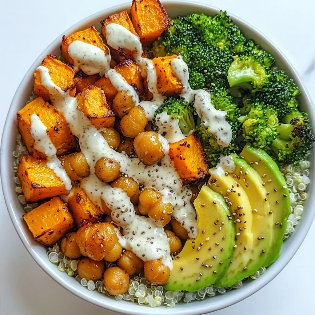 - 1 cup quinoa, thoroughly rinsed - 2 cups vegetable broth - 1 medium sweet potato, peeled and cut into 1-inch cubes - 1 cup broccoli florets, cut to bite-size - 1 cup canned chickpeas, drained and rinsed - 1 ripe avocado, sliced - 1 tablespoon extra-virgin olive oil - 1 teaspoon smoked paprika - Sea salt and freshly ground black pepper to taste - ½ cup plain yogurt (choose dairy or plant-based) - 2 tablespoons tahini - 1 tablespoon freshly squeezed lemon juice - 1 clove garlic, finely minced - Water (as needed for consistency) - Sea salt to taste The glow bowl is colorful and packed with nutrients. You need quinoa as the base. It provides good protein and fiber. Vegetable broth adds flavor and moisture. Sweet potatoes give a sweet taste and nice texture. Broccoli adds crunch and vitamins. Chickpeas are a great source of protein. Sliced avocado adds creaminess and healthy fats. You should also have olive oil, smoked paprika, sea salt, and pepper for seasoning. The tahini yogurt sauce brings it all together. It is creamy and tangy. For the sauce, you need plain yogurt, tahini, lemon juice, garlic, water, and salt. Using these fresh ingredients makes your glow bowl a feast for the eyes and the body. Each bite offers a blend of textures and tastes. This dish is not just healthy; it's a delight to eat and share. {{ingredient_image_2}} First, bring the vegetable broth to a boil in a medium saucepan. Rinse 1 cup of quinoa under cold water to remove any bitterness. Add the rinsed quinoa to the boiling broth. After that, reduce the heat to low and cover the pot. Let it simmer for about 15 minutes. When all the liquid is absorbed, take it off the heat. Allow it to rest for 5 minutes, still covered. Fluff the quinoa with a fork before serving. Next, preheat your oven to 400°F (200°C). Peel and cut the sweet potato into 1-inch cubes. In a mixing bowl, toss the sweet potato with 1 tablespoon of olive oil, smoked paprika, sea salt, and black pepper. Make sure each piece is coated well. Spread the cubes on a baking sheet in a single layer. Roast them for 25-30 minutes. Stir halfway through to ensure even cooking. They should turn tender and caramelized. While the sweet potato roasts, fill a small pot with water and bring it to a rolling boil. Add a pinch of salt to the water. Throw in 1 cup of broccoli florets and blanch for about 3 minutes. The broccoli should become bright green and just tender. Quickly drain the broccoli and plunge it into a bowl of ice water. This stops the cooking and keeps the color bright. Now, heat a splash of olive oil in a small skillet over medium heat. Drain and rinse 1 cup of canned chickpeas. Add them to the skillet and sauté for about 5 minutes. You want them heated through and a bit crispy on the outside. Season with sea salt to taste and stir to coat evenly. For the sauce, grab a mixing bowl. Combine ½ cup of plain yogurt, 2 tablespoons of tahini, 1 tablespoon of lemon juice, and 1 finely minced garlic clove. Add a pinch of salt for flavor. Gradually mix in water, one tablespoon at a time, until you reach your desired creamy consistency. Adjust the seasoning if needed. Now, it’s time to put everything together. In a large serving bowl or individual bowls, start with a generous layer of quinoa. Neatly arrange the roasted sweet potatoes, blanched broccoli, and sautéed chickpeas on top. Finish with slices of creamy avocado. Drizzle with the tahini yogurt sauce. For a beautiful touch, consider adding toasted sesame seeds or fresh herbs as a garnish. Enjoy your colorful Glow Bowl! To make fluffy quinoa, start by rinsing it well. This removes bitter saponins. When cooking, use vegetable broth instead of water for a nice flavor boost. After cooking, let it rest covered for five minutes. Then, fluff it gently with a fork. This keeps the grains separate and light. - Fluffing techniques: Use a fork, not a spoon, to avoid mushiness. - Flavor enhancement tips: Add a pinch of salt and a splash of lemon juice before serving. Sweet potatoes are great, but you can roast other veggies too. Carrots, zucchini, or bell peppers work well. Just cut them to similar sizes for even cooking. For a twist, try adding cumin or chili powder to your seasoning mix. - Other vegetables to roast: Try carrots, zucchini, or bell peppers. - Seasoning alternatives: Use cumin, chili powder, or garlic powder for different flavors. The tahini sauce can change based on your taste. If you like it thicker, add less water. If you want it creamier, mix in more yogurt. For a zesty kick, add more lemon juice. If you prefer dairy-free, use plant-based yogurt instead. - Adjusting flavors and consistencies: Add more tahini for richness or lemon for brightness. - Dairy-free options: Use plant-based yogurt like almond or coconut yogurt for a vegan sauce. Pro Tips Perfectly Cooked Quinoa: To achieve fluffy quinoa, make sure to rinse it thoroughly before cooking to remove the bitter saponins. Allow it to rest after cooking for a few minutes to enhance its texture. Flavorful Roasting: For even more flavor, try adding spices like cumin or garlic powder to the sweet potatoes before roasting. This adds depth and complements the tahini sauce beautifully. Chickpea Crispiness: To get those crispy chickpeas, ensure they are fully dried after rinsing. You can even roast them in the oven for a few minutes for an extra crunch before adding to the bowl. Customizable Sauce: Feel free to adjust the tahini yogurt sauce by adding herbs like dill or parsley, or a dash of hot sauce for some heat. This allows you to tailor the dressing to your taste. {{image_4}} You can easily change up your Glow Bowl to suit your tastes. Here are some ideas: - Switching up base grains: Try brown rice, farro, or barley instead of quinoa. Each grain brings a unique flavor and texture. - Additional protein options: You can add grilled chicken, tofu, or shrimp for extra protein. Each option makes the bowl heartier. Using fresh, seasonal ingredients can boost flavor and nutrition. Consider these ideas: - Using seasonal vegetables: In summer, use zucchini and bell peppers. In fall, try roasted carrots or Brussels sprouts. Seasonal veggies add variety and freshness. - Incorporating different sauces: Swap out the tahini yogurt sauce with pesto or a spicy sriracha sauce. New sauces can change the whole vibe of your bowl. If you want a lighter meal, here are some easy swaps: - Reducing calories or fat: Use less olive oil or replace yogurt with a low-fat version. These small changes can make the dish lighter. - Gluten-free adjustments: Ensure your grains are gluten-free. Quinoa is naturally gluten-free, making it a great choice for everyone. Feel free to mix and match these ideas to create your perfect Glow Bowl! To keep your Glow Bowl fresh, store leftovers right away. Use an airtight container for best results. Glass or BPA-free plastic containers work well. Be sure to let the bowl cool before sealing it. When reheating, do it gently. Use a microwave or stovetop. For the microwave, heat in short bursts. Stir between each burst to avoid hot spots. If using the stovetop, add a splash of water to keep it moist. You can freeze some ingredients. Cooked quinoa and chickpeas freeze well. Place them in freezer bags, remove air, and seal tightly. For sweet potatoes and broccoli, they may lose texture when thawed. For best results, eat within three months of freezing. To thaw, move them to the fridge overnight. Then, reheat as mentioned above. This way, you keep the flavors and textures you love. If you don’t have tahini, you can use sunflower seed butter or almond butter. These will change the flavor slightly, but they still taste great in the sauce. You can also blend sesame seeds with a bit of oil to make a homemade tahini. Yes, this recipe can easily be made vegan! Use plant-based yogurt instead of dairy yogurt. Also, ensure the vegetable broth is vegan-friendly. This keeps the dish light and healthy while still being tasty. Leftovers will stay fresh for about 3 to 5 days in the fridge. Store them in an airtight container for the best results. If you notice any changes in smell or color, it’s best to toss them out. You can make the tahini yogurt sauce ahead of time. Store it in the fridge in a sealed container for up to 3 days. To keep the flavor fresh, give it a good stir before serving. You can serve the glow bowl with a side of warm pita bread or a fresh salad. Adding a sprinkle of nuts or seeds on top gives it a nice crunch. A drizzle of extra tahini sauce can also enhance the flavor. In this blog post, I shared how to create a delicious Glow Bowl. We covered the key ingredients, from quinoa to chickpeas, and made a tasty tahini yogurt sauce. I provided simple steps for cooking and assembling your bowl. You also learned tips for customizations and storage. By following these steps, you can enjoy a nutritious and flexible meal. Get creative with variations and enjoy the process. This dish offers great flavors and health benefits, making it fun to prepare and share.