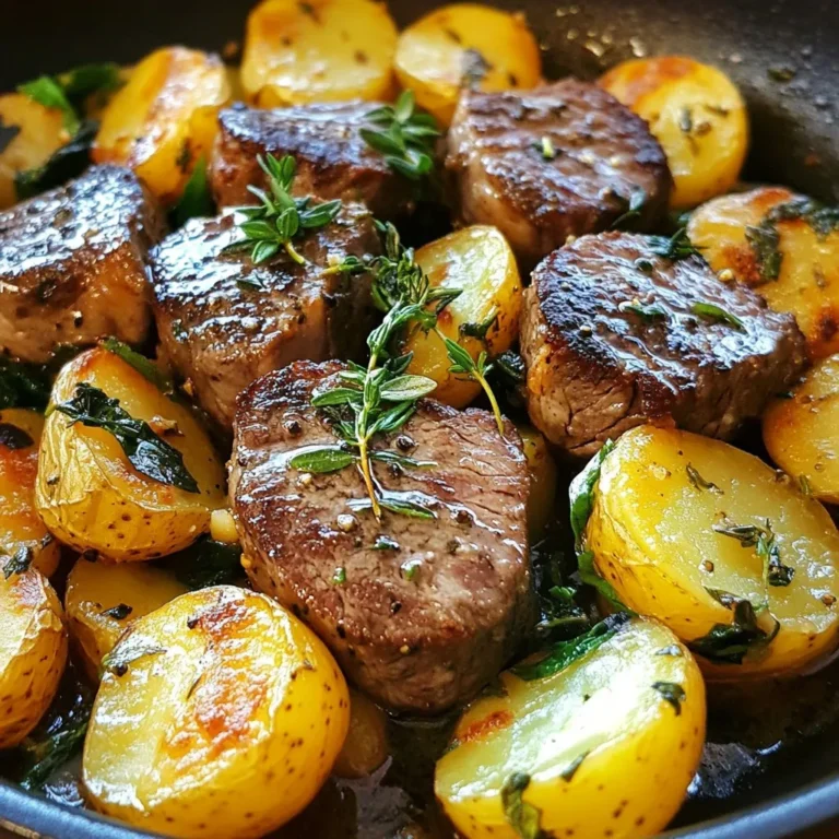- 1 lb sirloin steak, cut into bite-sized cubes - 1 lb baby potatoes, halved - 4 tablespoons unsalted butter - 4 cloves garlic, finely minced - 1 teaspoon fresh thyme leaves, plus extra for garnish - 1 teaspoon fresh rosemary, finely chopped - Salt and pepper - 2 cups baby spinach (optional for a burst of freshness) - 1 tablespoon olive oil - Large skillet - Medium pot - Cooking utensils Gathering the right ingredients is key to a great meal. First, you need the sirloin steak. This cut is tender and full of flavor. Next, baby potatoes add texture and heartiness. The unsalted butter gives that rich taste. Garlic brings a punch of aroma and taste. Fresh thyme and rosemary add herbs that brighten the dish. For seasoning, salt and pepper are essential. They enhance the flavors without overpowering them. If you want a fresh twist, baby spinach is a nice touch. Finally, olive oil helps with searing the steak to perfection. Make sure you have a large skillet and a medium pot ready. You'll also need a few cooking utensils. A spatula and a fork will help you stir and serve. Having everything in place makes cooking easier and more enjoyable. {{ingredient_image_2}} - Boil 1 lb of baby potatoes in salted water. - Cook them for 10-12 minutes until tender. - Drain and set them aside for later. - Cut 1 lb of sirloin steak into bite-sized cubes. - Season the steak with salt and pepper. - In a large skillet, heat olive oil over medium-high heat. - Add the steak and sear for 3-4 minutes. - Flip it and cook for 2-3 more minutes. - Remove the steak from the skillet and set aside. - Lower the heat to medium after removing the steak. - Add the drained potatoes to the same skillet. - Sauté them for 5-7 minutes until golden brown. - Make sure they get crispy around the edges. - Push the potatoes to one side of the skillet. - Add 4 tablespoons of unsalted butter in the empty space. - Let the butter melt completely. - Add 4 minced garlic cloves, fresh thyme, and rosemary. - Cook for 1 minute, stirring until fragrant. - Toss the crispy potatoes in the garlic butter. - Return the seared steak to the skillet. - Gently mix everything together for even flavor. - If you want, add 2 cups of baby spinach now. - Stir gently for 1-2 minutes until the spinach wilts. - Taste and adjust the seasoning with salt and pepper. To cook steak just right, know the doneness levels. Here are the common ones: - Rare: 125°F - Medium Rare: 135°F - Medium: 145°F - Medium Well: 150°F - Well Done: 160°F Using a meat thermometer helps you hit the perfect temp. Insert it into the thickest part of the steak. This way, you avoid guesswork and ensure a juicy result. For crispy potatoes, start by pre-soaking them. Soak halved potatoes in cold water for 30 minutes. This removes excess starch. After soaking, drain and dry them well. Use high heat when cooking. This helps the outsides crisp up fast while keeping the insides soft. Sauté the potatoes until they are golden brown and crunchy around the edges. You can boost flavor with more herbs and spices. Try adding oregano or paprika for a twist. For butter infusions, consider using garlic-infused olive oil or herb butter. These options add depth to your dish, making every bite delightful. Pro Tips Use a Meat Thermometer: To achieve your desired level of doneness, use a meat thermometer. For medium-rare, aim for 130°F (54°C). This ensures your steak is perfectly cooked every time. Let the Steak Rest: After cooking, allow the steak to rest for at least 5 minutes. This helps the juices redistribute, making the meat more tender and flavorful. Choose the Right Potatoes: Baby Yukon Gold or Red Potatoes work best for this recipe due to their creamy texture. They hold up well during cooking and absorb flavors beautifully. Fresh Herbs Make a Difference: Always use fresh herbs when possible. They enhance the flavors and aroma of the dish significantly compared to dried herbs. {{image_4}} If you want to switch things up, try using chicken breast or thighs. Chicken cooks quickly and soaks up flavor well. It gives a lighter taste but still brings joy to your table. Pork tenderloin is another great choice. It cooks fast and has a nice, mild flavor. Just be careful not to overcook it. You can easily make this dish vegetarian. Substitute steak with mushrooms for a hearty bite. Portobello or cremini mushrooms work great. They add umami and texture. You can also use other vegetables like bell peppers, zucchini, or eggplant. Just sauté them until they are tender for a colorful meal. Want to change how you cook it? Try an oven-baked version. Toss everything in a baking dish and roast until cooked through. This method gives a nice crisp to the potatoes. An Instant Pot adaptation is another option. Brown the steak and potatoes, then cook under pressure for a quick meal. Both methods keep the flavors rich. After enjoying your Garlic Butter Steak & Potatoes Skillet, cool it down. Place leftovers in airtight containers. This keeps your meal fresh and tasty. I recommend glass or BPA-free plastic containers. They seal well and are easy to clean. When you want to enjoy your leftovers, use a skillet. Heat it on medium for even warming. Add a splash of water or broth to keep it moist. If you choose a microwave, cover the dish to avoid drying out. Stir halfway through heating. This keeps the steak and potatoes from getting soggy. You can freeze portions for later use. Divide your meal into servings. Use freezer-safe bags or containers. Remove as much air as possible to prevent freezer burn. When ready to eat, thaw in the fridge overnight. Reheat in a skillet or microwave for the best taste. Enjoy your meal just like fresh! Yes, you can use other types of steak. Here are some great options: - Ribeye: Rich in flavor and fat. - Filet mignon: Tender and mild. - Flank steak: Leaner, great for marinating. - Skirt steak: Flavorful and cooks fast. These cuts will work well, but adjust cooking time as needed. You can serve many sides with this dish. Here are some tasty ideas: - Garlic bread: Perfect for soaking up the butter. - Steamed veggies: Broccoli or green beans add color. - Salad: A fresh green salad balances the meal. - Rice: Fluffy rice soaks up the juices well. These sides will make your meal even more enjoyable. To make this dish healthier, consider these tips: - Use less butter: Cut down to 2 tablespoons. - Choose leaner steak: Opt for sirloin or flank steak. - Add more veggies: Include bell peppers or zucchini. - Serve with salad: A side salad adds nutrients. These small changes can help lower fat and calories. Yes, you can easily add spice to this dish. Here are some ideas: - Add red pepper flakes: Sprinkle them in the garlic butter. - Use spicy seasoning: Try a steak rub with heat. - Incorporate jalapeños: Sauté them with the potatoes. These additions can bring a nice kick to your meal. This recipe for Garlic Butter Steak and Potatoes is simple yet delicious. You learned to prepare juicy sirloin steak and crispy baby potatoes, infused with fresh herbs. Remember to adjust seasonings to fit your taste. Don’t hesitate to experiment with different proteins or cooking methods. With these tips, you can easily make this dish unique. Enjoy sharing this meal with others, and make it a go-to in your kitchen. Your friends and family will love this tasty dish!
