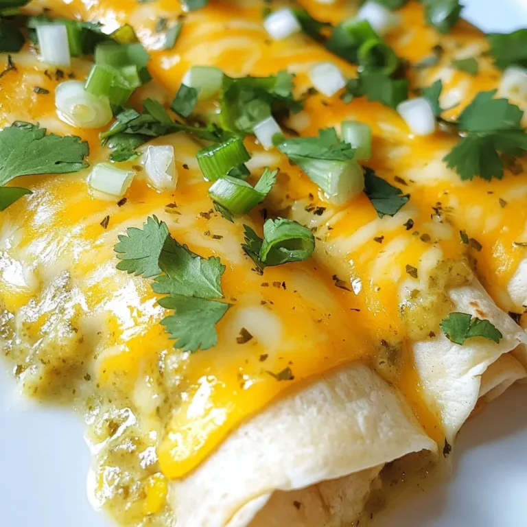 For creamy white chicken enchiladas, gather these key items: - 2 cups cooked chicken, shredded - 1 cup cream cheese, softened - 1 cup sour cream - 1 cup shredded Monterey Jack cheese, divided - 1 cup green enchilada sauce - 8 small flour tortillas - 1 tablespoon olive oil - 1 teaspoon garlic powder - 1 teaspoon onion powder - Salt and pepper to taste You can add more flavor with these options: - 1-2 jalapeños, finely diced (adjust for spice) - Fresh cilantro, chopped, for garnish - Sliced green onions, for garnish Use high-quality chicken for the best taste. Fresh chicken makes a big difference. Choose cream cheese and sour cream that are full-fat for richer flavor. Look for Monterey Jack cheese that melts well. Always check your spices for freshness. Fresh herbs add a burst of taste and color. {{ingredient_image_2}} Start by preheating your oven to 350°F (175°C). This temperature helps melt the cheese and cook the enchiladas perfectly. In a large bowl, mix the shredded chicken, cream cheese, sour cream, and half of the cheese. Add the diced jalapeños, garlic powder, onion powder, and a pinch of salt and pepper. Stir well until the mixture is creamy and smooth. Warm the tortillas to make rolling easier. You can heat them in a dry skillet for 20-30 seconds on each side. Alternatively, microwave them for about 30 seconds until soft. Take a warm tortilla and place some chicken filling in the center. Roll it tightly from one end to the other and place it seam-side down in a greased 9x13 inch baking dish. Repeat for all tortillas. Pour the green enchilada sauce over the rolled tortillas, making sure they are well coated. Then, sprinkle the remaining shredded Monterey Jack cheese on top for a delicious cheesy layer. Bake the dish in the preheated oven for 25-30 minutes. The cheese should be bubbly and golden brown. After baking, let it cool for 5 minutes before serving. Garnish with fresh cilantro and sliced green onions for extra flavor. To make the chicken filling creamy, mix it well. I use softened cream cheese and sour cream. This makes it smooth and rich. Add spices like garlic and onion powder for flavor. You can also adjust the heat with jalapeños. For a milder taste, use fewer jalapeños. If you want a kick, add more. Don't forget to season with salt and pepper. A well-seasoned filling is key to great enchiladas. Warming tortillas makes them soft and easy to roll. You can use a skillet or microwave. For the skillet, heat it on medium. Place the tortilla for 20-30 seconds on each side. This method gives them a nice texture. If you prefer the microwave, stack tortillas and wrap them in a damp paper towel. Heat for about 30 seconds. Either method works well, but warming is a must. Many people overfill their tortillas. This can make rolling hard. Use a generous, but not excessive, amount of filling. Seam-side down helps keep them closed. Another mistake is not preheating the oven. A hot oven is crucial for melting cheese perfectly. Lastly, don’t skip the sauce on top. It keeps the enchiladas moist and tasty. Follow these tips for the best white chicken enchiladas. Pro Tips Use Rotisserie Chicken: For a quick preparation, consider using store-bought rotisserie chicken. It saves time and adds a rich flavor to your enchiladas. Customize Your Spice Level: Adjust the number of jalapeños based on your spice preference. You can also use mild green enchilada sauce if you want to tone down the heat. Experiment with Cheese: While Monterey Jack is traditional, feel free to mix in other cheeses like cheddar or pepper jack for added flavor and a different texture. Let It Rest: Allow the enchiladas to rest for a few minutes after baking. This helps the filling set, making them easier to serve and enjoy. {{image_4}} You can make a tasty vegetarian version of white enchiladas. Instead of chicken, use a mix of veggies like bell peppers, zucchini, and mushrooms. Sauté them in olive oil until soft. Mix these veggies with cream cheese, sour cream, and spices. This keeps the creamy texture while adding a fresh taste. Use the same green enchilada sauce and cheese. Roll them up just like the original recipe. If you love heat, try spicy white chicken enchiladas. Start with the original recipe but add more jalapeños or even diced green chilies. You can also swap half of the Monterey Jack cheese for pepper jack cheese. This gives a nice kick. For an extra spicy sauce, mix in some hot sauce with the green enchilada sauce before pouring it over the rolled tortillas. Enjoy the heat! For a gluten-free meal, use corn tortillas instead of flour tortillas. Corn tortillas work well and hold the filling nicely. Ensure your enchilada sauce is gluten-free too. Most store-bought sauces are, but it’s best to check. If you want to make your own sauce, blend tomatillos, garlic, and spices. This makes a bright and flavorful sauce that pairs well with the enchiladas. These variations let you enjoy white chicken enchiladas in different ways. Feel free to mix and match based on your taste! To store leftover white chicken enchiladas, let them cool first. Then, place them in an airtight container. You can keep them in the fridge for about 3 to 4 days. If you want to keep them longer, freezing is a great option. Make sure to separate layers with parchment paper to avoid sticking. When you want to enjoy your leftovers, preheat your oven to 350°F (175°C). Place the enchiladas in an oven-safe dish. Cover them with foil to keep them moist. Heat for about 20 minutes or until they are warm throughout. You can also reheat them in the microwave. Just cover them with a damp paper towel and heat for 1 to 2 minutes. Check that they are hot all the way through. To freeze enchiladas, wrap each one tightly in plastic wrap. Then, place them in a freezer-safe bag or container. They can last for up to 3 months in the freezer. When ready to eat, thaw them overnight in the fridge. Then, bake them at 350°F (175°C) until hot. This method keeps them tasty and ready for a quick meal! You can use cooked turkey, beans, or tofu as great substitutes. For turkey, shred it like you would chicken. Black beans or pinto beans can add a hearty texture. Tofu works well when you press and cube it. Each option brings its own flavor and makes the dish unique. Yes, you can prep these enchiladas ahead of time. Assemble them in the baking dish, cover tightly, and store in the fridge. Bake them within 24 hours for the best taste. If you want to prep further in advance, you can freeze them. Just add extra baking time when you cook them from frozen. Several sides work nicely with these enchiladas. Consider serving them with zesty Mexican rice or a fresh garden salad. You might also enjoy black beans or corn for added flavor. Guacamole and tortilla chips can bring a fun crunch. Each side enhances your meal with extra taste and color. This blog post covered all you need to make white chicken enchiladas. We explored key ingredients like chicken and tortillas. I shared step-by-step instructions for a perfect dish. You learned tips for making the filling and warming tortillas. We also discussed variations and how to store leftovers. Use these ideas to impress your family with tasty meals. Enjoy your cooking journey!