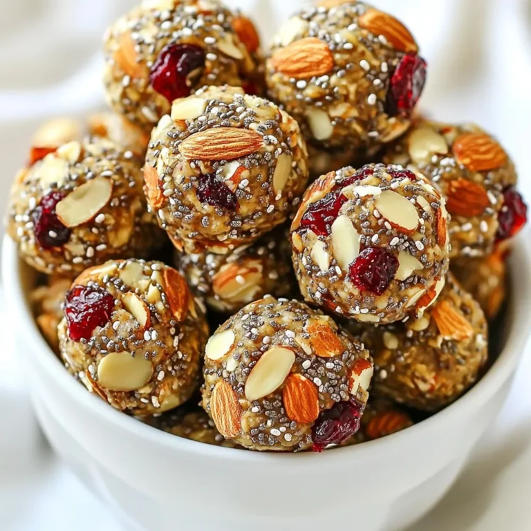 - 1 cup rolled oats - 1/2 cup creamy almond butter - 1/3 cup honey or pure maple syrup - 1/2 cup dried cranberries, roughly chopped - 1/2 cup slivered almonds - 1/4 cup chia seeds - 1 teaspoon vanilla extract - A pinch of sea salt The base of our energy bites starts with rolled oats. They add fiber and help keep you full. Next, we use creamy almond butter for healthy fats and protein. You can sweeten the bites with honey or pure maple syrup. Both options work well, so choose what you like best. Dried cranberries give a sweet and tangy flavor. They also add a nice chew to each bite. Slivered almonds bring a pleasant crunch, while chia seeds boost nutrition with omega-3s. A touch of vanilla extract enhances the flavor. Finally, a pinch of sea salt balances all the tastes. Each serving contains about 150 calories. The bites offer a balanced mix of macronutrients: around 20 grams of carbs, 5 grams of protein, and 7 grams of fat. These key ingredients provide many health benefits. Rolled oats aid digestion and help keep your heart healthy. Almond butter has protein and healthy fats, which support energy. Dried cranberries are rich in antioxidants, promoting good health. Chia seeds provide fiber and omega-3 fatty acids for brain health. These energy bites are more than tasty snacks; they are nutritious and satisfying! {{ingredient_image_2}} To start making your cranberry almond energy bites, gather your ingredients. In a large mixing bowl, mix these items: - 1 cup rolled oats - 1/2 cup creamy almond butter - 1/3 cup honey or pure maple syrup Stir them until they blend well and look smooth. Next, add more ingredients to the mix. Include: - 1/2 cup dried cranberries, roughly chopped - 1/2 cup slivered almonds - 1/4 cup chia seeds - 1 teaspoon vanilla extract - A pinch of sea salt Now, stir everything together until well combined. If the mixture feels sticky, add a bit more rolled oats. If it seems dry, mix in extra almond butter. This step helps you get the right texture. After mixing, it’s time to roll the mixture into balls. Use your hands to shape the mixture into small balls, each about 1 inch in diameter. This size is perfect for a single snack. Place these balls on a baking sheet lined with parchment paper. This will keep them from sticking. Next, chill the energy bites in the refrigerator for at least 30 minutes. Chilling is crucial because it helps the bites firm up. This way, they hold together better when you eat them. For serving, I suggest arranging the energy bites in a small decorative bowl. To make them look even better, sprinkle extra slivered almonds on top. This simple touch adds color and makes the bites more inviting. These tasty energy bites are great for a quick snack or a healthy treat after a workout. Enjoy the goodness! To keep your energy bites fresh, store them in an airtight container. Place them in the fridge. They will stay good for about a week. If you want to save them longer, freezing is a great option. To freeze, first, place the energy bites on a baking sheet. Make sure they are not touching each other. Freeze them for about an hour. Once firm, transfer them to a freezer-safe bag. This way, you can enjoy them for up to three months! Sometimes, mixtures can be too sticky or too dry. If your mixture feels sticky, add more rolled oats. Start with a tablespoon at a time. Mix well after each addition until the texture feels right. If it’s too dry, add a bit more almond butter. Again, start small. Just a teaspoon or two should do. This helps get that perfect, easy-to-roll texture. You can make these bites even more tasty! Try adding a dash of cinnamon or nutmeg for warmth. These spices add a nice touch. You can also add a few drops of almond extract for a stronger almond flavor. Another idea is to mix in dark chocolate chips or cocoa powder. This creates a rich, indulgent flavor. These simple changes can take your energy bites to the next level! Pro Tips Use Fresh Ingredients: Opt for the freshest dried cranberries and slivered almonds for enhanced flavor and texture in your energy bites. Experiment with Mix-ins: Feel free to customize your energy bites by adding other mix-ins like dark chocolate chips or pumpkin seeds for added variety and nutrition. Chill for Best Texture: Allowing the energy bites to chill longer than 30 minutes can help them firm up even more, making them less sticky and easier to handle. Storage Tips: For longer shelf life, consider freezing the energy bites; they can last up to 3 months in the freezer and can be enjoyed straight from the freezer for a cool treat. {{image_4}} You can switch up the nut butter in this recipe. If you have allergies, try sunflower seed butter or cashew butter. Each nut butter adds its unique flavor. You can also change the dried fruits. Use raisins, apricots, or even dried cherries for a twist. Different nuts like walnuts or pecans can also add a nice crunch. For a fun twist, try chocolate chip cranberry almond bites. Just mix in some dark chocolate chips with the rest of your ingredients. The chocolate will melt in your mouth with every bite. Another great idea is coconut-flavored energy bites. Add shredded coconut for a tropical flair. This will give your energy bites a chewy texture. If you want a vegan option, swap honey for pure maple syrup. This keeps your bites sweet while staying plant-based. For gluten-free energy bites, make sure to use certified gluten-free oats. This simple swap allows everyone to enjoy these tasty snacks. You can find many brands that sell cranberry almond energy bites. Popular options include RXBAR, LaraBar, and Nature Valley. These brands offer tasty bites with simple ingredients. When you compare these store-bought snacks to homemade ones, notice the differences. - Store-Bought: - Often higher in sugar. - May contain preservatives. - Convenient but can be costly. - Homemade: - You control the ingredients. - Lower in sugar and no preservatives. - Fresh and customizable to your taste. Making energy bites at home means you can enjoy them without unwanted extras. You can easily buy energy bites online. Websites like Amazon, Thrive Market, or even Target offer a wide range of options. They usually have good prices and fast delivery. If you prefer shopping in person, check your local health food stores. - Health Food Stores: - Often stock organic and natural snacks. - Good place to find unique brands. - Supermarkets: - Major chains usually have a health food aisle. - Look for the snack section for popular brands. Whether online or local, there are plenty of ways to find your favorite cranberry almond energy bites! These energy bites stay fresh in the fridge for about a week. To keep them tasty, store them in an airtight container. This method helps maintain their flavor and texture. If you want to keep them longer, consider freezing them. They can last for up to three months in the freezer. Just make sure to wrap them well before freezing. Yes, you can use other sweeteners. Maple syrup is a great option. It gives a similar sweetness and flavor. You might also try agave nectar or brown rice syrup. These alternatives work well and keep the energy bites yummy. Just remember to adjust the amount to match your taste. Absolutely! These energy bites are great for kids. They contain healthy oats, nuts, and fruit. These ingredients provide energy and nutrition. They are also easy to grab and eat. Just keep in mind any nut allergies. If nuts are a concern, you can swap almond butter for sun butter or another safe option. We explored how to make delicious cranberry almond energy bites. You learned about key ingredients, their nutritional benefits, and preparation steps. Storing tips help keep your bites fresh, while variations let you customize flavors. Remember, you can find pre-made options if needed. These bites are great for snacks and easy to share. Enjoy making them your own and boosting your energy with each tasty bite!