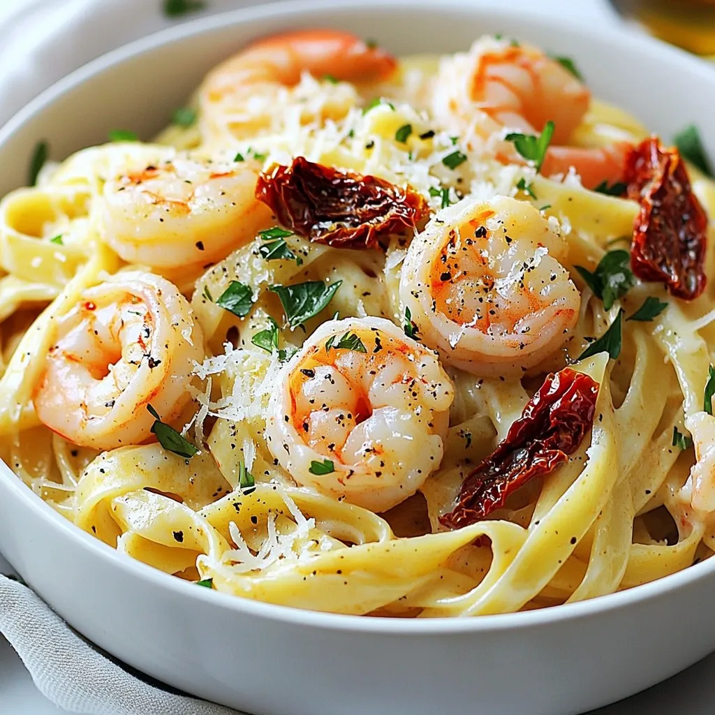 To make a delicious Cajun Alfredo Shrimp Pasta, gather these fresh ingredients: - 8 ounces fettuccine pasta - 1 pound large shrimp, peeled and deveined - 2 tablespoons Cajun seasoning - 2 tablespoons olive oil - 3 cloves garlic, minced - 1 cup heavy cream - 1 cup freshly grated Parmesan cheese - 1/2 cup sun-dried tomatoes, chopped - 1/2 cup freshly chopped parsley - Salt and pepper to taste - Optional: Red pepper flakes for an extra kick Each ingredient plays a vital role in building flavors. The fettuccine provides a hearty base, while the shrimp adds protein and a slight sweetness. Cajun seasoning gives a warm, spicy kick. Olive oil is essential for sautéing, keeping the dish rich. Garlic brings aromatic depth. Heavy cream and Parmesan create a luxurious sauce, making the pasta creamy and decadent. Sun-dried tomatoes add tang, and parsley gives a fresh finish. For those who love heat, red pepper flakes can elevate the dish. Adjust the amount to fit your taste. This mix of ingredients ensures a flavorful family feast that is sure to impress! {{ingredient_image_2}} Start by boiling water. Use a large pot and add salt. Bring it to a rolling boil. Add 8 ounces of fettuccine pasta. Cook it according to the package instructions. This usually takes about 8-10 minutes until it is al dente. Once done, drain the pasta. Remember to save about 1 cup of the pasta water for later. Set the drained pasta aside. Take 1 pound of peeled and deveined shrimp. In a mixing bowl, add 2 tablespoons of Cajun seasoning. Toss the shrimp well, ensuring each piece gets a nice coat of the spicy seasoning. This step brings the flavors alive. Heat 2 tablespoons of olive oil in a large skillet over medium-high heat. Once the oil is ready, add the seasoned shrimp in a single layer. Cook them for 2-3 minutes on each side. They should turn pink and opaque when done. After cooking, remove the shrimp from the skillet and set them aside on a plate. In the same skillet, keep the heat at medium. Add 3 cloves of minced garlic and sauté for about 30 seconds. Be careful not to burn the garlic. Next, pour in 1 cup of heavy cream, stirring gently. Let it simmer for 3-5 minutes until it thickens slightly. Now, gradually sprinkle in 1 cup of freshly grated Parmesan cheese. Keep stirring until the cheese melts and the sauce becomes creamy. If it looks too thick, add some of the reserved pasta water until you reach the right consistency. Add the cooked fettuccine, chopped sun-dried tomatoes, and the sautéed shrimp back into the skillet. Toss everything together gently. Make sure the pasta is well coated with the rich Alfredo sauce. Season the dish with salt and pepper to taste. If you enjoy some heat, add red pepper flakes. Just before serving, mix in 1/2 cup of freshly chopped parsley. This adds a burst of color and flavor to your dish. To perfectly cook fettuccine pasta, start with a large pot of salted water. Bring it to a rolling boil. Once boiling, add the fettuccine. Cook it as per the package directions, usually around 8 to 10 minutes. The pasta should be al dente, meaning it’s firm to the bite. Before you drain the pasta, save about 1 cup of the cooking water. This water can help adjust the sauce later. Now, let’s achieve that creamy Alfredo sauce. After cooking the shrimp, keep using the same skillet. Lower the heat and add minced garlic. Sauté it for about 30 seconds until fragrant. Then, pour in the heavy cream. Let it simmer for 3 to 5 minutes. Stir in freshly grated Parmesan cheese slowly. Keep stirring until it melts and becomes smooth. If it’s too thick, add a little of the reserved pasta water. For a great presentation, serve Cajun Alfredo Shrimp Pasta in deep bowls. This adds a rustic feel. Top each serving with extra parsley and a sprinkle of Parmesan cheese. You can also add lemon wedges on the side. This not only looks nice but gives a fresh splash of flavor when guests squeeze it over their pasta. Want to add some spice? Use red pepper flakes. They can give your dish an extra kick. Just sprinkle them in while seasoning the dish. Start with a small amount, then taste it. You can always add more if you like it hotter! This simple addition can elevate the flavors and make your Cajun Alfredo Shrimp Pasta even more exciting. Pro Tips Fresh Ingredients: Always use fresh shrimp and high-quality Parmesan cheese for the best flavor in your Alfredo sauce. Cook Pasta Al Dente: Make sure to cook the fettuccine just until al dente, as it will continue to cook slightly when mixed with the hot sauce. Customize Spice Level: Adjust the amount of Cajun seasoning and red pepper flakes according to your taste preference for a milder or spicier dish. Leftover Sauce: If you have leftover Alfredo sauce, it can be refrigerated and used within a few days. Simply reheat gently and adjust with a splash of cream or pasta water. {{image_4}} You can swap shrimp for chicken or fish in this dish. Chicken breast works well. Just cut it into bite-sized pieces and season like you would the shrimp. Cook it until it’s golden brown. For fish, use a firm type like salmon or cod. Cook it gently to avoid breaking apart. Both options blend nicely with the creamy sauce. To make a vegetarian Cajun Alfredo Pasta, skip the shrimp entirely. Use mushrooms or zucchini instead. Slice them up and sauté them until tender. This adds a savory depth and texture. You can also add more sun-dried tomatoes for extra flavor. Use vegetable broth in place of heavy cream for a lighter touch. If you're looking for lighter alternatives, you can swap heavy cream with half-and-half or a plant-based milk. For cheese, try nutritional yeast for a dairy-free version. You can also use a vegan cheese that melts well. These swaps keep your pasta creamy and delicious without the extra calories. To keep your Cajun Alfredo Shrimp Pasta fresh, store it in an airtight container. Place it in the fridge within two hours after serving. This helps prevent bacteria growth. The pasta will stay good for about 3 days. When you store it, try to keep the shrimp and pasta mixed with the sauce. This keeps the flavors intact. When you’re ready to enjoy leftovers, reheat the pasta gently. Use a skillet over low heat. Add a splash of cream or reserved pasta water to keep it moist. Stir often to prevent sticking. Heat until the shrimp is warm, but be careful not to overcook it. This keeps the shrimp tender and juicy. If you want to save Cajun Alfredo Shrimp Pasta for later, freezing is a great option. First, let the pasta cool completely. Then, place it in a freezer-safe container. Make sure to leave some space for expansion. It can last for up to 3 months in the freezer. When ready to eat, thaw it in the fridge overnight. Reheat it on the stove, just like before, for the best taste and texture. To add more spice, use extra Cajun seasoning. You can also sprinkle red pepper flakes in the sauce or on top. For a bold kick, add diced jalapeños or fresh chopped chili peppers. Adjust to your taste! Yes, you can use frozen shrimp. Just make sure to thaw them first. Place the shrimp in cold water for about 15 minutes. Pat them dry before seasoning and cooking. This helps them cook evenly. Shrimp are done when they turn pink and opaque. This usually takes about 2-3 minutes on each side. If they curl into a "C" shape, they are perfectly cooked. Avoid overcooking to keep them tender. Fettuccine is the best choice for this recipe. Its wide shape holds the creamy sauce well. You can also use linguine or penne if you prefer. Just make sure to cook it al dente for the best texture. Yes, you can make it dairy-free. Replace heavy cream with coconut milk or a dairy-free cream alternative. Use nutritional yeast instead of Parmesan cheese for a cheesy flavor. This way, everyone can enjoy it! In this blog post, we explored how to make a delicious Cajun Alfredo Shrimp Pasta. We covered each ingredient and its role in the dish, along with step-by-step cooking instructions. I shared tips for perfecting your pasta and sauce, plus variations if you want to switch things up. Lastly, I discussed how to store and reheat leftovers effectively. Enjoy this vibrant dish that mixes flavors, texture, and comfort. You will love making it for friends and family!