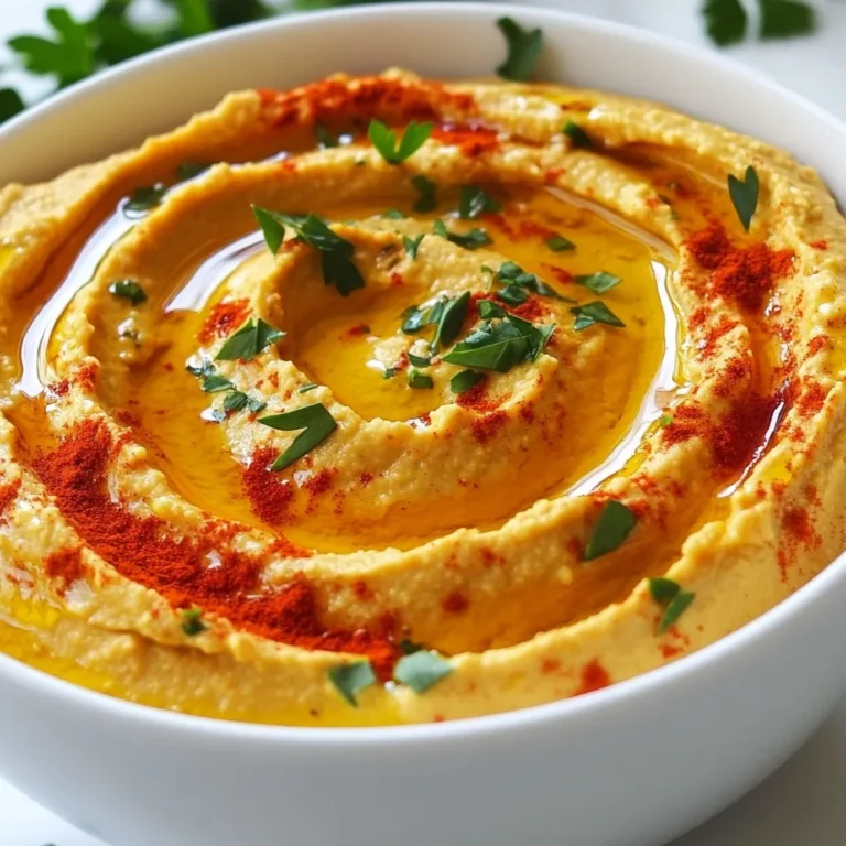 - 1 can (15 oz) chickpeas, thoroughly drained and rinsed - 1 large roasted red bell pepper (jarred or homemade) - 2 tablespoons creamy tahini - 2 tablespoons extra virgin olive oil - 1 garlic clove, finely minced - 2 tablespoons freshly squeezed lemon juice - 1 teaspoon ground cumin - Sea salt to taste These ingredients form a creamy and rich base. The chickpeas give the dip its texture. Roasted red peppers add vibrant flavor and color. Tahini contributes creaminess, while olive oil adds richness. Garlic brings a nice kick, and lemon juice balances the flavors with a fresh zing. Cumin adds warmth and depth. - Smoked paprika for a delightful garnish - Fresh parsley, chopped, for a vibrant touch - Crispy pita bread - Crunchy veggie sticks - Savory crackers Garnishing your hummus makes it beautiful. Smoked paprika adds a smoky taste. Fresh parsley gives a pop of green and freshness. You can serve it with pita bread for dipping, crunchy veggies for a healthy option, or savory crackers for extra flavor. - Calories: Approx. 150 - Protein: 6 grams - Carbohydrates: 18 grams - Dietary Fiber: 4 grams - Total Fat: 7 grams This hummus is healthy and filling. It has good protein and fiber, making it great for snacks or meals. You can enjoy it guilt-free while still getting a tasty treat. {{ingredient_image_2}} To roast your red peppers, start by preheating the oven to 450°F (230°C). Next, place the peppers on a baking sheet. Roast them for about 25 to 30 minutes. You want the skin to be charred and blistered. Once roasted, move them to a bowl. Cover this bowl with plastic wrap. Let the peppers steam for 10 minutes. This step makes peeling the skin easy. After steaming, peel off the charred skin and remove the seeds. If using jarred peppers, simply drain and pat them dry. Now, grab a food processor. Add the rinsed chickpeas, the prepared roasted red pepper, two tablespoons of tahini, and two tablespoons of olive oil. Next, include one minced garlic clove, two tablespoons of lemon juice, and one teaspoon of cumin. Add a pinch of sea salt for flavor. Blend these ingredients until they form a smooth mixture. While blending, check the texture. If the hummus seems thick, add a splash of water or more olive oil. This helps you reach your desired creaminess. After blending, taste the hummus. Adjust the salt as needed to bring out the flavors. The goal is a silky and smooth dip that is bursting with flavor. To make your hummus creamy, start with warm chickpeas. Rinse them well and drain. Use a good tahini; it adds rich flavor. Blend all the ingredients until smooth. If it feels thick, add water or oil. This helps get the right texture you want. Don’t skip the garlic. It adds depth to the flavor. Also, watch the salt; too much can overpower your dip. Avoid using cold chickpeas, as they can make the dip grainy. Lastly, don’t rush the blending. Give it time to become silky and smooth. Feel free to play with flavors! Add a little chili powder for heat. A dash of lemon zest can brighten the taste. For a smoky touch, increase the smoked paprika. Fresh herbs like cilantro or basil can also change the vibe. Enjoy experimenting until you find your perfect blend! Pro Tips Choose Your Peppers Wisely: For the best flavor, opt for fresh roasted red bell peppers. They provide a smoky sweetness that enhances the hummus. Adjusting Texture: If your hummus turns out too thick, adding water or more olive oil gradually will help achieve your preferred creaminess. Flavor Enhancements: Experiment with additional spices like cayenne pepper or roasted garlic for a unique twist on this classic recipe. Serving Suggestions: Serve with a variety of dippers, such as sliced cucumbers, bell peppers, or whole-grain pita chips for a colorful platter. {{image_4}} To make your hummus spicy, add jalapeños. Use one or two, depending on how hot you like it. Blend the jalapeños into the mix with the chickpeas and red peppers. This adds heat and bold flavor, making it exciting for your taste buds. You can also sprinkle cayenne pepper or red pepper flakes on top for extra spice. For a Mediterranean touch, chop up green or black olives. Stir them into the hummus after blending. This adds a salty, briny flavor that pairs well with the sweet red peppers. You can also blend in some olive brine for a hint of zest. It’s a great way to add depth and richness to your dip. Fresh herbs can brighten your hummus. Try adding basil, cilantro, or dill. Blend them in for a fresh taste or sprinkle on top as a garnish. For a zesty twist, mix in lemon zest or use lemon thyme. These ingredients give your hummus a garden-fresh flavor that is perfect for summer gatherings. To keep your hummus fresh, use an airtight container. This seals in moisture and flavor. Place the hummus in the container and smooth the top. Drizzle a bit of olive oil over it. This helps prevent drying. Seal it well and store it in the fridge. Homemade hummus lasts about 4 to 7 days in the fridge. Always check for signs of spoilage before eating. If you see mold or an off smell, it’s best to throw it away. You can freeze hummus for later use. Portion it into small containers or freezer bags. Leave some space at the top to allow for expansion. It can last up to 3 months in the freezer. When you’re ready to eat, thaw it in the fridge overnight. Stir well before serving to restore its creamy texture. Yes, you can use other peppers. Green bell peppers add a fresh taste. Yellow or orange peppers give a sweet flavor. Each type changes the dip's taste. Just roast them like red peppers. This gives them a nice smoky flavor. Roasted red pepper hummus pairs well with many items. Here are some ideas: - Crispy pita chips - Fresh veggie sticks, like carrots and cucumbers - Savory crackers - Warm pita bread - Grilled meats or fish These choices make a great spread for parties. They let everyone enjoy the dip. To add more protein, you can mix in extra chickpeas. Use a cup of chickpeas instead of one can. Another option is to add Greek yogurt. This not only boosts protein but also adds creaminess. You could also try adding nuts, like almonds or walnuts, for a crunch. Roasted red pepper hummus is simple and tasty. We covered the key ingredients, from peppers to optional garnishes. You learned how to roast peppers and blend your hummus just right. I shared tips for creamy texture and common mistakes to avoid. You can even customize flavors or explore variations like spicy hummus. Remember to store it properly for freshness. Using different peppers or adding protein boosts the dish. Now, you have everything to make your own delicious hummus. Enjoy your cooking journey!