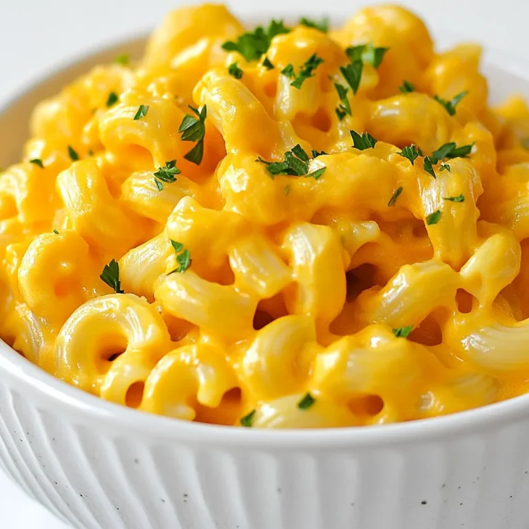 - 8 ounces elbow macaroni - 2 cups butternut squash, peeled and diced - 2 tablespoons olive oil (divided) - 1 medium onion, finely chopped - 2 cloves garlic, minced - 1 ½ cups vegetable broth - 1 cup milk (or plant-based milk) - 1 ½ cups shredded sharp cheddar cheese - ½ cup grated Parmesan cheese - 1 teaspoon ground nutmeg - 1 teaspoon smoked paprika - Salt and freshly ground pepper, to taste - Fresh parsley, chopped (for garnish) Butternut squash mac and cheese is a dish that warms the heart. The main ingredients create a rich base. Elbow macaroni gives a cozy texture. Butternut squash adds a sweet, creamy element. Olive oil helps sauté the onions and garlic, giving a fragrant touch. In the dairy and broth section, the vegetable broth and milk bring creaminess. Sharp cheddar cheese adds a bold flavor. Parmesan cheese melts perfectly, making the dish extra cheesy. For seasonings, ground nutmeg enhances the sweetness of the squash. Smoked paprika adds depth and warmth. A pinch of salt and pepper is essential to balance the flavors. Lastly, fresh parsley provides a bright finish to each bowl. Gather these ingredients, and get ready to create a creamy comfort food that will leave everyone smiling! {{ingredient_image_2}} To start, grab a large pot. Fill it with water and add a pinch of salt. This helps season the pasta. Turn the heat on high and bring the water to a rolling boil. Once boiling, add the elbow macaroni. Cook according to the package directions, about 7 to 9 minutes. You want it al dente, firm to the bite. When done, drain the pasta in a colander. Set it aside while you prepare the rest. Next, we will roast the butternut squash. Preheat your oven to 400°F (200°C). While it heats, take a large baking sheet. Toss the diced butternut squash with 1 tablespoon of olive oil. Season with salt and pepper for flavor. Spread the squash evenly on the baking sheet. Roast it for 20 to 25 minutes. Stir halfway through so it cooks evenly. The squash should be tender and slightly caramelized. Now, let’s get aromatic! In a large skillet, heat the remaining tablespoon of olive oil over medium heat. Add the finely chopped onion and sauté until it’s soft and clear, about 5 minutes. Then, add the minced garlic and cook for 1 more minute. The smell will be amazing! Once the squash is done roasting, add it to the skillet. Then, pour in the vegetable broth and milk. Sprinkle in the ground nutmeg and smoked paprika. Stir everything together and let it simmer gently. Use an immersion blender to puree the mix until it’s smooth and creamy. It’s cheese time! Stir in the shredded sharp cheddar and grated Parmesan into the creamy sauce. Mix well until the cheese melts. This makes the sauce extra rich. Taste it and adjust with salt and freshly ground pepper as needed. Add the drained macaroni to the cheese sauce. Gently stir to coat every piece. You want each elbow to be covered in that creamy goodness. If you want a baked version, this step is for you. Transfer the mac and cheese to a greased baking dish. For an extra cheesy crust, sprinkle some more cheddar on top. Bake in the preheated oven at 350°F (175°C) for 15 to 20 minutes. You want it bubbly and golden on top. Once baked, remove the dish from the oven. Let it cool for a few minutes. This helps the sauce set a bit. Before serving, garnish each portion with fresh chopped parsley. This adds a nice pop of color and flavor. Enjoy your creamy butternut squash mac and cheese! To make your butternut squash mac and cheese creamy, blending is key. Once you roast the squash, use an immersion blender to puree it. This step makes the sauce smooth and rich. If you don’t have one, transfer the squash mix to a regular blender. Blend it until creamy and return it to the skillet. Adjust moisture levels by adding more milk or broth if needed. This keeps your sauce from being too thick or too watery. To enhance the flavors, seasonings are your best friend. I love using ground nutmeg and smoked paprika. Nutmeg adds warmth, while smoked paprika gives a nice depth. Feel free to experiment with other spices, too. A pinch of cayenne or red pepper flakes adds a bit of spice. Just remember to add these gradually. Taste your sauce as you go to find the perfect balance. If you want a vegan dish, swap the cheese with nut-based options. Nutritional yeast gives a cheesy flavor without dairy. For the milk, use almond, soy, or oat milk. For gluten-free options, choose gluten-free elbow macaroni. You can also look for gluten-free cheese brands. These swaps make the dish friendly for different diets while keeping it tasty. Pro Tips Choose the Right Cheese: For a creamier texture, opt for a combination of cheeses. Mixing sharp cheddar with a milder cheese like Gruyère can add depth and richness to your mac and cheese. Perfectly Roasted Squash: Ensure your butternut squash is cut into uniform pieces to promote even roasting. This will enhance the sweetness and flavor in your dish. Enhance Flavor with Spices: Don’t hesitate to experiment with spices! Try adding a pinch of cayenne pepper for a little heat or a sprinkle of Italian herbs to elevate the flavor profile. Make Ahead: This dish can be made ahead of time and stored in the refrigerator. Just reheat it in the oven for a comforting, quick meal later! {{image_4}} To make this dish vegan, swap out dairy products. Use plant-based milk, like almond or oat milk. For cheese, try vegan cheese shreds. These melt well and add creamy texture. Nutritional yeast is a great choice too. It gives a cheesy flavor without dairy. You can also blend in some soaked cashews for added creaminess. Just remember to keep an eye on the salt. Sometimes, vegan cheese can be saltier. For gluten-free mac and cheese, choose alternative pasta types. Brown rice or chickpea pasta works well. They have a nice texture and taste. Make sure to cook them al dente. This keeps them from getting mushy in the sauce. For cheese, look for gluten-free cheese brands. Many have great flavor and melt nicely. Always check the labels to ensure they're gluten-free. Boost nutrition by adding extra veggies. Spinach, kale, or broccoli are excellent choices. They add color and flavor. To incorporate greens, sauté them with the onions. This softens them and enhances their taste. You can also stir in cooked peas or roasted bell peppers. This adds a fun twist and makes it more filling. Don't be afraid to get creative with your veggie choices! To store leftovers, let the butternut squash mac and cheese cool completely. Place it in an airtight container. This will keep it fresh and tasty. Use glass or BPA-free plastic containers for best results. For freezing, scoop the cooled mac and cheese into freezer-safe bags or containers. Press out as much air as possible before sealing. This prevents freezer burn. When ready to use, thaw it in the fridge overnight. Reheat in a pot over low heat or in the microwave until warm. You can store the refrigerated mac and cheese for up to 4 days. In the freezer, it lasts about 3 months. Look for signs of spoilage, such as a sour smell or mold. If it looks or smells off, toss it out. Always prioritize food safety! You can use sweet potatoes, pumpkin, or acorn squash. Each option adds a sweet, earthy flavor. Sweet potatoes create a similar creamy texture. Pumpkin adds a brighter color and mild taste. Acorn squash has a nutty flavor, making it a great choice too. Yes, you can prep it ahead. Cook the pasta and squash, then store them in the fridge. Make the cheese sauce and mix it in before baking. This way, you save time on busy days. Just remember to heat it up before serving. Yes, butternut squash is rich in vitamins A and C. It also has fiber, which aids digestion. Using less cheese makes it lighter. You can also swap milk for plant-based options to boost nutrients. This dish is comfort food that can be good for you! Add crushed red pepper flakes for heat. You can also mix in diced jalapeños or hot sauce. Smoked paprika has a bit of warmth too. Adjust the spice to fit your taste. It brings a fun twist to this creamy dish! Absolutely! Try gouda or Monterey Jack for a twist. Cream cheese can make it extra creamy. If you like a stronger taste, go for blue cheese. Mix and match to find your favorite blend. Each cheese adds a unique flavor to your mac and cheese! You now have a clear guide to making a delicious butternut squash mac and cheese. We covered the key ingredients, step-by-step instructions, and helpful tips for perfection. Don’t forget the variations for different diets and preferences. Remember, you can easily adjust flavors and try new veggies. This dish is comforting and packed with nutrients. Enjoy your cooking, and let it bring warmth to your table! Now go create your creamy masterpiece!
