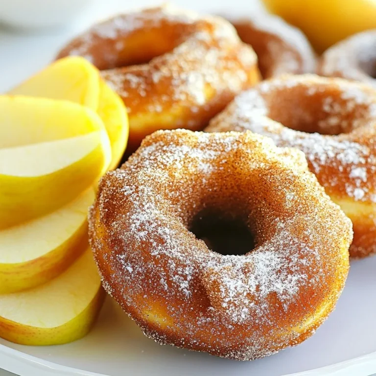 To make spiced apple cider donuts, you need these ingredients: - 2 cups fresh apple cider - 1/2 cup unsalted butter, melted - 1 cup granulated sugar - 2 large eggs, at room temperature - 2 cups all-purpose flour, sifted - 1 tsp baking powder - 1/2 tsp baking soda - 1 tsp ground cinnamon - 1/2 tsp ground nutmeg - 1/4 tsp ground ginger - 1/4 tsp salt - 1 cup powdered sugar (for finishing) - 2 tbsp cinnamon sugar (for finishing) Each ingredient plays a key role in your donuts. Fresh apple cider gives the donuts their sweet, fruity taste. Unsalted butter adds richness, while granulated sugar enhances sweetness. Eggs bind the mixture and help the donuts rise. Using sifted all-purpose flour ensures a light texture. Baking powder and baking soda help the donuts rise and become fluffy. The spices—cinnamon, nutmeg, and ginger—bring warmth and depth to each bite. Salt balances the flavors. Finally, the powdered sugar and cinnamon sugar make a sweet coating that completes the treat. Gather these ingredients before you start. This makes the process smooth and fun! {{ingredient_image_2}} 1. Reducing the apple cider: Start by pouring two cups of fresh apple cider into a medium saucepan. Heat it over medium-high until it boils. Once it bubbles, lower the heat and let it simmer. This should take around 20 to 25 minutes. The cider will thicken and reduce to about one cup. After that, remove it from the heat and let it cool for a few minutes. 2. Preheating the oven: While the cider cools, preheat your oven to 350°F (175°C). Grease your donut pan lightly with non-stick spray or butter. This step helps the donuts pop out easily after baking. 3. Mixing wet ingredients: In a large bowl, combine half a cup of melted unsalted butter and one cup of granulated sugar. Mix them until they blend well. Then, add the cooled reduced cider and whisk until smooth. Now, add the two large eggs one at a time, mixing until everything is well combined. 4. Combining dry ingredients: In another bowl, whisk together two cups of sifted all-purpose flour, one teaspoon of baking powder, half a teaspoon of baking soda, one teaspoon of ground cinnamon, half a teaspoon of ground nutmeg, a quarter teaspoon of ground ginger, and a quarter teaspoon of salt. Make sure they mix evenly. 5. Folding mixtures together: Now, take the dry mix and gently fold it into the wet mix using a spatula. Be careful not to over-mix; a few lumps are okay. This keeps the donuts light and fluffy. 6. Filling the donut pan: Use a spoon to fill each cavity of the donut pan with the batter. Fill them about three-quarters full. This allows enough room for the donuts to rise while baking. 7. Baking process: Place the filled pan in the oven and bake for 10 to 12 minutes. They are done when they spring back gently when touched, and a toothpick comes out clean when inserted in the center. Let them cool in the pan for five minutes before moving them to a wire rack. 8. Coating in sugar: While the donuts are warm, mix one cup of powdered sugar and two tablespoons of cinnamon sugar in a shallow bowl. Roll each donut gently in this mixture until fully coated. This adds a sweet finish and enhances the flavor. 9. Serving suggestions: Serve these delightful donuts warm or at room temperature. They pair wonderfully with a hot mug of apple cider or a cup of coffee. For a lovely presentation, arrange them on a rustic wooden platter with thin apple slices and a sprinkle of cinnamon. Enjoy the cozy flavors of fall! To make the best spiced apple cider donuts, focus on the batter's consistency. You want it thick but pourable. If it feels too runny, add a touch more flour. If it’s too thick, add a bit of cider. For baking, set your oven to 350°F (175°C). Bake the donuts for 10 to 12 minutes. Check for doneness by pressing lightly on the top. If it springs back, they’re ready. A toothpick inserted should come out clean. Avoid over-mixing your batter. Gently fold the dry ingredients into the wet ones. A few lumps are okay and help keep the donuts light. Pair these donuts with a warm drink. Hot apple cider or coffee makes a great match. Both drinks enhance the flavors of the spices. For presentation, arrange the donuts on a rustic wooden platter. Surround them with thin apple slices and sprinkle a light dusting of cinnamon. This setup looks inviting and highlights the fall theme, making your treat even more special. Pro Tips Use Fresh Cider: For the best flavor, use fresh apple cider rather than bottled varieties. Fresh cider has a more vibrant taste that enhances the donuts. Don’t Overmix: When combining the wet and dry ingredients, mix just until combined. Overmixing can lead to dense donuts instead of light and fluffy ones. Check for Doneness: Use a toothpick to test the donuts for doneness. Insert it into the center; it should come out clean when they are fully baked. Coating Technique: For an even sugar coating, roll the warm donuts gently in the sugar mixture, ensuring all sides are covered for that perfect sweet finish. {{image_4}} You can change the taste of your spiced apple cider donuts with fun add-ins. Here are some ideas: - Adding nuts or chocolate chips: Mix in chopped walnuts or pecans for a crunch. You can also add dark or milk chocolate chips for a sweet twist. - Seasonal spice variations: Try adding cloves or cardamom for a warm flavor. These spices enhance the autumn vibe and add depth. - Glazing options instead of coating in sugar: Instead of rolling in sugar, you can glaze the donuts. A simple mix of powdered sugar and apple cider creates a sweet glaze. If you need to make your donuts fit special diets, here are some easy swaps: - Gluten-free adaptations: Use a gluten-free flour blend in place of all-purpose flour. This keeps the texture light and fluffy. - Vegan substitutes: Replace eggs with flax eggs. Mix 1 tablespoon of flaxseed meal with 2.5 tablespoons of water. Let it sit until it thickens. You can also use coconut oil instead of butter for a vegan option. To keep your spiced apple cider donuts fresh, store them in an airtight container. This container keeps air out and moisture in, which helps the donuts stay soft. They can last about three days at room temperature. If you want to keep them longer, freezing is a great option. Wrap each donut tightly in plastic wrap and place them in a freezer-safe bag. They can last up to three months in the freezer. When you're ready to enjoy your donuts again, reheating is key. The best way is to use the oven. Preheat your oven to 350°F (175°C). Place the donuts on a baking sheet and heat them for about 5 minutes. This warms them up without making them dry. If you're in a hurry, you can use the microwave. Heat them for about 10-15 seconds. Just be careful, as microwaving for too long can make them tough. Enjoy your fresh-tasting donuts! To make spiced apple cider donuts from scratch, follow these steps: 1. Reduce 2 cups of fresh apple cider in a saucepan until it measures 1 cup. 2. Preheat your oven to 350°F (175°C) and prepare a donut pan. 3. Mix melted butter and sugar in a bowl, then add the reduced cider and eggs. 4. In another bowl, combine flour, baking powder, baking soda, spices, and salt. 5. Fold the dry mix into the wet mix until just combined. 6. Fill the donut pan and bake for 10–12 minutes. 7. Cool slightly, then coat in powdered and cinnamon sugar. Yes, you can use store-bought apple cider. It saves time but may lack depth. Fresh cider gives a richer flavor, so choose what fits your taste! You can use coconut oil or unsweetened applesauce as a butter substitute. Both will keep the donuts moist and tasty. These donuts last about 2-3 days at room temperature in an airtight container. They taste best fresh! Yes, these donuts freeze well! Place them in a freezer bag. They can last up to 3 months in the freezer. Just thaw and coat in sugar before serving. Making spiced apple cider donuts is fun and simple. We started with the right ingredients: fresh apple cider, butter, and spices. I shared step-by-step instructions to ensure you succeed. Tips helped you perfect the recipe, and variations let you get creative. The storage and reheating advice ensures your treats stay fresh. In the end, you can enjoy delicious donuts in many ways. With these ideas, you can impress friends and family anytime.