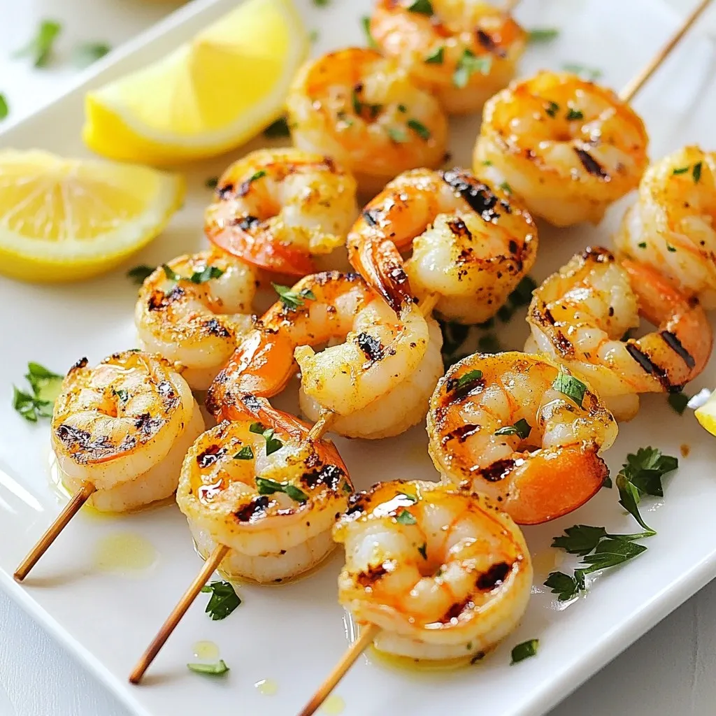 For this recipe, you need fresh and simple ingredients. Here’s what you'll need: - 1 pound large shrimp, peeled and deveined - 3 tablespoons high-quality olive oil - 2 tablespoons freshly squeezed lemon juice - Zest of 1 medium lemon - 3 cloves garlic, finely minced - 1 tablespoon fresh parsley, finely chopped - 1 teaspoon dried oregano - 1 teaspoon smoked paprika - Sea salt and freshly ground black pepper to taste - Lemon wedges for serving These ingredients come together to create a bright and zesty flavor that enhances the shrimp. Using high-quality olive oil makes a big difference in taste. It adds richness and depth. Look for extra virgin olive oil. It has a fresh and fruity flavor. This oil is perfect for your marinade. The best oils come from the first cold pressing of olives. Always check for quality labels when you shop. Fresh herbs bring life to your dish. They add bright flavors that dried herbs cannot match. In this recipe, fresh parsley is key. It adds a crisp, green taste that complements the lemon. Always choose fresh herbs over dried when possible. They make your grilled shrimp not just tasty, but also beautiful. {{ingredient_image_2}} To start, you need to make the marinade. Gather a medium mixing bowl. In this bowl, whisk together: - 3 tablespoons high-quality olive oil - 2 tablespoons freshly squeezed lemon juice - Zest of 1 medium lemon - 3 cloves garlic, finely minced - 1 tablespoon fresh parsley, finely chopped - 1 teaspoon dried oregano - 1 teaspoon smoked paprika - Sea salt and freshly ground black pepper to taste Mix all the ingredients until they blend well. This step is key for rich flavor. You want each shrimp to soak up this delicious mix. Next, it’s time to marinate the shrimp. Carefully add 1 pound of large, peeled, and deveined shrimp into the bowl with the marinade. Toss them gently so every shrimp gets covered. This is where the magic begins. Once coated, cover your bowl with plastic wrap. Place it in the fridge for 30 minutes to 1 hour. This allows the flavors to soak in, making your shrimp tasty and juicy. Before grilling, preheat your grill to medium-high heat. If you use a grill pan, heat it on the stovetop until hot. If you have wooden skewers, soak them in water for 30 minutes to stop them from burning. Now, thread the marinated shrimp onto the skewers. Place them close, but don’t overcrowd. When your grill is ready, place the skewers on it. Cook the shrimp for about 3-4 minutes on each side. You want them to turn opaque and firm. Watch them closely to avoid overcooking, as shrimp can become rubbery quickly. After grilling, take the skewers off the grill. Let them rest for a few minutes. This helps keep the shrimp juicy. Serve your grilled shrimp hot, with lemon wedges on the side. The lemon adds a fresh, zesty kick that makes every bite even better. To keep shrimp tender, watch the cooking time closely. Shrimp cook fast, usually in just 3-4 minutes per side. When they turn opaque and firm, they are done. If you leave them on too long, they can get rubbery. This is a common mistake. Grilling shrimp at medium-high heat gives the best results. This temperature allows the shrimp to char nicely while cooking evenly. Too low, and they will steam; too high, and they may burn. To check the heat, hold your hand above the grill. If you can only hold it there for 2-3 seconds, it’s ready. Skewering shrimp helps them cook evenly. Use wooden or metal skewers. If using wooden skewers, soak them in water for 30 minutes first. This prevents burning. Thread the shrimp close together but not too tight. This helps heat circulate around them. These small tips will make your Lemon Herb Grilled Shrimp perfect every time! Pro Tips Marinate Longer for Flavor: For even more intense flavor, consider marinating the shrimp overnight in the refrigerator. This allows the garlic and herbs to infuse deeply into the shrimp. Use a Meat Thermometer: To ensure perfect cooking, use a meat thermometer. Shrimp are done when they reach an internal temperature of 120°F (49°C). Experiment with Herbs: Feel free to experiment with different fresh herbs like cilantro, basil, or dill to give a unique twist to the shrimp marinade. Serve with Dipping Sauces: Enhance your dish by serving the grilled shrimp with a variety of dipping sauces, such as garlic aioli or a spicy sriracha sauce, to elevate the flavors. {{image_4}} To add spice, mix in red pepper flakes. This gives your shrimp a kick. Start with a small amount. You can always add more if you like heat. Combine the flakes with your marinade before adding the shrimp. The spice and lemon will create a great flavor. You can also use a spicy sauce for dipping. This adds a fun twist to a classic dish. While parsley is great, you can try other herbs. Basil adds a sweet touch. Cilantro gives a fresh, zesty taste. Chives can add a mild onion flavor. Mix and match to find your favorite. Each herb changes the dish's taste. Experiment to see what you enjoy most. Use fresh herbs for the best flavor, but dried herbs work too. Serve your shrimp with tasty sides. A fresh salad pairs well with lemon shrimp. Try a cool cucumber salad or a light pasta salad. Grilled veggies also make a great side. They complement the shrimp perfectly. For dips, consider a garlic aioli or a spicy sauce. These dips add extra flavor and richness. Arrange everything on a platter for a colorful display. Your meal will look and taste amazing! After enjoying your Lemon Herb Grilled Shrimp, you may have some left. To store it, let the shrimp cool first. Place the shrimp in an airtight container. This keeps them fresh. You can store them in the fridge for up to three days. Make sure to keep them covered to avoid drying out. If you want to keep your shrimp longer, freezing is a great option. Place the cooled shrimp in a freezer-safe bag. Squeeze out as much air as possible before sealing. This helps prevent freezer burn. You can freeze the shrimp for up to three months. When you’re ready to eat them, just thaw in the fridge overnight. When reheating, avoid using the microwave. This can make shrimp rubbery. Instead, use a skillet on low heat. Add a splash of olive oil to the pan. Heat the shrimp gently for a few minutes, turning often. This keeps them moist and tasty. If you prefer, you can also reheat them in the oven at 350°F. Just place them on a baking sheet for about 5-7 minutes. Enjoy your shrimp just like new! Yes, you can use frozen shrimp. Just make sure to thaw them first. Place them in the fridge overnight or run them under cold water. Pat them dry before marinating. Frozen shrimp can still taste great when grilled. Here are some of my favorite sides: - Garlic bread: It pairs well with the shrimp's flavors. - Grilled vegetables: Zucchini, bell peppers, and asparagus complement the dish. - Rice or quinoa: These add a nice base for the meal. - Salad: A fresh green salad adds crunch and freshness. You can mix and match these sides to create a balanced plate. Shrimp cook quickly, so keep an eye on them. They are done when they turn opaque and pink. The flesh will feel firm to the touch. If you notice they curl into a "C" shape, they may be overcooked. For the best results, aim for a cooking time of 3-4 minutes per side. Lemon Herb Grilled Shrimp is simple and tasty. We explored key ingredients like fresh herbs and quality olive oil. You learned how to prepare the marinade and grill shrimp perfectly. I shared tips to prevent overcooking and variations for added flavor, including spicy options. Lastly, I covered storage and reheating for leftovers. Cooking shrimp can be easy and fun. Use these steps to impress your guests. Enjoy every bite!