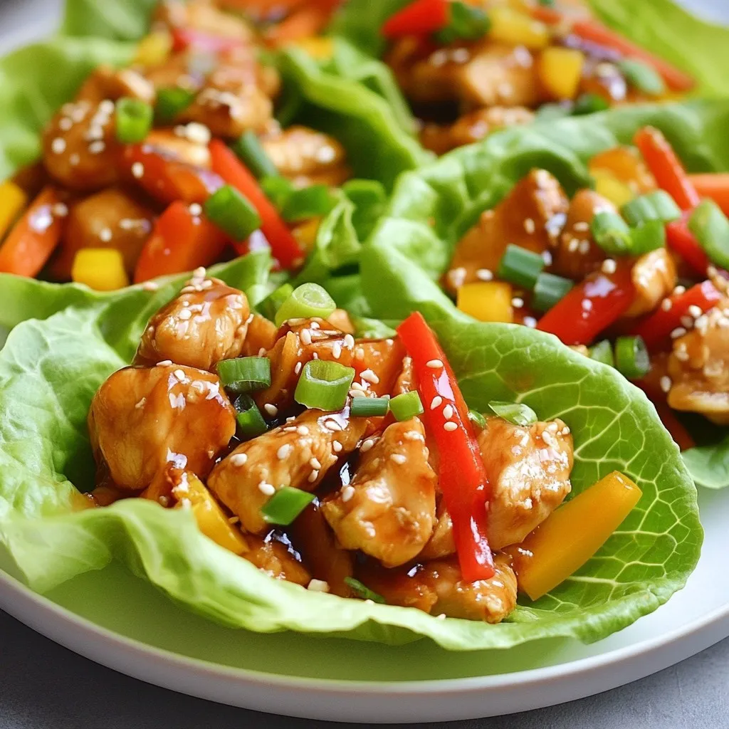 For tasty teriyaki chicken wraps, you need some key items: - 1 lb boneless, skinless chicken thighs, diced - 1/3 cup teriyaki sauce, store-bought or homemade - 1 tablespoon sesame oil - 1 tablespoon fresh ginger, minced - 2 garlic cloves, finely minced - 1 red bell pepper, diced - 1 medium carrot, shredded - 2 green onions, sliced - 1 tablespoon sesame seeds, toasted - 1 head of butter or romaine lettuce - Salt and freshly ground black pepper While the main ingredients shine, you can add extras for more flavor: - Chopped cilantro for freshness - Avocado slices for creaminess - Chopped nuts for extra crunch - Sriracha for a spicy kick Feel free to mix and match these options to make it your own! In this dish, the teriyaki sauce is the star. It brings a sweet and savory taste. The sesame oil adds a nice nutty flavor. You can adjust the salt and pepper to fit your taste. For a richer experience, try adding more ginger or garlic. This way, every bite bursts with flavor. {{ingredient_image_2}} Start with 1 pound of boneless, skinless chicken thighs. Cut them into small pieces. In a bowl, mix the chicken with 1/3 cup of teriyaki sauce, 1 tablespoon of minced ginger, and 2 minced garlic cloves. Stir well so each piece is coated. Let the chicken marinate for 15 minutes. This step brings out the flavors. Heat 1 tablespoon of sesame oil in a large skillet over medium heat. When the oil is hot, add the marinated chicken. Be sure to leave behind any extra marinade. Cook the chicken for 8 to 10 minutes. Stir it occasionally. Look for a nice brown color and make sure it reaches 165°F (75°C) inside. After cooking the chicken, add diced red bell pepper and shredded carrot. Sauté this mix for 3 to 4 minutes. This keeps the veggies crisp. Take the skillet off the heat. Fold in sliced green onions and toasted sesame seeds. Season with salt and black pepper to taste. To serve, use lettuce leaves as wraps. Spoon the chicken mix into each leaf and roll it up like a taco. Enjoy your tasty teriyaki chicken lettuce wraps! To make the best teriyaki chicken, start with a good marinade. Use 1/3 cup of teriyaki sauce. You can buy it or make your own. Add 1 tablespoon of minced ginger and 2 minced garlic cloves. This mix adds flavor and depth. Let the chicken marinate for at least 15 minutes. This time helps the meat absorb the flavors. If you have more time, try marinating for an hour for even better taste. Cooking chicken right is key for a tasty dish. Use boneless, skinless chicken thighs for the best results. They stay juicy and tender. Heat 1 tablespoon of sesame oil in a skillet over medium heat. When the oil shines, add the marinated chicken. Cook it for 8-10 minutes. Stir often to avoid burning. Make sure the chicken reaches 165°F (75°C). This is safe and ensures perfect doneness. For serving, use fresh butter or romaine lettuce. These leaves are perfect for wrapping. Spoon the chicken mixture into the center of each leaf. Fold the lettuce around the filling like a taco. This makes it fun and easy to eat. For a nice touch, sprinkle extra sesame seeds and green onions on top. Serve with a small bowl of teriyaki sauce for dipping. Enjoy every bite! Pro Tips Marinate for Flavor: Allowing the chicken to marinate for at least 15 minutes will significantly enhance the flavor. For even deeper flavor, consider marinating for up to an hour in the refrigerator. Use Fresh Ingredients: Fresh ginger and garlic provide a more vibrant taste compared to dried alternatives. Always opt for fresh produce when available for the best results. Toast Your Sesame Seeds: Toasting sesame seeds in a dry skillet before adding them to the dish brings out their nutty flavor and adds a delightful crunch to your wraps. Experiment with Veggies: Feel free to customize your lettuce wraps by adding other vegetables like cucumbers, avocados, or even water chestnuts for added texture and flavor. {{image_4}} You can swap chicken for other proteins. Try diced turkey or pork. Both options work great with teriyaki sauce. If you prefer seafood, shrimp is a delicious choice. Cook shrimp until they turn pink. Each protein brings a unique flavor to your wraps. For vegetarian or vegan wraps, use tofu or tempeh. These ingredients soak up flavor from the teriyaki sauce. Press and cube the tofu before cooking. Sauté it until golden brown. You can also use jackfruit. Its texture mimics pulled meat well, making it a tasty option. Get creative with your veggie mix! Besides red bell pepper and carrot, add cucumber or radish. Both add crunch and freshness. You can also include shredded cabbage or sliced mushrooms. Each vegetable brings its own taste and texture, making every wrap unique. Don't hesitate to experiment! To keep your teriyaki chicken lettuce wraps fresh, store leftovers in an airtight container. Place the chicken and veggies in one container and the lettuce leaves in another. This way, the lettuce stays crisp. You can keep them in the fridge for up to three days. When you're ready to enjoy leftovers, reheat the chicken and veggies. Use a skillet over medium heat for the best results. Stir them until they're hot. Avoid microwaving, as it can make the chicken rubbery. Once heated, wrap in fresh lettuce for a tasty meal. If you want to save some for later, freezing is a good option. Store the chicken and veggie mix in a freezer-safe bag or container. Remove as much air as possible before sealing. You can freeze it for up to three months. When you’re ready to eat, thaw it in the fridge overnight and reheat. Yes, you can make teriyaki sauce at home. Just mix soy sauce, honey, rice vinegar, and sesame oil. You can add ginger and garlic for extra flavor. This sauce is quick and tasty. It gives you control over the sweetness and saltiness. If you don’t have lettuce, use rice paper or whole grain tortillas. Cabbage leaves also work well for wraps. You can even use thin slices of cucumber for a fresh twist. These options add a nice crunch and flavor to your meal. The chicken is done when it reaches an internal temperature of 165°F (75°C). You can check this with a meat thermometer. The chicken should also be golden brown and firm to the touch. Cut into a piece to make sure it's no longer pink inside. In this blog post, we explored how to make delicious teriyaki chicken. We covered the key ingredients, from marinating and cooking the chicken to serving tips. I shared helpful tricks, fun variations, and smart storage options, including how to store leftovers. Teriyaki chicken is easy to make and tasty. Experiment with flavors and ingredients. Enjoy this dish in different ways, from wraps to bowls. Cooking can be fun and rewarding. Now, get in the kitchen and enjoy your teriyaki creation!