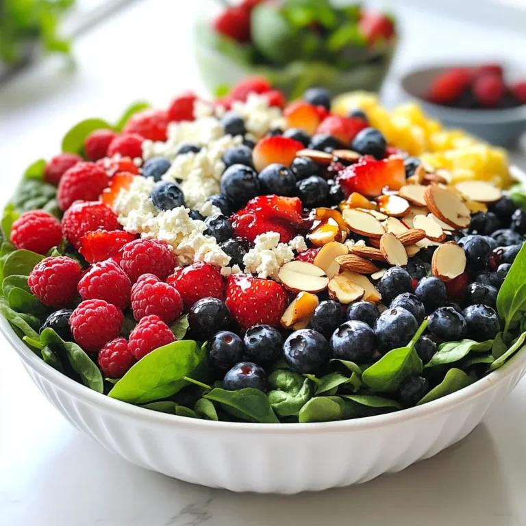 - 4 cups fresh spinach - 1 cup mixed berries (strawberries, blueberries, raspberries) - 1/2 cup crumbled feta cheese - 1/4 cup sliced almonds - 1/4 cup balsamic vinaigrette dressing - 1 tablespoon honey - Salt and freshly ground black pepper For a great salad, use fresh, high-quality ingredients. Start with fresh spinach. It gives the salad a nice base. Use bright, colorful mixed berries. Strawberries, blueberries, and raspberries work well together. They add sweetness and a pop of color. Next, crumbled feta cheese adds creaminess. It pairs perfectly with the berries. The salty flavor of the feta contrasts nicely with the sweet berries. For a bit of crunch, add sliced almonds. They bring texture and nutty flavor. Now for the dressing! A balsamic vinaigrette gives the salad a tangy kick. Mixing in honey adds a hint of sweetness. The balance of flavors will make your taste buds dance. Finally, sprinkle salt and pepper to taste. These simple seasonings enhance all the flavors. With these fresh ingredients, your Summer Berry Spinach Salad will be both energizing and healthy! {{ingredient_image_2}} Start by washing 4 cups of fresh spinach. Use cold water to clean the leaves well. After washing, dry the spinach using a salad spinner or paper towels. This step removes extra water and makes the salad crisp. Next, place the spinach in a large bowl. Now, it’s time to add those vibrant berries. Scatter 1 cup of mixed berries over the spinach. Use slices of strawberries, whole blueberries, and plump raspberries. This mix adds color and flavor. Now, let’s make this salad even better. Sprinkle 1/2 cup of crumbled feta cheese over the berries. The feta gives a creamy touch that balances the sweet berries. Then add 1/4 cup of sliced almonds. These almonds add a nice crunch. The mix of textures makes every bite exciting. In a small bowl, whisk together 1/4 cup of balsamic vinaigrette and 1 tablespoon of honey. This dressing adds sweetness and tang. Whisk until it gets thick and smooth. A good dressing ties all the flavors together, so make sure to mix well. Gently drizzle the dressing over the salad. Aim for even coverage on all the greens and berries. Then, carefully toss the salad. Do this gently so the berries stay whole. Finally, taste the salad and add salt and freshly ground black pepper. Adjust the seasoning to your liking. This simple step makes a big difference in flavor. Enjoy your delicious Summer Berry Spinach Salad! To serve this salad in style, use a large wooden bowl. This adds a rustic touch that feels warm and inviting. Garnish the top with a few whole berries and extra sliced almonds. This makes the salad look bright and colorful. It invites everyone to dig in. You can also use clear glass bowls to show off the vibrant colors. If you want to adjust the sweetness, add more honey to the dressing. For a bit more zing, you can add a splash of lemon juice. If the salad feels too tart, a pinch of sugar can balance the taste. You can also change the texture by adding crunchy toppings. Try sunflower seeds or pumpkin seeds for a different feel. Meal prep can save you time. You can wash and dry the spinach earlier in the day. Keep it in a sealed container in the fridge. You can also pre-slice the berries, but keep them separate. Mix the dressing ahead of time too. Store it in a small jar and shake it before use. This way, your salad is ready in minutes! Pro Tips Freshness is Key: Always use the freshest spinach and berries to ensure your salad is vibrant and packed with flavor. Customize Your Nuts: Feel free to substitute the almonds with walnuts or pecans for a different flavor and crunch. Make-Ahead Dressing: Prepare the balsamic vinaigrette in advance and store it in the fridge for an easy, quick assembly later. Chill Before Serving: For a refreshing experience, refrigerate the salad for about 15 minutes before serving to let the flavors meld. {{image_4}} You can make your Summer Berry Spinach Salad even more exciting by adding seasonal fruits. Consider adding peaches or nectarines in late summer. Their sweet and juicy flavor pairs well with the berries. Apples in fall also add a crunchy texture. You can try different combinations to keep your salad fresh and fun. If you want to make this salad dairy-free, skip the feta cheese. You can add avocado for a creamy feel. For nut-free options, leave out the sliced almonds. Try using sunflower seeds or pumpkin seeds instead. They add a nice crunch without nuts. Both options keep the salad tasty and safe for everyone. Changing the dressing can give this salad a new twist. Try a citrus vinaigrette with lemon and olive oil for a zesty kick. You can also use a creamy ranch or a spicy chipotle dressing for a bold flavor. Toppings like grilled chicken or quinoa can make it more filling. Experimenting with dressings and toppings keeps your salad interesting every time you make it. To keep your Summer Berry Spinach Salad fresh, store it in an airtight container. Make sure to place it in the fridge right after serving. This helps lock in the flavors and keeps the greens crisp. If you have extra dressing, store it separately. This will prevent the salad from getting soggy. This salad is best served cold. If you want to enjoy it later, do not heat it. Instead, just take it out of the fridge and let it sit for a few minutes. This way, you can enjoy the fresh taste of the berries and the crunch of the almonds. The salad stays fresh for about 1 to 2 days in the fridge. After that, the spinach may wilt, and the berries may lose their flavor. If you notice any signs of spoilage, it’s best to toss it out. Always check freshness before eating. Yes, you can make this salad ahead of time. To keep it fresh, store the spinach and berries separately. This keeps the spinach from wilting. You can prepare the dressing in advance too. Just mix the balsamic vinaigrette and honey. Combine everything just before serving for the best taste. You can add many fruits to this salad. Kiwi adds a fun twist. Sliced peaches or nectarines work well too. Even diced apples can add crunch. Just keep the mix colorful and fresh! Yes, this salad is gluten-free. All the ingredients are safe for those with gluten issues. Always check labels when buying dressings. Some may have gluten, so it’s good to be careful. Making your own balsamic vinaigrette is easy. Here’s a simple recipe: - 1/4 cup balsamic vinegar - 1/2 cup olive oil - 1 teaspoon Dijon mustard - Salt and pepper to taste Whisk the vinegar, mustard, salt, and pepper together. Slowly add the olive oil while whisking until it’s smooth. This dressing is tasty on many salads! This blog post outlined a delightful salad made with fresh spinach, mixed berries, and feta cheese. You learned step-by-step how to prepare, dress, and serve this vibrant dish. Tips on presentation, flavor adjustments, and meal prep help enhance your experience. You can also explore variations to fit your dietary needs. Remember, this salad is easy to customize and store. It stays fresh in the fridge for a few days. Enjoy experimenting with new flavors and ingredients to make it your own!