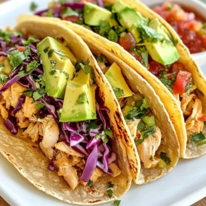 To make these tasty tacos, gather these main ingredients: - 1 lb boneless, skinless chicken thighs - 1/4 cup fresh cilantro, finely chopped - Zest and juice of 2 limes - 2 cloves garlic, minced - 1 teaspoon ground cumin - 1 teaspoon chili powder - 1/2 teaspoon salt - 1/4 teaspoon freshly ground black pepper - 1 tablespoon olive oil - 8 small corn or flour tortillas The chicken thighs are juicy and tender. They soak up the bright flavors from the marinade. Fresh cilantro adds a nice herbal note, while lime provides zesty brightness. The garlic, cumin, and chili powder add depth and warmth. You can enhance your tacos with these tasty optional toppings and sides: - 1 ripe avocado, sliced - 1 cup red cabbage, finely shredded - Your favorite salsa, for topping Avocado brings creaminess. Red cabbage adds a nice crunch. Salsa gives an extra kick, perfect for those who love heat. To make this dish, you’ll need: - A mixing bowl - A large skillet - Two forks for shredding chicken - Aluminum foil (if warming tortillas in the oven) Using the right tools makes cooking easier and more fun. A good skillet ensures even cooking, while forks help you shred the chicken quickly. {{ingredient_image_2}} Start by making the marinade. In a bowl, mix 1/4 cup of chopped cilantro, the zest of 2 limes, and the juice of those limes. Add 2 minced garlic cloves, 1 teaspoon of cumin, 1 teaspoon of chili powder, 1/2 teaspoon of salt, and 1/4 teaspoon of black pepper. Lastly, pour in 1 tablespoon of olive oil. Whisk until it blends well. Add 1 pound of boneless chicken thighs to the bowl. Make sure the chicken is fully coated with the marinade. Cover the bowl with plastic wrap and place it in the fridge. Let it marinate for at least 30 minutes, or up to 2 hours for more flavor. Next, heat a large skillet over medium-high heat. Once it’s hot, add the marinated chicken thighs to the skillet. Sear the chicken for about 5 to 6 minutes on each side. You want a nice brown on the outside. Use a meat thermometer to check the internal temperature. It should reach 165°F. Once cooked, take the chicken out and let it rest for a few minutes. While the chicken rests, it’s time to warm the tortillas. Use the same skillet, and add the tortillas one by one. Toast each tortilla for around 30 seconds on each side. They should be warm and soft. If you prefer, you can wrap the tortillas in aluminum foil and heat them in a preheated oven at 350°F for about 10 minutes. Now comes the fun part! Take a warm tortilla and place it on a plate. Add a generous amount of shredded chicken in the center. Next, layer on some slices of avocado and a handful of finely shredded red cabbage. Top it all with your favorite salsa for extra flavor. For a fresh finish, sprinkle some cilantro on top of each taco. Serve them hot with lime wedges on the side. The lime adds a zesty kick that enhances the dish. Enjoy your flavorful and fresh meal! Marinating chicken is key for great flavor. Start with fresh ingredients. Use a mix of lime juice, cilantro, garlic, and spices. This blend packs a punch. Let the chicken sit in the marinade for at least 30 minutes. For a deep flavor, marinate for up to 2 hours. Always cover the bowl with plastic wrap to keep it fresh. Shredding chicken should be quick and easy. After cooking, let the chicken rest. This helps keep the juices inside. Use two forks to pull the chicken apart. Hold one fork steady while using the other to shred. Aim for bite-sized pieces to fit nicely in your tacos. This method ensures even flavor throughout. Want to boost the flavor? Consider adding extra toppings. Fresh avocado slices add creaminess. Shredded cabbage gives a nice crunch. You can also add hot salsa for spice. A sprinkle of cheese can enrich the dish. Lime wedges on the side will add a zesty kick. These small touches make your tacos truly special. Pro Tips Marinate Longer for More Flavor: If you have time, marinating the chicken for up to 2 hours will enhance the flavor and tenderness of the meat. Use Fresh Ingredients: Fresh cilantro and limes make a significant difference in taste, so opt for fresh rather than dried or bottled alternatives. Adjust Spice Levels: Feel free to modify the amount of chili powder in the marinade to suit your spice tolerance; add more for heat or less for a milder flavor. Warm Tortillas Properly: Ensure tortillas are warmed just until pliable to prevent them from cracking when you fill them; a quick toast in the skillet is ideal. {{image_4}} You can switch the chicken for other meats. Try shrimp, beef, or pork. Each protein brings its own flavor. For example, shrimp cooks fast and pairs well with lime. Beef can add a rich taste. Just season it like the chicken. If you want a meatless meal, use veggies or beans. Grilled peppers or zucchini work great. Black beans or chickpeas add protein and fiber. You can also use tofu for a hearty option. Marinate it just like the chicken for extra taste. Tortillas are key for great tacos. You can use corn or flour. Corn tortillas are gluten-free and have a nice bite. Flour tortillas are soft and chewy. You can even try lettuce wraps for a low-carb choice. Each type adds a unique twist to your meal. Store leftover chicken in an airtight container. It helps keep the chicken fresh. Refrigerate it for up to four days. For longer storage, freeze it. Place it in a freezer bag and remove as much air as possible. Label the bag with the date. You can freeze chicken for up to three months. Tacos are best enjoyed fresh. If you have leftovers, store components separately. Place the shredded chicken in one container. Keep the tortillas in another. Store toppings like avocado and cabbage in small containers. This keeps them crisp and tasty. Use them within two days for the best flavor. To reheat chicken, use a skillet over low heat. Add a splash of water for moisture. Cook until heated through, about 5 minutes. For tortillas, warm them in the skillet too. Heat for 30 seconds on each side. You can also wrap tortillas in foil and warm them in the oven. Heat at 350°F for about 10 minutes. Enjoy your meal again! Yes, you can use chicken breasts. They are leaner than thighs. They may dry out more quickly. To keep them juicy, cook them for less time. Use the same marinade for flavor. You can store leftover tacos in the fridge for three days. Keep the chicken and toppings separate. This helps keep the tortillas from getting soggy. Use airtight containers for best results. Serve your tacos with rice, beans, or a fresh salad. You can also add corn salsa or guacamole. These sides add more flavor and make a great meal. Yes, grilling the chicken is a great option. It adds a nice smoky flavor. Just marinate as usual and grill for about 6-7 minutes per side. Make sure the chicken reaches 165°F before serving. Cilantro lime chicken tacos are a delicious choice. We covered easy steps to marinate, cook, and serve. I shared tips for best results, tasty variations, and smart storage ideas. Remember, you can swap chicken for other proteins or make it vegetarian. Enjoy customizing your tacos with fresh toppings. With these tips, you’re set for a fun meal. Dive in, and savor every bite. Happy cooking!