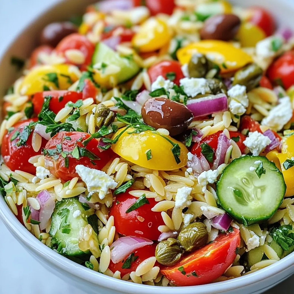 To make a tasty Mediterranean Orzo Salad, gather these ingredients: - 1 cup orzo pasta - 1 ½ cups cherry tomatoes, halved - 1 cup cucumber, diced - ½ cup red onion, finely chopped - 1 cup Kalamata olives, pitted and sliced - 1 cup feta cheese, crumbled - ½ cup fresh parsley, chopped - 2 tablespoons capers, rinsed and drained - ¼ cup extra virgin olive oil - 2 tablespoons freshly squeezed lemon juice - 1 teaspoon dried oregano - Salt and black pepper, to taste You can swap some ingredients to fit your taste. Here are a few ideas: - Use quinoa instead of orzo for a gluten-free option. - Swap cherry tomatoes for diced bell peppers for a crunch. - Try black olives if you cannot find Kalamata olives. - Use goat cheese instead of feta for a different cheese flavor. - Fresh basil can replace parsley for a twist. This salad is not just tasty; it’s also healthy. Here’s a quick look: - Calories: About 250 per serving - Protein: Approximately 8g - Carbohydrates: Around 30g - Fat: About 12g - Fiber: Roughly 3g This dish provides great energy and nutrients, making it a smart choice for meals. Enjoy your fresh and flavorful Mediterranean Orzo Salad! {{ingredient_image_2}} Start by boiling salted water in a large pot. Once it bubbles, add 1 cup of orzo pasta. Cook it for about 8 to 10 minutes. You want it to be al dente, firm but not hard. When done, drain the orzo in a colander. Rinse it under cold water to stop the cooking. In a big mixing bowl, toss together the fun ingredients. Add 1 ½ cups of halved cherry tomatoes, 1 cup of diced cucumber, and ½ cup of finely chopped red onion. Next, include 1 cup of sliced Kalamata olives and 1 cup of crumbled feta cheese. Don’t forget ½ cup of chopped fresh parsley and 2 tablespoons of rinsed capers. Gently mix everything to blend the colors and flavors. Grab a small bowl to make the dressing. Whisk together ¼ cup of extra virgin olive oil and 2 tablespoons of freshly squeezed lemon juice. Then, sprinkle in 1 teaspoon of dried oregano. Add salt and black pepper to taste. Taste it to make sure it has a good flavor. Now, it’s time to bring it all together. Add the cooled orzo to the bowl with the mixed veggies and feta. Drizzle the dressing over the top. Toss everything gently until the salad looks colorful and well mixed. Cover the salad and place it in the fridge. Let it chill for at least 30 minutes. This waiting time helps the flavors blend together perfectly. Serve the Mediterranean Orzo Salad in a large bowl. For a pop of color, sprinkle extra chopped parsley and some feta on top. If you want a fun way to serve it, try putting the salad in mason jars. Layer the ingredients for a lovely look! To cook orzo well, start with a large pot. Bring salted water to a boil. Add the orzo and stir gently. Cook it for 8 to 10 minutes. You want it al dente, so taste as you go. Once done, drain the orzo in a colander. Rinse it under cold water to stop the cooking. This keeps it firm and perfect for your salad. To boost the flavor of your Mediterranean Orzo Salad, consider these tips. Use fresh herbs like basil or mint for extra taste. A splash of balsamic vinegar can add depth. You can also mix in some diced bell peppers for crunch. If you like a bit of heat, add some red pepper flakes. Don’t forget to taste as you go, adjusting salt and pepper for balance. You can make this salad ahead of time. Prepare it a day in advance for the best flavor. Store it in an airtight container in the fridge. The flavors blend well when chilled. If you have leftovers, keep them in the fridge for up to three days. Just give it a good stir before serving again. If it seems dry, add a splash of olive oil and lemon juice. Pro Tips Cooking Orzo Perfectly: To achieve the perfect al dente texture, ensure you follow the package instructions precisely and taste-test a minute before the suggested time is up. Flavorful Dressing: For an extra layer of flavor, consider adding a teaspoon of Dijon mustard or a pinch of red pepper flakes to the dressing. Ingredient Variations: Feel free to customize your salad by adding other ingredients like bell peppers, artichokes, or even grilled chicken for added protein. Make-Ahead Magic: This salad tastes even better the next day, so feel free to prepare it a day in advance for optimal flavor blending. {{image_4}} You can easily boost this salad with protein. Grilled chicken adds great flavor. Simply chop it into bite-sized pieces and mix it in. Canned tuna is another fantastic option. Just drain it well and flake it into the salad. If you want a seafood twist, try adding shrimp. Cook the shrimp in olive oil until pink, then toss them in. Each of these proteins makes the salad filling and tasty. To make this salad vegetarian, simply leave out the feta cheese. You can replace it with tofu or a creamy vegan cheese. For a vegan option, use chickpeas for protein. They add a nice texture and flavor. You can also add more veggies, like bell peppers or zucchini, to keep it vibrant and fresh. This way, you still get a nutritious meal without animal products. Seasonal swaps keep this salad exciting. In spring, add fresh peas or asparagus for a pop of green. In summer, try ripe peaches or strawberries for sweetness. Autumn brings the chance to add roasted pumpkin or butternut squash. In winter, think about using kale or Brussels sprouts. These changes help you enjoy the best ingredients all year round. Plus, it makes the dish more colorful and tasty! To keep your Mediterranean Orzo Salad fresh, store it in an airtight container. This helps keep the flavors intact. Make sure to refrigerate the salad right after serving. The salad can last up to three days in the fridge. If you notice any excess liquid, drain it before serving again. This keeps the salad from getting soggy. I do not recommend freezing Mediterranean Orzo Salad. The texture of the orzo and fresh veggies changes when frozen. If you freeze it, the salad may become mushy when thawed. If you want to save a portion, store it in the fridge instead. - Orzo pasta: Uncooked, it lasts for about two years in a cool, dry place. - Cherry tomatoes: Fresh tomatoes can stay good for up to a week in the fridge. - Cucumber: It lasts about one week in the fridge. - Red onion: Whole, it can last for one to two months in a cool, dark area. - Kalamata olives: Stored in their brine, they can last up to a year. - Feta cheese: It stays good for about five days after opening, if kept in the fridge. - Fresh parsley: It stays fresh for about one week in the fridge. - Capers: They can last up to a year when stored properly in the fridge. - Olive oil: It stays fresh for about six months after opening, if stored in a cool, dark place. - Lemon juice: Fresh juice lasts for about three to four days in the fridge. By following these storage tips, you can enjoy your Mediterranean Orzo Salad longer! Orzo is a small, rice-shaped pasta. It cooks quickly and has a soft bite. You can find it in many dishes, especially in salads. Its unique shape makes it fun to eat and easy to mix with other ingredients. Yes, you can prepare this salad ahead of time. Making it a few hours early allows the flavors to blend well. Just keep it in the fridge until you’re ready to serve. If you make it the night before, the taste will be even better. This salad pairs well with grilled chicken or fish. You can also serve it with pita bread and hummus. A light soup can make a great starter too. It’s a perfect side for summer picnics or barbecues. Absolutely! Mediterranean Orzo Salad is great for meal prep. It stores well in containers and stays fresh for several days. Just remember to keep the dressing separate if you want it crisp. You can easily grab it for lunch or dinner throughout the week. This blog post showed you how to make Mediterranean Orzo Salad. We covered the ingredients, how to cook orzo, and mix in vegetables. You learned how to prepare a tasty dressing and tips for perfecting the dish. We explored variations to fit your taste and shared storage tips to keep leftovers fresh. In short, this salad is simple to make and full of flavor. Enjoy your cooking!