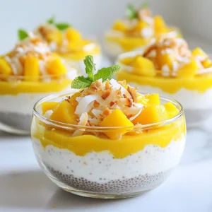 - 1/2 cup chia seeds - 2 cups coconut milk (canned or carton) - 1 ripe mango, peeled and pureed - 2 tablespoons maple syrup (or honey) - 1 teaspoon vanilla extract - A pinch of sea salt Chia seeds are the star of this recipe. They soak up liquid and become soft. This makes the pudding thick and creamy. I love using coconut milk for its rich flavor. You can use canned or carton coconut milk. Both work great. Next, we have ripe mango. Make sure it is sweet and juicy. Peel it and blend until smooth. This will give the pudding a fresh and fruity taste. For sweetness, I often use maple syrup or honey. They add a nice touch of flavor without being too overpowering. A dash of vanilla extract brings warmth to the dish. Finally, a pinch of sea salt enhances the sweetness. It balances the flavors well. - Fresh mango slices - Toasted coconut flakes - Fresh mint leaves Toppings add fun and flair! Fresh mango slices are colorful and tasty. They give a burst of flavor. Toasted coconut flakes add crunch and texture. They also look beautiful on top of the pudding. Lastly, fresh mint leaves are a great garnish. They offer a refreshing aroma and bright color. You can mix and match toppings for your perfect bowl. Enjoy every layer of flavor you create! {{ingredient_image_2}} - Combining Chia Seeds and Coconut Milk First, take a medium bowl. Add 1/2 cup of chia seeds. Pour in 2 cups of coconut milk. Stir well. This helps prevent clumps of chia. You want a smooth mixture. - Adding Mango Puree and Sweeteners Next, add the mango puree. Use 1 ripe mango, peeled and pureed until smooth. Add 2 tablespoons of maple syrup for sweetness. If you prefer, you can use honey. Stir in 1 teaspoon of vanilla extract and a pinch of sea salt. Mix everything until it looks even and no lumps remain. - Covering the Mixture for Optimal Creaminess After mixing, cover the bowl with plastic wrap. If you like, you can also use individual jars. This keeps the mixture fresh and creamy. - Recommended Chilling Time Place it in the fridge. Let it chill for at least 4 hours. For the best texture, leave it overnight. This helps the chia seeds absorb the liquid and swell. - Plating and Presentation Tips When ready to serve, take the pudding out. Give it a gentle stir to break any clumps. Spoon the pudding into decorative bowls or clear glasses. This showcases the creamy texture and vibrant colors. - Garnishing Ideas for Appeal For a beautiful finish, add fresh mango slices on top. Sprinkle some toasted coconut flakes for crunch. A sprig of mint leaves adds a nice touch with its color and scent. Consider drizzling extra mango puree for extra brightness! To get the best texture in your mango coconut chia pudding, mixing is key. Chia seeds can clump together, so stir them well into the coconut milk. This step is important. Make sure there are no dry seeds left. I like to use a whisk for this task. It helps break up clumps easily. Chilling time matters too. For the pudding to get creamy, refrigerate for at least four hours. If you have time, let it sit overnight. This will help the chia seeds swell and soak up the milk. The longer it chills, the better the texture. Sweetness can change your pudding's taste. Using maple syrup gives a rich flavor. Honey is a great alternative too. You can adjust the amount based on your taste. If you want it sweeter, just add a bit more. Don't stop at mango! You can mix in other flavors. Try adding a scoop of nut butter for creaminess. You could even add a pinch of cinnamon for warmth. Experimenting can lead to fun discoveries. Each time you make it, you can create something new and exciting! Pro Tips Use Ripe Mangoes: Choose mangoes that are slightly soft to the touch and have a sweet aroma for the best flavor in your pudding. Experiment with Sweeteners: Feel free to adjust the sweetness according to your taste by using more or less maple syrup or honey. Chill Longer for Best Results: For a creamier texture, let the chia pudding sit overnight in the refrigerator. Garnish Creatively: Add other toppings like berries or nuts for additional flavors and textures that complement the pudding. {{image_4}} You can switch up the flavor of your mango coconut chia pudding easily. Use other pureed fruits for a fun twist. Here are some ideas: - Banana: Adds a creamy texture and sweetness. - Papaya: Offers a tropical touch with a smooth taste. - Berry Mix: Blend strawberries, blueberries, or raspberries for a tangy kick. You can also pick seasonal fruits to keep it fresh. For instance: - Peaches in summer for a juicy burst. - Pumpkin puree in fall for a warm flavor. - Pineapple in spring for a tropical vibe. If you want to adapt the recipe for dietary needs, here are some great options. For vegan modifications, simply use maple syrup instead of honey. This keeps your pudding plant-based while still adding sweetness. If you want lower sugar, cut the maple syrup to one tablespoon or skip it altogether. The ripe mango already adds natural sweetness. You can also use unsweetened coconut milk to reduce sugar intake. How long can it be stored? You can keep mango coconut chia pudding in the fridge for up to five days. After that, the texture and taste may change. If it smells off, it’s best to toss it out. Tips for maintaining freshness - Store the pudding in airtight containers. - Make sure to keep it covered to avoid drying out. - Stir before serving to mix any separated layers. Can you freeze chia pudding? Yes, you can freeze chia pudding! It freezes well and can last for up to three months. Just note that the texture may change a bit after thawing. Best practices for freezing - Use freezer-safe containers or jars. - Leave some space at the top for expansion. - Thaw in the fridge overnight before eating. Chia pudding can last for about 5 days in the fridge. Store it in airtight containers to keep it fresh. The flavors get better each day, so it's great for meal prep! Yes, you can use any milk you prefer. Almond milk, oat milk, or soy milk all work well. Each type will change the flavor a bit, so choose what you like best. Absolutely! Chia pudding is perfect for meal prep. Make a big batch and store it in jars. You can grab one for breakfast or a snack all week long. - Additional Common Questions on Chia Pudding Feel free to ask about flavor changes or toppings. You can mix it up with your favorite fruits or nuts. Chia pudding is fun and easy to customize! This blog post covered how to make delicious chia pudding. We explored key ingredients like chia seeds, coconut milk, and ripe mango. I shared tips for perfect texture, different variations, and storage advice. Chia pudding is easy to customize and fun to make. With a few simple steps, you'll create a tasty treat that fits your diet. Enjoy experimenting with flavors and toppings. You'll impress everyone with your chia pudding skills!