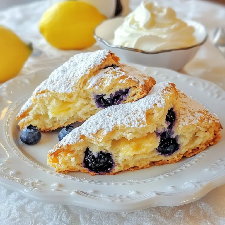 To make delicious blueberry lemon scones, gather these simple ingredients: - 2 cups all-purpose flour - 1/4 cup granulated sugar - 1 tablespoon baking powder - 1/2 teaspoon sea salt - 1/2 cup unsalted butter, chilled and cubed - 1 cup fresh blueberries, rinsed and drained - Zest of 1 medium lemon - 1/2 cup heavy cream - 1 large egg, at room temperature - 1 teaspoon pure vanilla extract - 1 tablespoon freshly squeezed lemon juice You can swap ingredients easily if needed. Here are some ideas: - Use whole wheat flour instead of all-purpose flour for more fiber. - Coconut sugar can replace granulated sugar for a different sweetness. - Baking soda can work if you don’t have baking powder. Use 1/2 teaspoon of baking soda plus 1/2 teaspoon of vinegar. - For non-dairy, use vegan butter and almond milk instead of heavy cream. - You can skip the egg by using a flaxseed meal mix (1 tablespoon flaxseed meal + 2.5 tablespoons water). Fresh blueberries give the best taste and texture. They burst with flavor as they bake. If you use frozen blueberries, don’t thaw them first. Add them straight from the freezer to the dough. This way, they hold their shape better. Just keep in mind that the scones may take a minute longer to bake. {{ingredient_image_2}} Start by preheating your oven to 400°F (200°C). This step is key for a great rise. Next, line a baking sheet with parchment paper. This makes cleanup easy and helps your scones bake evenly. In a large bowl, add 2 cups of all-purpose flour, 1/4 cup of granulated sugar, 1 tablespoon of baking powder, and 1/2 teaspoon of sea salt. Whisk these ingredients together well. This ensures that the baking powder and salt mix evenly into the flour. In another bowl, whisk together 1/2 cup of heavy cream, 1 large egg, 1 teaspoon of pure vanilla extract, and 1 tablespoon of freshly squeezed lemon juice. Make sure this mixture is smooth and well-combined. This mix adds moisture and flavor to the scones. Now, add the cold, cubed butter to the flour mix. Use your fingertips or a pastry cutter to blend in the butter until it looks like coarse crumbs. Then, gently fold in 1 cup of fresh blueberries and the zest of 1 lemon. Next, pour the wet mix into the dry mix. Stir just until combined; don’t overmix! Lightly flour a clean surface and knead the dough a few times. Shape it into a 1-inch thick circle. Cut the dough into 8 wedges and place them on the baking sheet with space between each. Bake for 15-20 minutes. The scones should turn golden brown. A toothpick should come out clean when inserted in the middle. Let them cool slightly on a wire rack before serving. Enjoy the delightful taste of blueberry and lemon in every bite! To get the right texture, start with cold butter. It helps create flaky layers. Cut the butter into small cubes before adding it to the flour mix. Use your fingers or a pastry cutter to mix until it looks like coarse crumbs. The small butter pieces will melt while baking, making the scones fluffy. When mixing your ingredients, be gentle. Overmixing can make the scones tough. Combine the dry ingredients first, then add the wet ones. Stir just until everything comes together. It’s okay if the dough looks a bit rough. You can knead it lightly to form a circle. Aim for a thickness of about one inch for even baking. Make your scones look extra special. Once they cool, dust them lightly with powdered sugar. Serve them with clotted cream or lemon curd for a tasty twist. You could also add fresh berries on the side to make the plate pop. These little touches will impress your guests and make your scones shine! Pro Tips Use Cold Ingredients: Ensure your butter and cream are chilled to create a flaky texture in your scones. Gently Fold the Blueberries: To avoid mashing, gently fold the blueberries into the dough to keep them intact for bursts of flavor. Don’t Overmix: Mix the dough just until combined; overmixing can lead to tough scones. Brush with Cream: For a golden crust, brush the tops of the scones with a little heavy cream before baking. {{image_4}} You can add nuts or spices to your blueberry lemon scones. Walnuts or pecans add a nice crunch. Simply chop them coarsely and fold them into the dough with the blueberries. If you prefer spices, try adding cinnamon or cardamom. A pinch of either spice can add warmth and depth to your scones. Just mix in about 1/2 teaspoon for a noticeable flavor without overpowering the lemon and blueberry. Blueberries are lovely, but you can swap them for other fruits. Raspberries, blackberries, or diced strawberries work well. Each fruit brings a unique flavor to the scone. If using larger fruits like strawberries, chop them into smaller pieces. This keeps the texture light and fluffy. The result is a delicious twist on the classic recipe that you can enjoy any time! A lemon glaze can elevate your scones even more. To make it, mix powdered sugar with fresh lemon juice. Aim for a thick yet pourable consistency. Start with one cup of powdered sugar and add lemon juice little by little. Drizzle this glaze over warm scones for a sweet and tart finish. This adds shine and a burst of citrus flavor that perfectly complements the scones. To keep your scones fresh, place them in an airtight container. You can also wrap them in plastic wrap to keep moisture in. Store them at room temperature for up to two days. If you want to enjoy them longer, consider freezing. To freeze scones, place them in a single layer on a baking sheet. Put them in the freezer for about an hour until they are firm. Once frozen, transfer them to a freezer-safe bag. Be sure to label the bag with the date. Frozen scones can last up to three months. To reheat scones, preheat your oven to 350°F (175°C). Place the scones on a baking sheet lined with parchment paper. Heat them for about 10 minutes. You can also microwave them for 15 to 20 seconds. Enjoy your warm, fluffy scones just like fresh! Yes, you can make these scones ahead of time. You can prepare the dough and shape it into wedges. Wrap the wedges tightly in plastic wrap and store them in the fridge. Bake them within 24 hours for the best results. You can also freeze the unbaked scones. Just place them on a baking sheet and freeze until firm. Once frozen, transfer them to a bag. When you're ready to bake, add a few extra minutes to the baking time. Dense scones often result from overmixing the dough. When you mix too much, you develop the gluten in the flour. This makes the scones tough instead of light and flaky. Also, ensure your baking powder is fresh. If it’s old, it won’t rise properly. Lastly, be careful with the butter. It should be cold and cubed. This helps create a flaky texture. Absolutely! You can use non-dairy milk instead of heavy cream. Almond, soy, or oat milk work well. Choose a milk that is rich to keep the scones moist. For butter, use coconut oil or a vegan butter substitute. These options will still give you a delicious scone without dairy. Just remember to keep the measurements the same for the best results. To sum up, we covered key ingredients for blueberry scones and tips for success. You learned how to prep, mix, and bake to achieve the perfect texture. We discussed creative variations and how to store your scones. Remember, fresh and frozen blueberries both work well, but choose what you like. With these guidelines, you can bake scones that impress. Enjoy sharing them with friends and family! Your baking journey starts now.