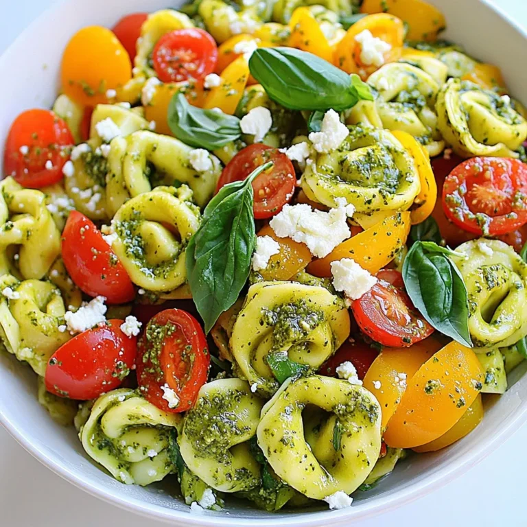 To make a vibrant pesto tortellini pasta salad, gather these simple ingredients: - 12 oz cheese tortellini - 1 cup cherry tomatoes, halved - 1 cup bell peppers, diced (a mix of colors adds fun) - 1 cup fresh spinach, roughly chopped - ½ cup black olives, pitted and sliced - ½ cup feta cheese, crumbled - ½ cup pesto sauce (homemade or store-bought) - 2 tablespoons extra virgin olive oil - Salt and freshly ground black pepper, to taste - Fresh basil leaves, for garnish Fresh pesto has a bright, rich flavor. It uses fresh basil, garlic, pine nuts, Parmesan, and olive oil. Making it at home allows for full control over the taste. I love to whip up a batch and store it for quick meals. Store-bought pesto is quick and easy. It still offers great taste but lacks the fresh zing of homemade. Choose what suits your time and taste best. Feel free to mix it up! Here are some ideas: - Swap cheese tortellini for a gluten-free version. - Try sun-dried tomatoes instead of fresh ones for a deeper flavor. - Use arugula or kale in place of spinach for a peppery bite. - Add grilled chicken or chickpeas for extra protein. - For a vegan option, replace feta with tofu or nutritional yeast. These swaps let you create a salad that fits your taste and dietary needs. {{ingredient_image_2}} Bring a large pot of salted water to a boil. Once boiling, add 12 oz of cheese tortellini. Cook them according to the package instructions, usually 5 to 7 minutes. You want them al dente, firm but tender. While the tortellini cooks, grab a large mixing bowl. Add 1 cup of halved cherry tomatoes, 1 cup of diced bell peppers, 1 cup of roughly chopped fresh spinach, and ½ cup of sliced black olives. Crumble ½ cup of feta cheese on top for added flavor. After draining the tortellini, rinse them under cold water to stop the cooking. Gently add the cooled tortellini to the bowl with the vegetables. Drizzle ½ cup of pesto sauce and 2 tablespoons of extra virgin olive oil over the mix. Season with salt and freshly ground black pepper to taste. Use a large spatula to toss the salad gently. Make sure everything is mixed well and the tortellini is coated in pesto. Cover the bowl and chill it in the fridge for at least 30 minutes. This lets the flavors blend. When ready to serve, give it a quick toss and garnish with fresh basil leaves for a nice touch. To cook tortellini just right, start with a large pot of salted water. Bring it to a boil. Add the tortellini and cook as the package says, usually 5-7 minutes. Check the texture; it should be firm but tender, known as al dente. Once cooked, drain the tortellini and rinse it under cold water. This stops the cooking process and keeps it from getting mushy. To elevate your pesto tortellini pasta salad, think about adding fresh herbs. Chopped parsley or dill can bring bright flavors. A squeeze of fresh lemon juice adds zing and balances the rich pesto. When seasoning, add salt and freshly ground black pepper carefully. Taste as you go to find the right balance. You can also mix in some red pepper flakes for a gentle heat. Presentation matters! Serve your salad in a big, shallow bowl. This way, everyone can see the colorful ingredients. Add a few whole basil leaves on top as a garnish. This not only looks nice but also adds extra flavor. You might also sprinkle some extra feta cheese for a creamy touch. A drizzle of olive oil over the top can make it shine and look fresh. Pro Tips Use Fresh Ingredients: Always opt for the freshest vegetables and herbs you can find. Fresh produce enhances the overall flavor of the salad and makes it more vibrant. Customize Your Pesto: If you have time, try making your own pesto with different nuts or herbs. This allows you to tailor the flavors to your liking and adds a personal touch. Let It Chill: Allowing the pasta salad to chill for at least 30 minutes before serving lets the flavors meld together, resulting in a tastier dish. Garnish for Presentation: Adding fresh basil leaves or a sprinkle of extra feta just before serving not only enhances the visual appeal but also adds a burst of flavor. {{image_4}} If you're looking for gluten-free choices, many brands offer gluten-free tortellini. These are usually made from rice or corn flour. Check your local store for options. You can also make your own using gluten-free flour blends. This way, you enjoy the same great taste without the gluten. To make this dish vegan, swap the cheese tortellini for a vegan version. You can find these at many grocery stores. For pesto, use a vegan brand or make your own without cheese. Blend basil, nuts, garlic, and olive oil for a tasty alternative. Also, replace feta cheese with tofu or a vegan feta for added texture. You can change ingredients based on the season. In summer, add sweet corn or zucchini. In fall, try roasted butternut squash or kale. Seasonal swaps keep the dish fresh and exciting. Plus, they enhance flavor and nutrition, making each bite a delight. To store leftover pesto tortellini pasta salad, place it in an airtight container. This keeps the salad fresh and safe. Make sure to press out any air before sealing. You can also cover the bowl with plastic wrap if you don’t have a container. Refrigerate the salad right after serving to maintain its flavor and texture. This salad is best served cold. If you want to enjoy it warm, gently reheat it on low heat. Make sure to stir often to avoid burning. You can also add a little olive oil if it feels dry. If you serve it cold, give it a quick toss to mix the flavors. This keeps the taste fresh and vibrant. When stored properly, pesto tortellini salad lasts about 3-5 days in the fridge. The tortellini and vegetables stay good for a while, but the feta and pesto may lose flavor over time. If you use homemade pesto, it could last about a week in the fridge. Always check for any signs of spoilage before eating. Yes, you can make this salad ahead of time. It tastes even better after chilling in the fridge. I suggest you prepare it a few hours before serving. This allows the flavors to blend well. Just make sure to cover it tightly to keep it fresh. For this recipe, I recommend using basil pesto. It adds a fresh and bright flavor. You can use store-bought pesto for convenience. Homemade pesto also works great if you want a personal touch. Just make sure it’s smooth and flavorful. To prevent the tortellini from sticking, rinse them under cold water after cooking. This cools them down and stops cooking. Tossing them with a little olive oil can also help. Make sure to separate any that stick together gently. Absolutely! If you want to switch things up, try using mozzarella or goat cheese. Both add a nice flavor and texture. Just remember to crumble or slice them into small pieces. This helps blend their taste with the other ingredients. This blog post covered all you need for a great tortellini salad. We talked about choosing fresh or store-bought pesto, customizing your dish with alternative ingredients, and step-by-step cooking instructions. You now have tips for perfect tortellini and serving ideas. Plus, we looked at gluten-free and vegan options, storage tips, and answered common questions. Remember, this salad is easy to make and fun to customize. Enjoy your cooking adventure!