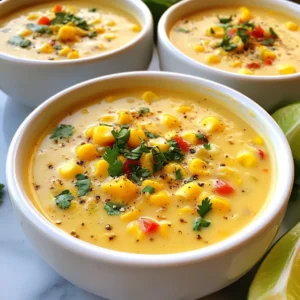 - 4 cups fresh or frozen corn kernels - 1 medium onion, diced - 2 cloves garlic, minced - 2 medium potatoes, diced - 1 red bell pepper, diced - 1 green chili, minced (optional for extra heat) - 4 cups vegetable broth - 1 cup heavy cream or coconut milk (for a dairy-free option) - 1 teaspoon ground cumin - 1 teaspoon smoked paprika - Salt and pepper to taste - 2 tablespoons olive oil - Fresh cilantro or parsley, for garnish - Lime wedges, for serving Each ingredient brings its own magic to the chowder. Fresh or frozen corn adds sweetness and texture. Diced onion and minced garlic build the base flavor. Diced potatoes give heartiness, while red bell pepper adds color and more taste. The green chili is optional, but it adds nice heat if you like spice. For flavor, vegetable broth makes the chowder rich and savory. Heavy cream or coconut milk creates that creamy texture we crave. Ground cumin and smoked paprika add depth and warmth. Finally, fresh herbs and lime wedges brighten the dish and make it feel fresh. Each spoonful delivers comfort and joy. {{ingredient_image_2}} Start by warming two tablespoons of olive oil in a large pot over medium heat. Once the oil is hot, add one diced onion. Sauté the onion for about five minutes, stirring often. You want the onion to turn soft and translucent. Next, add two minced garlic cloves to the pot. Cook for one to two minutes until the garlic smells fragrant. Now, it’s time to add some color and flavor. Toss in one diced red bell pepper and, if you like heat, add one minced green chili. Sauté these for three to four minutes. You’ll see the bell pepper soften nicely. Then, mix in four cups of corn kernels and two diced potatoes. Stir everything well to combine. To enhance the taste, sprinkle in one teaspoon of ground cumin, one teaspoon of smoked paprika, and salt and pepper to your liking. Pour in four cups of vegetable broth, bringing the mixture to a boil. Once boiling, lower the heat and let it simmer for 15 to 20 minutes. You want the potatoes to be tender enough to pierce with a fork. For that smooth texture, use an immersion blender to blend the chowder directly in the pot. If you prefer, you can use a regular blender. Just make sure to let the chowder cool a bit before blending it in batches. Blend until you reach your desired texture, keeping some chunks for added interest. If you used a regular blender, return the blended chowder to the pot. Now, gently mix in one cup of heavy cream or coconut milk. Heat it through for another five minutes. This step adds a rich creaminess that makes the chowder extra special. Finally, ladle the warm chowder into bowls. For a beautiful finish, garnish each serving with a sprinkle of reserved corn, a sprig of fresh cilantro or parsley, and a squeeze of lime juice. This brightens the flavor and makes the dish look inviting. Enjoy your creamy Southwest corn chowder! To make your chowder creamy, blend it well. Use an immersion blender for smoothness. If you want some chunks, blend just half. If you prefer a richer taste, add more cream. Start with a cup, then adjust as you like. Taste your chowder while cooking. This helps you find the right flavors. If it feels flat, add more salt or spices. A squeeze of lime juice brightens the taste. It adds a nice zing that balances the creaminess. Serve your chowder in colorful bowls. Bright colors make it look fun and inviting. For garnishing, add a sprinkle of reserved corn on top. A sprig of cilantro or parsley adds freshness. Don’t forget lime wedges on the side for extra flair! Pro Tips Use Fresh Corn: If possible, use fresh corn kernels for the best flavor. If using frozen, ensure they are thawed for even cooking. Adjust the Heat: For a spicier chowder, add more minced green chili or a dash of cayenne pepper according to your taste preference. Texture Variation: Blend only half the chowder for a creamy base while leaving some chunks of vegetables for added texture. Garnish Creatively: Experiment with different garnishes like avocado slices or crispy tortilla strips for an extra crunch and flavor contrast. {{image_4}} You can make this chowder dairy-free easily. Just swap heavy cream for coconut milk. Coconut milk gives a rich, creamy taste. It also adds a hint of sweetness. If you want more options, try almond milk or oat milk. These will still keep the soup rich and tasty. Do you like a little spice? Add more green chilies to the mix. You can also sprinkle in some cayenne pepper for extra heat. If you want a quick kick, splash in your favorite hot sauce. This will give your chowder that fiery touch. Feel free to get creative with your ingredients. You can add different vegetables, like carrots or zucchini. Want more protein? Chickpeas or shredded chicken work great. If you want a heartier meal, swap out potatoes for quinoa or rice. These swaps will keep the dish interesting and tasty. To store leftover chowder, let it cool first. Place it in an airtight container. I like using glass containers as they seal well and won’t absorb smells. Make sure to cover it tightly to keep the chowder fresh. This way, you can enjoy it later. If you want to freeze your chowder, first cool it completely. Use freezer-safe containers or heavy-duty freezer bags. Leave some space at the top of the container. The chowder will expand when frozen. When you’re ready to eat, thaw the chowder in the fridge overnight. To reheat, warm it on the stove over low heat. Stir well to get an even temperature. In the fridge, your chowder lasts about 3 to 4 days. In the freezer, it can stay good for up to 3 months. Always check for signs of spoilage before eating. If it smells off or has a strange color, it’s best to throw it away. To add heat to your chowder, use more green chili. You can also add red pepper flakes or a dash of hot sauce. Cook these with the onions and garlic for more flavor. Start with small amounts. You can always add more later. Yes, you can make this chowder a day in advance. Prepare it and let it cool. Store it in an airtight container in the fridge. Reheat it on the stove before serving. This allows the flavors to blend well. Yes, this recipe is gluten-free. All the ingredients, like corn, broth, and cream, are safe for a gluten-free diet. Just make sure your vegetable broth is labeled gluten-free. Pair the chowder with crusty bread or tortilla chips. A side salad also works well. For a fun twist, serve it with avocado slices or fresh salsa. Each adds great flavor. This blog post shared how to make a delicious Southwest Corn Chowder. We explored basic ingredients like corn, onion, and garlic. I included steps for cooking, blending, and serving. You learned tips for creaminess and seasoning. Variations and storage methods helped you adapt the recipe. Remember, you can always adjust flavors and ingredients to fit your taste. This chowder is versatile and perfect for all occasions. Enjoy cooking and celebrating flavors in your kitchen!