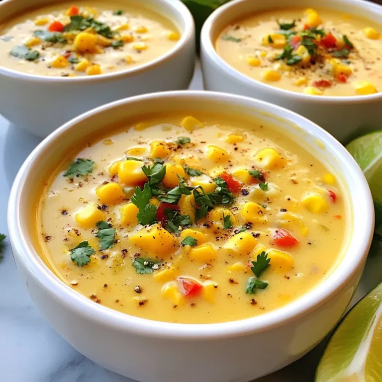 - 4 cups fresh or frozen corn kernels - 1 medium onion, diced - 2 cloves garlic, minced - 2 medium potatoes, diced - 1 red bell pepper, diced - 1 green chili, minced (optional for extra heat) - 4 cups vegetable broth - 1 cup heavy cream or coconut milk (for a dairy-free option) - 1 teaspoon ground cumin - 1 teaspoon smoked paprika - Salt and pepper to taste - 2 tablespoons olive oil - Fresh cilantro or parsley, for garnish - Lime wedges, for serving Each ingredient brings its own magic to the chowder. Fresh or frozen corn adds sweetness and texture. Diced onion and minced garlic build the base flavor. Diced potatoes give heartiness, while red bell pepper adds color and more taste. The green chili is optional, but it adds nice heat if you like spice. For flavor, vegetable broth makes the chowder rich and savory. Heavy cream or coconut milk creates that creamy texture we crave. Ground cumin and smoked paprika add depth and warmth. Finally, fresh herbs and lime wedges brighten the dish and make it feel fresh. Each spoonful delivers comfort and joy. {{ingredient_image_2}} Start by warming two tablespoons of olive oil in a large pot over medium heat. Once the oil is hot, add one diced onion. Sauté the onion for about five minutes, stirring often. You want the onion to turn soft and translucent. Next, add two minced garlic cloves to the pot. Cook for one to two minutes until the garlic smells fragrant. Now, it’s time to add some color and flavor. Toss in one diced red bell pepper and, if you like heat, add one minced green chili. Sauté these for three to four minutes. You’ll see the bell pepper soften nicely. Then, mix in four cups of corn kernels and two diced potatoes. Stir everything well to combine. To enhance the taste, sprinkle in one teaspoon of ground cumin, one teaspoon of smoked paprika, and salt and pepper to your liking. Pour in four cups of vegetable broth, bringing the mixture to a boil. Once boiling, lower the heat and let it simmer for 15 to 20 minutes. You want the potatoes to be tender enough to pierce with a fork. For that smooth texture, use an immersion blender to blend the chowder directly in the pot. If you prefer, you can use a regular blender. Just make sure to let the chowder cool a bit before blending it in batches. Blend until you reach your desired texture, keeping some chunks for added interest. If you used a regular blender, return the blended chowder to the pot. Now, gently mix in one cup of heavy cream or coconut milk. Heat it through for another five minutes. This step adds a rich creaminess that makes the chowder extra special. Finally, ladle the warm chowder into bowls. For a beautiful finish, garnish each serving with a sprinkle of reserved corn, a sprig of fresh cilantro or parsley, and a squeeze of lime juice. This brightens the flavor and makes the dish look inviting. Enjoy your creamy Southwest corn chowder! To make your chowder creamy, blend it well. Use an immersion blender for smoothness. If you want some chunks, blend just half. If you prefer a richer taste, add more cream. Start with a cup, then adjust as you like. Taste your chowder while cooking. This helps you find the right flavors. If it feels flat, add more salt or spices. A squeeze of lime juice brightens the taste. It adds a nice zing that balances the creaminess. Serve your chowder in colorful bowls. Bright colors make it look fun and inviting. For garnishing, add a sprinkle of reserved corn on top. A sprig of cilantro or parsley adds freshness. Don’t forget lime wedges on the side for extra flair! Pro Tips Use Fresh Corn: If possible, use fresh corn kernels for the best flavor. If using frozen, ensure they are thawed for even cooking. Adjust the Heat: For a spicier chowder, add more minced green chili or a dash of cayenne pepper according to your taste preference. Texture Variation: Blend only half the chowder for a creamy base while leaving some chunks of vegetables for added texture. Garnish Creatively: Experiment with different garnishes like avocado slices or crispy tortilla strips for an extra crunch and flavor contrast. {{image_4}} You can make this chowder dairy-free easily. Just swap heavy cream for coconut milk. Coconut milk gives a rich, creamy taste. It also adds a hint of sweetness. If you want more options, try almond milk or oat milk. These will still keep the soup rich and tasty. Do you like a little spice? Add more green chilies to the mix. You can also sprinkle in some cayenne pepper for extra heat. If you want a quick kick, splash in your favorite hot sauce. This will give your chowder that fiery touch. Feel free to get creative with your ingredients. You can add different vegetables, like carrots or zucchini. Want more protein? Chickpeas or shredded chicken work great. If you want a heartier meal, swap out potatoes for quinoa or rice. These swaps will keep the dish interesting and tasty. To store leftover chowder, let it cool first. Place it in an airtight container. I like using glass containers as they seal well and won’t absorb smells. Make sure to cover it tightly to keep the chowder fresh. This way, you can enjoy it later. If you want to freeze your chowder, first cool it completely. Use freezer-safe containers or heavy-duty freezer bags. Leave some space at the top of the container. The chowder will expand when frozen. When you’re ready to eat, thaw the chowder in the fridge overnight. To reheat, warm it on the stove over low heat. Stir well to get an even temperature. In the fridge, your chowder lasts about 3 to 4 days. In the freezer, it can stay good for up to 3 months. Always check for signs of spoilage before eating. If it smells off or has a strange color, it’s best to throw it away. To add heat to your chowder, use more green chili. You can also add red pepper flakes or a dash of hot sauce. Cook these with the onions and garlic for more flavor. Start with small amounts. You can always add more later. Yes, you can make this chowder a day in advance. Prepare it and let it cool. Store it in an airtight container in the fridge. Reheat it on the stove before serving. This allows the flavors to blend well. Yes, this recipe is gluten-free. All the ingredients, like corn, broth, and cream, are safe for a gluten-free diet. Just make sure your vegetable broth is labeled gluten-free. Pair the chowder with crusty bread or tortilla chips. A side salad also works well. For a fun twist, serve it with avocado slices or fresh salsa. Each adds great flavor. This blog post shared how to make a delicious Southwest Corn Chowder. We explored basic ingredients like corn, onion, and garlic. I included steps for cooking, blending, and serving. You learned tips for creaminess and seasoning. Variations and storage methods helped you adapt the recipe. Remember, you can always adjust flavors and ingredients to fit your taste. This chowder is versatile and perfect for all occasions. Enjoy cooking and celebrating flavors in your kitchen!