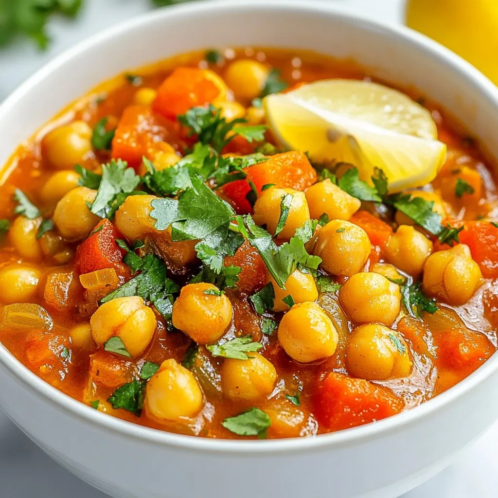 To make a delicious Moroccan Chickpea Stew, you need: - 2 cans (15 oz each) chickpeas, drained and rinsed - 1 medium onion, finely chopped - 3 cloves garlic, minced - 1 medium carrot, peeled and diced - 1 medium zucchini, diced - 1 red bell pepper, diced - 1 cup diced tomatoes (canned or fresh) - 4 cups vegetable broth - 2 tablespoons extra virgin olive oil - Salt and freshly ground black pepper, to taste - Fresh cilantro or parsley, for garnish - Lemon wedges, for serving These ingredients create a hearty base full of flavor and texture. You can customize your stew with these ingredients: - Sweet potatoes for added sweetness - Kale or spinach for extra greens - Cauliflower for a different texture - Chickpea flour to thicken the stew - Coconut milk for creaminess Feel free to mix and match these options to suit your taste. Spices are key to Moroccan cooking. Here are the main ones used in this stew: - 2 teaspoons ground cumin: Adds warmth and depth. - 2 teaspoons ground coriander: Offers a fresh, citrus-like flavor. - 1 teaspoon paprika: Brings a mild sweetness and color. - 1 teaspoon ground cinnamon: Gives a warm, sweet note. - 1/2 teaspoon cayenne pepper: Adds heat; adjust to your liking. These spices not only enhance flavor but also create a comforting aroma that fills your kitchen. {{ingredient_image_2}} Start by gathering your vegetables. You will need one medium onion, one carrot, one zucchini, and one red bell pepper. Chop the onion finely. Peel and dice the carrot. Dice the zucchini and red bell pepper into small pieces. This will help them cook evenly. Rinse and drain two cans of chickpeas. This step is key for getting rid of excess salt and liquid. In a spacious pot, warm two tablespoons of extra virgin olive oil over medium heat. Add the finely chopped onion. Sauté for about three to four minutes. The onion should become translucent and fragrant. Next, add three minced garlic cloves. Cook for one more minute. You want to smell the garlic’s wonderful aroma. Now, it's time to add the diced carrot, zucchini, and red bell pepper. Sauté these vegetables together for five to seven minutes. Stir occasionally. You want them to become just tender. This helps bring out their natural sweetness. Once your vegetables are ready, sprinkle in two teaspoons of ground cumin, two teaspoons of ground coriander, one teaspoon of paprika, one teaspoon of ground cinnamon, and half a teaspoon of cayenne pepper. Stir well so that the spices coat the vegetables. This should take about two minutes. Next, gently fold in the diced tomatoes and drained chickpeas. Mix everything well. Pour in four cups of vegetable broth and stir again. Bring the stew to a boil. Then, lower the heat to let it simmer. Cover the pot and let it cook for 25 to 30 minutes. Stir occasionally to prevent sticking. Season with salt and freshly ground black pepper while it cooks. When the stew reaches a rich and stewy consistency, remove the pot from heat. Now, it's ready to serve! Enjoy your hearty Moroccan chickpea stew garnished with fresh cilantro or parsley, plus lemon wedges for an extra zing. To make your Moroccan Chickpea Stew truly shine, focus on your spices. Toast them in the pot before adding other ingredients. This step brings out their full flavor. Use fresh herbs like cilantro or parsley for garnish. They add a bright finish. Also, don't rush the simmering process. Letting it cook longer helps the flavors meld perfectly. One common mistake is not rinsing the chickpeas. This step removes the canning liquid, which can be salty. Avoid adding too much salt at the start. You can always add more later. Also, don’t skip the lemon wedges. They lift the dish and balance the spices. Lastly, don't let the stew sit for too long before serving. It tastes best when fresh. Serve the stew in deep bowls for a rustic feel. Top it with fresh herbs for a pop of color. Lemon wedges on the side add a zesty touch. Pair the stew with warm crusty bread for dipping. You can also serve it with fluffy couscous to soak up the sauce. These sides make the meal more filling and enjoyable. Pro Tips Enhance the Flavor: For a richer flavor, let the stew simmer longer. The longer it cooks, the more the spices will infuse into the chickpeas and vegetables. Adjust the Heat: If you prefer a milder stew, reduce or omit the cayenne pepper. Alternatively, add chopped fresh chili peppers for a fresh kick. Adding Depth: Consider adding a tablespoon of tomato paste for added depth and richness to the stew, enhancing both flavor and color. Serving Suggestions: This stew pairs wonderfully with crusty bread, rice, or couscous. You can also serve it over a bed of greens for a lighter option. {{image_4}} This Moroccan Chickpea Stew is already vegetarian and vegan. You can add more veggies for extra flavor. Try adding sweet potatoes or green beans. These will add texture and nutrition. If you want a protein boost, consider adding quinoa. It blends well and keeps it light. If you have allergies, you can still enjoy this stew. If you are allergic to chickpeas, use lentils instead. They cook fast and add great protein. For those allergic to nightshades, skip the red bell pepper and tomatoes. Use carrots and celery for a hearty base. Spices make this stew sing. You can change the flavor by adding different spices. For a smoky taste, add smoked paprika. If you want it spicy, increase the cayenne pepper. Try adding turmeric for health benefits and a golden color. Experiment and find your favorite blend! Once you finish your Moroccan chickpea stew, let it cool down. Pour the stew into an airtight container. You can keep it in the fridge for about 3 to 5 days. If you want to save it longer, freezing is a great option. Just be sure to leave some space in the container for expansion. To freeze your stew, use freezer-safe bags or containers. I recommend dividing it into individual portions. This way, you can take out just what you need. Make sure to squeeze out any air from the bags before sealing. The stew will stay fresh for up to 3 months in the freezer. When you're ready to enjoy your stew again, thaw it in the fridge overnight. You can also use the microwave to defrost it. For reheating, place the stew in a pot over medium heat. Stir it often until it's hot. If it seems too thick, add a splash of vegetable broth. Enjoy it with a fresh squeeze of lemon for that zesty kick! Moroccan Chickpea Stew is a warm and hearty dish. It features chickpeas, fresh veggies, and spices. This stew has rich flavors from cumin, coriander, and cinnamon. The chickpeas provide protein and texture. It is a great option for a comforting meal. You can serve it with bread or rice. Yes, you can make this stew in a slow cooker. Start by sautéing the onions and garlic in a pan. Then, add all the ingredients to the slow cooker. Set it on low for about 6-8 hours. This method will let the flavors blend nicely. You will still enjoy a delicious and hearty meal! You can serve Moroccan Chickpea Stew with various sides. Here are some great options: - Warm crusty bread - Fluffy couscous - Steamed rice - A fresh green salad These sides will complement the stew's flavors and make your meal complete! This article covered how to make Moroccan Chickpea Stew. We explored key ingredients, optional items for your taste, and spices that add depth. I shared step-by-step cooking instructions to ensure your stew turns out well. You learned tips to enhance flavor and avoid common mistakes. Variations, including vegetarian options, were discussed. Finally, I provided storage methods to keep leftovers fresh. With these insights, you can create a delicious and personalized stew each time. Enjoy your cooking journey!