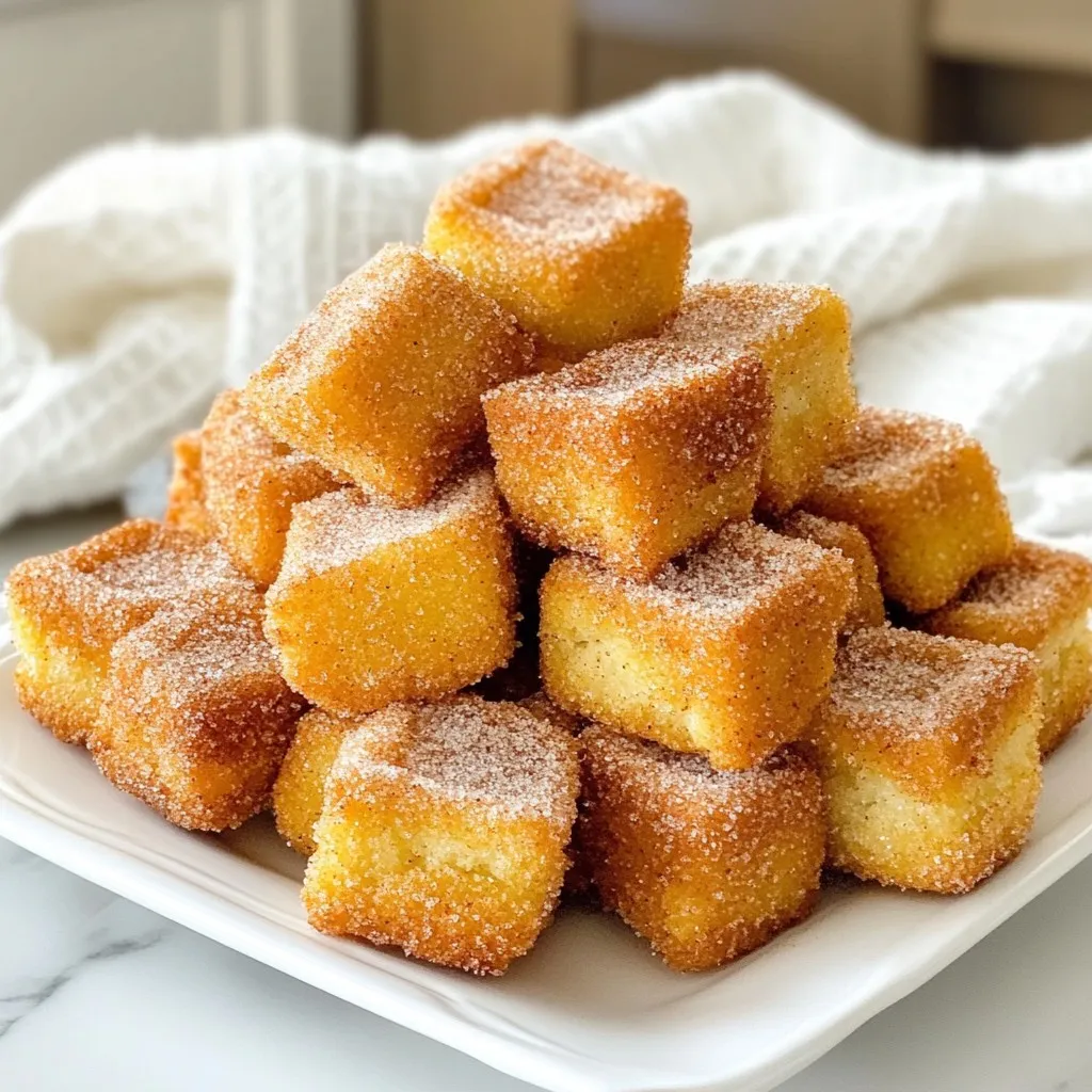 - 1 cup all-purpose flour - 1 cup water - 1/4 cup unsalted butter - 1 tablespoon granulated sugar - 1 teaspoon vanilla extract - 1/2 teaspoon salt - 1 teaspoon baking powder - 2 large eggs - 1/4 cup granulated sugar (for coating) - 1 teaspoon ground cinnamon - Air Fryer - Medium saucepan - Wooden spoon or spatula - Piping bag or resealable bag - Small bowl To make Air Fryer Churro Bites, you need simple ingredients. Start with all-purpose flour, which gives churros their structure. You will also need water and unsalted butter for a rich dough. The granulated sugar and vanilla extract add sweetness and flavor. Salt enhances all the tastes, while baking powder helps them rise. For the coating, have extra granulated sugar and ground cinnamon ready. This mixture gives churros their classic sweet and spicy finish. In terms of equipment, your Air Fryer is key. It cooks the churro bites evenly and keeps them crispy. A medium saucepan lets you mix the dough on the stove. You’ll need a wooden spoon or spatula to stir, and a piping bag to shape the churros. If you don't have a piping bag, a resealable bag works just fine. Lastly, a small bowl is needed for mixing the cinnamon sugar. With these ingredients and tools at hand, you are ready to create a tasty treat that everyone will love! {{ingredient_image_2}} - Combine water, butter, sugar, and salt in a saucepan. - Bring to a boil and stir in flour and baking powder. - Allow cooling and incorporate eggs and vanilla. Start by taking a medium saucepan. Pour in 1 cup of water, 1/4 cup of unsalted butter, 1 tablespoon of granulated sugar, and 1/2 teaspoon of salt. Heat over medium heat. Stir often until it boils. The butter should melt completely. When it boils, take the pan off the heat. Quickly stir in 1 cup of all-purpose flour and 1 teaspoon of baking powder. Use a wooden spoon to mix until a thick dough forms. Let the dough cool for about 5 minutes. Next, add in 2 large eggs. Add them one at a time. Mix well after each egg until the dough is smooth. Finally, stir in 1 teaspoon of vanilla extract to give it a nice flavor. - Preheat Air Fryer to 375°F (190°C). - Pipe the dough into 1-inch pieces in the basket. - Air fry for 8-10 minutes until golden brown. While your dough cools, preheat your Air Fryer to 375°F (190°C). This step is key for even cooking. Now, grab a piping bag. If you don't have one, use a resealable bag with one corner cut off. Fill the bag with your dough. Carefully pipe 1-inch long pieces into the Air Fryer basket. Make sure to leave space between each piece. They will puff up as they cook. You might need to work in batches if your Air Fryer is small. Air fry the churro bites for 8-10 minutes. Watch for them to turn a beautiful golden brown. This gives them a nice crunch on the outside. - Mix sugar and cinnamon for coating. - Toss cooked churro bites in the cinnamon sugar. - Serve warm for best flavor. While your churro bites cook, mix 1/4 cup of granulated sugar with 1 teaspoon of ground cinnamon in a small bowl. This will be your sweet coating. Once the churro bites are done, carefully take them out of the Air Fryer. Toss them in the cinnamon sugar mix while they are still warm. Make sure they are well-coated for that delicious sweet taste. Serve the churro bites warm for the best flavor. Enjoy the crunchy outside and soft inside with a burst of cinnamon sugar! - Ensure the dough cools properly before adding eggs. This step keeps the churros soft. - Don't overcrowd the Air Fryer basket. This helps each churro cook evenly. - Adjust frying time based on churro size. Smaller bites may need less time. - Skipping preheating may result in uneven cooking. Always preheat your Air Fryer first. - Overmixing dough after adding eggs can lead to tough churros. Mix just until smooth. - Not coating right after frying can affect sugar adherence. Coat them while they are warm for best results. Pro Tips Use Fresh Ingredients: Always ensure your butter and eggs are fresh for the best flavor and texture in your churro bites. Don’t Overcrowd the Basket: Give your churro bites enough space in the Air Fryer to allow hot air to circulate, ensuring they cook evenly and become crispy. Check for Doneness: Keep an eye on the churro bites as they cook; air fryers can vary in heat, so adjust the cooking time if necessary. Experiment with Flavors: Feel free to add different spices or extracts, like almond or orange, to the dough to customize your churro bites to your liking. {{image_4}} You can make churro bites even more fun. Try dipping them in chocolate or caramel sauce. It adds a sweet touch. If you want to change the dough a bit, add cocoa powder or spices like nutmeg. This gives you new and exciting flavors. If you need a gluten-free option, swap the all-purpose flour. Use a gluten-free flour blend instead. This will keep the churro bites soft and tasty. Everyone can enjoy them, no matter their diet. For a healthier treat, use coconut sugar instead of granulated sugar. Coconut sugar has a lower glycemic index. You can also air fry them longer. This helps cut down on extra oil and calories. Enjoying churro bites can be delicious and guilt-free! To keep your churro bites fresh, store them in an airtight container at room temperature. This helps maintain their crunchy texture. They stay good for up to 2 days. After that, they may lose some of their flavor and crunch. When you want to enjoy your churro bites again, reheat them in your Air Fryer. Set it to 350°F (175°C) and heat for about 3 to 5 minutes. This method keeps them crispy. Avoid using the microwave, as it can make them soggy and less tasty. Yes, you can make Air Fryer Churro Bites ahead of time. Store them in an airtight container at room temperature. They will stay fresh for about two days. For the best taste, reheat them in your Air Fryer at 350°F for about 3-5 minutes. This will help restore their crispiness. If you do not have a piping bag, a resealable zip-top bag works well. Just fill the bag with dough and snip one corner off. This will let you pipe the churro bites easily. The star shape will not be as perfect, but the taste will still be great! To make churro bites crispier, increase the cooking time by a minute or two. You can also raise the temperature to 400°F for the last minute of cooking. Keep an eye on them to avoid burning. Proper spacing in the Air Fryer basket also helps them crisp up nicely. Yes, Air Fryer Churro Bites are healthier than traditional churros. Traditional churros are deep-fried, which adds more calories and fat. Air frying uses hot air to cook, cutting down on oil. This method gives you a delicious treat with fewer calories. You’ve learned how to make easy and tasty Air Fryer Churro Bites. We covered key ingredients, steps to prepare, and tips for best results. Keep dough cool and don’t overcrowd the Air Fryer. Feel free to try fun flavors or healthier options too. Store extras in an airtight container and enjoy them within two days. Making churro bites at home is fun and simple. Enjoy your sweet treat!