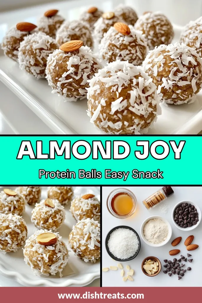 Looking for a delicious and nutritious treat? Try these Almond Joy Protein Balls! These no-bake protein snacks are perfect for a quick energy boost. With almond flour, shredded coconut, almond butter, and dark chocolate, they make healthy snack recipes that are satisfying and easy to prepare. Enjoy coconut almond protein balls anytime! Save this recipe and indulge in a tasty, guilt-free snack today! #HealthySnacks #ProteinEnergyBalls #NoBakeSnacks #AlmondJoyProteinBalls