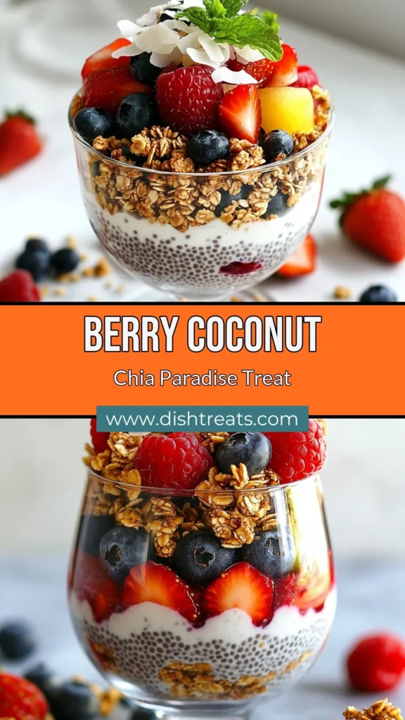 Enjoy a delicious and nutritious start to your day with this Berry Coconut Chia Parfait. This healthy breakfast parfait combines creamy chia seed pudding recipe using coconut milk, layered with fresh berries and crunchy granola. Perfect as a coconut milk dessert or a berry parfait recipe, it's great for any meal. Try this easy recipe for a refreshing treat. Save this parfait idea for your next healthy breakfast! #ChiaPudding #HealthyBreakfast #CoconutDessert #BerryParfait