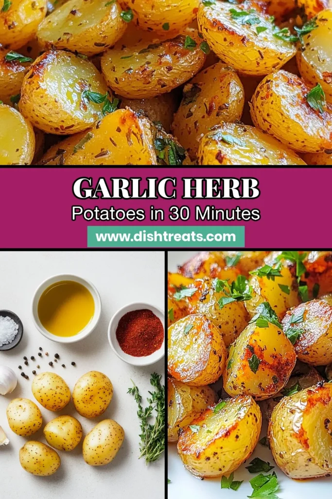 Discover the ultimate Garlic Herb Roasted Potatoes recipe! These easy roasted potatoes are so simple to make and yield crispy garlic potatoes that everyone loves. Using tender baby potatoes with garlic, seasoned perfectly with dried rosemary, thyme, and smoked paprika, you'll have the best oven roasted potatoes ready in just 40 minutes. Perfect as a side dish or snack! Save this easy roasted potato recipe for your next meal! #RoastedPotatoes #GarlicHerb #PotatoRecipes #EasyCooking