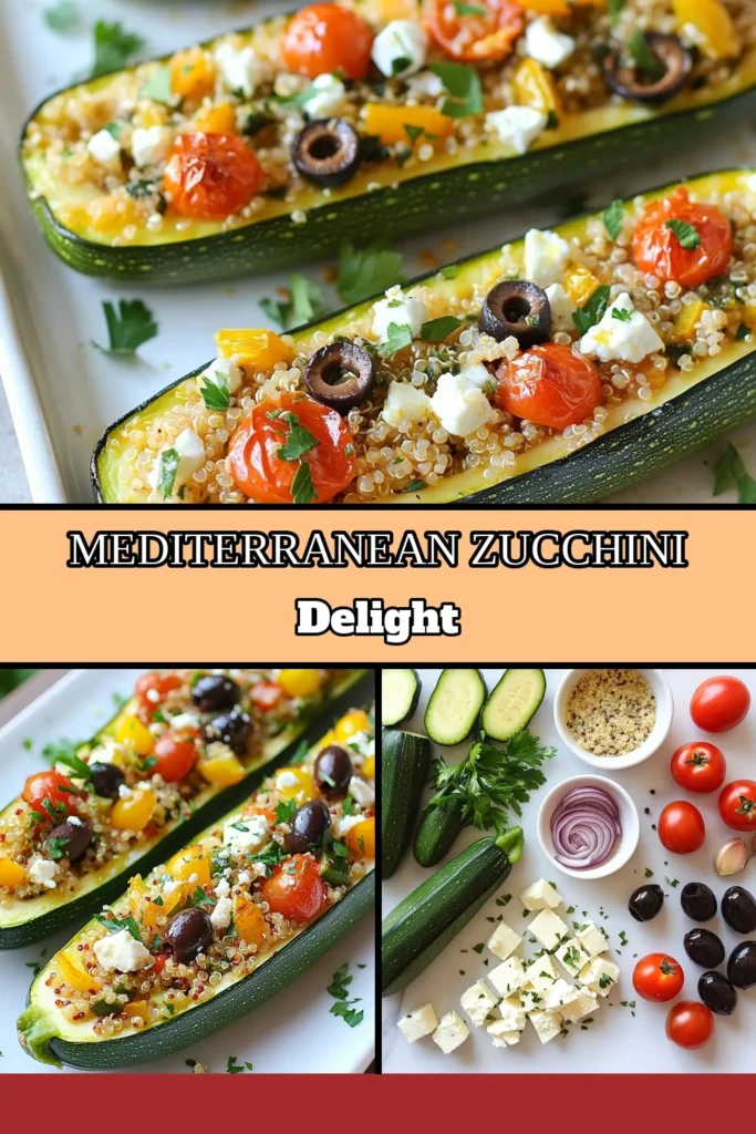 Discover the deliciousness of Mediterranean stuffed zucchini boats! This baked zucchini boats recipe features quinoa stuffed zucchini boats loaded with healthy ingredients like feta cheese, olives, and cherry tomatoes. These healthy zucchini recipes are perfect for a wholesome meal. Try making stuffed zucchini with feta and elevate your dinner tonight! Click for the full recipe and save for later! #MediterraneanRecipes #HealthyEating #ZucchiniRecipes #QuinoaRecipes