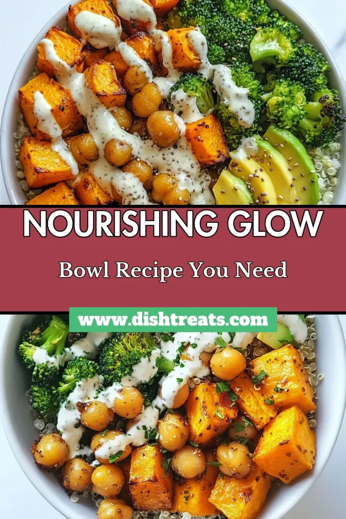 Looking for a delicious and nutritious vegetarian meal prep idea? Try this Glow Bowl recipe, featuring a vibrant mix of quinoa, roasted sweet potato salad, and a creamy Tahini Yogurt Sauce. Perfect for healthy eating, this bowl combines wholesome ingredients like broccoli and chickpeas. Ready in just 45 minutes, it's an ideal choice for lunch or dinner. Pin this recipe for your next healthy craving! #GlowBowl #TahiniYogurtSauce #HealthyQuinoaBowl #VegetarianMealPrep