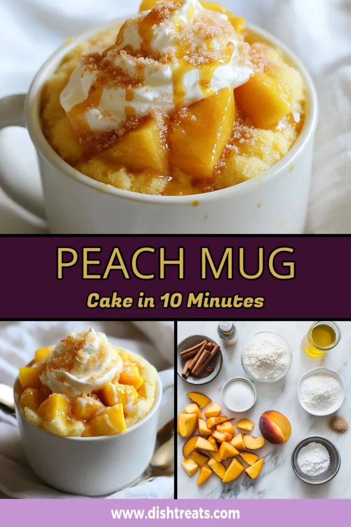 Satisfy your sweet tooth with this Peach Mug Cake recipe that's quick and easy to make in the microwave! This microwave peach cake combines fresh peaches with simple ingredients for a delicious dessert in a mug. Perfect for busy days, this easy mug cake recipe is ready in just 15 minutes. Treat yourself to a delightful quick peach dessert anytime! Save this recipe and indulge today! #PeachMugCake #MicrowaveDesserts #MugCakeRecipe #EasyDesserts