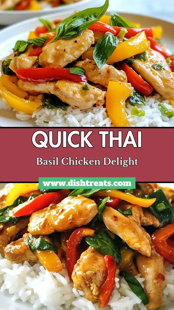 Discover the deliciousness of Thai Basil Chicken with this quick Thai chicken dish! This healthy Thai stir fry recipe features tender chicken, vibrant bell peppers, and aromatic Thai basil, all served over fluffy jasmine rice. Perfect for busy weeknights, this dish is packed with flavor and comes together in just 35 minutes. Try it today and elevate your dinner game! Save this recipe for later! #ThaiBasilChicken #StirFryRecipe #HealthyThaiStirFry #QuickThaiChickenDish
