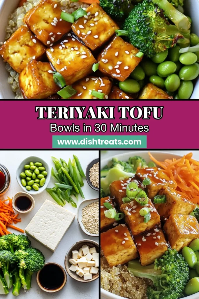 Savor the flavors of these Teriyaki Tofu Power Bowls, a delicious vegan power bowl recipe that combines crispy tofu in a gluten-free teriyaki sauce over healthy quinoa. This easy tofu recipe is perfect for meal prep or a quick weeknight dinner. Packed with colorful veggies like broccoli, carrots, and edamame, it's nutritious and satisfying. Try it today and elevate your bowl game! #teriyakifood #veganbowls #healthyrecipes #quinoarecipes