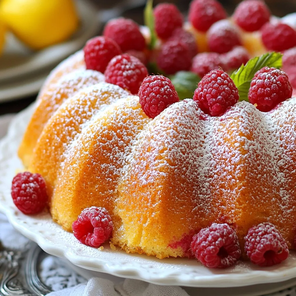 To make the Raspberry Lemon Bundt Cake, gather these ingredients: - 2 cups all-purpose flour - 1 ½ teaspoons baking powder - ½ teaspoon baking soda - ½ teaspoon salt - 1 cup unsalted butter, softened - 1 ½ cups granulated sugar - 3 large eggs, at room temperature - 2 teaspoons pure vanilla extract - Zest of 1 medium lemon - 1 cup sour cream, at room temperature - 1 cup fresh raspberries (plus extra for garnish) - ¼ cup freshly squeezed lemon juice You can add a special touch with these items: - Powdered sugar for dusting - Fresh raspberries for topping - Mint sprigs for a pop of color To bake this cake perfectly, you will need: - A 10-cup Bundt pan - An electric mixer - Mixing bowls (one large and one medium) - A whisk for dry ingredients - A spatula for folding in raspberries - A wire rack for cooling - A toothpick to check for doneness {{ingredient_image_2}} Preheat your oven to 350°F (175°C). Grease a 10-cup Bundt pan well. Use baking spray or butter. Make sure to coat all the nooks. This helps the cake come out easily later. In a medium bowl, mix together the all-purpose flour, baking powder, baking soda, and salt. Use a whisk to blend it all well. Set this bowl aside for later. In a large bowl, place the softened butter and granulated sugar. Use an electric mixer at medium speed. Mix for 3-4 minutes until it looks light and fluffy. This step is key for a soft cake. Add the eggs one at a time. Mix well after each egg. Then, add the vanilla extract and lemon zest. Mix just until everything is combined. Slowly fold the dry mixture into the wet mixture. Alternate with the sour cream. Start with some flour, then add sour cream. Keep mixing until just combined. This keeps the cake tender. Gently fold in the fresh raspberries and lemon juice. Use a spatula to mix. Be careful not to smash the raspberries. You want them spread out in the batter. Pour the batter into your prepared Bundt pan. Smooth the top with a spatula. Place the pan in the oven and bake for 45-55 minutes. The cake is ready when a toothpick comes out clean. Once baked, take the pan out of the oven. Let it cool for 10 minutes in the pan. Then, invert it onto a wire rack. Once cool, dust the top with powdered sugar. Add more fresh raspberries on top before serving. To bake a great Bundt cake, start with a hot oven. Preheat it to 350°F (175°C). Grease the pan well. Use baking spray or butter to coat all sides. This helps the cake slide out easily. Check that your oven heats evenly. Place the Bundt pan in the center of the oven. This helps the cake bake evenly. Rotate the pan halfway through baking for best results. Avoid over-mixing your batter. Mix just until you see no dry flour. Over-mixing can make the cake tough. Also, don’t skip the resting time after baking. This helps it cool down and set properly. Pro Tips Room Temperature Ingredients: Ensure that your butter, eggs, and sour cream are at room temperature before mixing. This helps create a smoother batter and a more evenly baked cake. Gentle Folding: When adding raspberries to the batter, fold gently to avoid breaking them apart. This preserves their shape and ensures bursts of flavor in every slice. Check for Doneness: Ovens can vary, so start checking for doneness a few minutes before the recommended baking time. A toothpick should come out clean or with a few moist crumbs. Cooling Time: Allow the cake to cool in the pan for at least 10 minutes before inverting. This helps prevent it from sticking and ensures a clean release. {{image_4}} You can swap some ingredients to create new flavors. For a berry twist, try blueberries or blackberries. If you want something tropical, add coconut flakes. These changes will give your cake a unique taste. Just remember to keep the same amounts for the wet and dry ingredients. If fresh raspberries are not available, frozen ones work great. Use them straight from the freezer. Do not thaw them first, as this can make the batter too wet. Fold them in gently to keep them whole. This will ensure that your cake still has bursts of raspberry flavor. A lemon glaze can add a sweet and tangy kick. To make it, mix powdered sugar and lemon juice until smooth. Drizzle the glaze over the cooled cake. This will make it shine and enhance the lemon flavor. You can also sprinkle some zest on top for extra flair. To store leftover Raspberry Lemon Bundt Cake, wrap it tightly in plastic wrap. This keeps the cake moist and fresh. You can also place it in an airtight container. Store it at room temperature for up to three days. If you live in a hot climate, keep it in the fridge. Freezing the Bundt cake is easy. First, let the cake cool completely. Then, wrap it in plastic wrap and foil. This helps prevent freezer burn. You can freeze it for up to three months. When ready to eat, thaw it overnight in the fridge. If you want to enjoy the cake warm, you can reheat it. Preheat your oven to 350°F (175°C). Place the cake on a baking sheet. Cover it with foil to keep it moist. Heat for about 10-15 minutes. Check if it's warm in the center before serving. Yes, you can swap raspberries for other fruits. Blueberries, blackberries, or chopped strawberries work well. Each fruit adds its own flavor and color. Just make sure to adjust the sweetness based on the fruit's natural sugar. The Raspberry Lemon Bundt Cake stays fresh for about 3 days at room temperature. Keep it in an airtight container to help it stay moist. If your kitchen is warm, consider refrigerating it to keep it fresh longer. Sour cream adds moisture and richness. It helps create a tender crumb in your cake. If you don’t have sour cream, you can substitute with plain yogurt. Both options give the cake a nice taste and texture. Yes, you can bake the cake a day or two ahead of time. Just let it cool completely before wrapping it tightly in plastic wrap. This keeps it fresh until you’re ready to serve. Pair the cake with whipped cream or a scoop of vanilla ice cream. Fresh mint leaves add a lovely touch, too. You can also drizzle some lemon glaze on top for extra zing. Enjoy! You now have all the tools to make a delicious raspberry lemon Bundt cake. We covered the key ingredients, step-by-step baking instructions, and tips for perfect results. You also learned about tasty variations and how to store leftovers. Remember, baking is fun, so don't hesitate to try new flavors. Enjoy sharing your cake with family and friends. Happy baking!