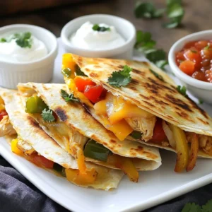 To make chicken fajita quesadillas, you need these main items: - 2 boneless, skinless chicken breasts, sliced thinly - 1 bell pepper (red or green), julienned - 1 medium onion, sliced into thin rings - 2 cloves garlic, minced finely - 1 tablespoon olive oil - 4 large flour tortillas - 2 cups shredded cheese (cheddar and Monterey Jack blend) These spices bring flavor to your quesadillas: - 2 teaspoons chili powder - 1 teaspoon ground cumin - 1 teaspoon smoked paprika - Salt and pepper to taste Add these to enhance your meal: - Sour cream for creaminess - Salsa for a burst of flavor - Fresh cilantro for a pop of color - Avocado slices for added richness These ingredients make your chicken fajita quesadillas tasty and satisfying. Enjoy the flavors! {{ingredient_image_2}} To start, get your skillet hot over medium heat. Add one tablespoon of olive oil. Once the oil shimmers, it is time to add the sliced chicken breasts. Season the chicken with salt, pepper, chili powder, ground cumin, and smoked paprika. This mix adds depth and warmth. Cook the chicken for about 5-7 minutes. Stir it often to ensure even cooking. Look for the chicken to be golden brown and no longer pink in the center. This is key for juicy chicken. Next, add the sliced bell pepper, onion, and minced garlic to the skillet. The chicken will still be hot, which helps cook the veggies. Stir the mixture for around 5 minutes. You want your veggies to be soft but still bright. A slight char gives them a nice flavor boost. This step enhances the overall taste of your quesadillas. Once cooked, take the skillet off the heat and set it aside. Now, let’s put it all together. Heat a clean skillet or griddle over medium-low heat. Place one large tortilla in the pan. Sprinkle half of the shredded cheese on top. Next, spoon half of your chicken and veggie mix over the cheese, followed by the rest of the cheese. Place a second tortilla on top. Cook this for about 3-4 minutes. You want the bottom to be golden brown and crispy. Carefully flip the quesadilla with a spatula. Cook it for another 3-4 minutes until it is evenly browned and the cheese is melted. Once cooked, take the quesadilla out of the skillet and let it rest for a minute. This helps the cheese set. Use a sharp knife to cut it into wedges. Repeat the process for the remaining tortillas and filling. Enjoy this tasty meal with sour cream and salsa on the side! To make your chicken fajita quesadillas burst with flavor, follow these tips: - Use fresh ingredients. Fresh chicken, veggies, and spices make a big difference. - Sauté the chicken first. Cook it until it’s golden brown and fully cooked. This adds depth to the dish. - Season well. Don't be shy with salt and spices. It enhances the taste. - Mix the veggies. Sauté bell peppers and onions together for a sweet and savory blend. - Choose the right cheese. A blend of cheddar and Monterey Jack melts perfectly and adds creaminess. Many people make simple errors when cooking quesadillas. Here’s what to watch for: - Overstuffing the quesadilla. Too much filling can make it hard to flip. Aim for balance! - Using cold tortillas. Warm them first to prevent tearing when you fold. - Not waiting for the cheese to melt. Give it enough time to melt for a gooey texture. - Skipping the seasoning. Always season your chicken and veggies well. It’s the key to taste! - Cooking on high heat. This can burn the tortillas without cooking the filling. Keep it medium-low. Crispy quesadillas are a delight. Here’s how to achieve that crunch: - Use a non-stick skillet. This helps prevent sticking and keeps the quesadilla intact. - Add a little oil. Brush or spray the skillet with olive oil before cooking. - Cook in batches. Don’t crowd the pan; this helps maintain heat and crispiness. - Let them rest. After cooking, let them sit for a minute. This aids in crisping. - Serve right away. Quesadillas taste best fresh off the skillet, so dig in quickly! Pro Tips Choose the Right Tortilla: Opt for large, soft flour tortillas for a perfect fold and crispiness. Whole wheat or corn tortillas can add a different flavor profile. Don’t Overfill: Be careful not to overstuff your quesadillas to prevent them from bursting while cooking. A generous yet manageable amount of filling works best. Keep the Heat Moderate: Cooking on medium-low heat allows the cheese to melt thoroughly without burning the tortillas. It ensures a perfectly golden and crispy exterior. Experiment with Add-Ins: Feel free to add other ingredients like black beans, corn, or jalapeños for extra flavor and texture. Customize to your liking! {{image_4}} You can easily make vegetarian fajita quesadillas. Swap the chicken for beans or tofu. Use 1 can of black beans, drained and rinsed. You can also use grilled veggies like zucchini or mushrooms. Add some corn for sweetness. This keeps the dish filling and tasty. If you like spice, add sliced jalapeños or serrano peppers. Mix them in with the chicken while cooking. You can also use a spicy cheese blend. Pepper Jack cheese works great here. For an extra kick, add hot sauce to your quesadilla filling. Cheese makes a big difference in flavor. I love using a mix of cheddar and Monterey Jack. You can also try Gouda or queso blanco for a unique taste. Mixing different cheeses adds depth. Use at least 2 cups for gooey goodness. To store leftover quesadillas, first let them cool down. Place them in an airtight container. Make sure to layer parchment paper between each quesadilla. This keeps them from sticking together. Store them in the fridge for up to three days. If you have more, consider freezing them. Reheating quesadillas can be tricky. To keep them crispy, use a skillet. Heat it on medium-low. Place the quesadilla in the skillet without oil. Cover it with a lid. Heat each side for about three minutes. You can also use an oven. Preheat it to 350°F (175°C). Bake the quesadilla for about ten minutes. Both methods work well to keep the texture. Freezing quesadillas is easy. Wrap each cooled quesadilla tightly in plastic wrap. Then, place them in a freezer bag. Make sure to squeeze out all the air. You can freeze them for up to three months. When you're ready to eat, thaw them in the fridge overnight. Then, reheat them using the methods mentioned above for the best taste. To make chicken fajita quesadillas from scratch, you need to cook the chicken and veggies first. Slice two boneless, skinless chicken breasts thinly. Sauté them in olive oil with spices like chili powder, cumin, and smoked paprika. Add sliced bell pepper and onion. Cook until tender. Then, layer this filling on a tortilla with cheese. Top with another tortilla and cook until crispy. Slice and serve with sour cream and salsa. Yes, you can use other meats or proteins. Try beef, shrimp, or turkey. For a vegetarian option, use black beans, tofu, or mushrooms. Just make sure to adjust cooking times. Each protein has a unique flavor that pairs well with the spices. Great sides for chicken fajita quesadillas include chips with salsa or guacamole. A fresh salad adds a nice crunch. You could also serve rice or beans for a hearty meal. Each side can enhance the flavors of the quesadilla and make your meal more filling. This guide walks you through making tasty chicken fajita quesadillas. We covered essential ingredients, spice suggestions, and tasty toppings. You learned tips for cooking chicken and sautéing veggies for the best flavor. Avoid common mistakes to keep your quesadillas crispy. Explore variations for different diets and how to store leftovers. Quesadillas are fun to make and easy to customize. Enjoy experimenting with flavors! Try these ideas and share with friends. You will create crowd-pleasing meals every time.