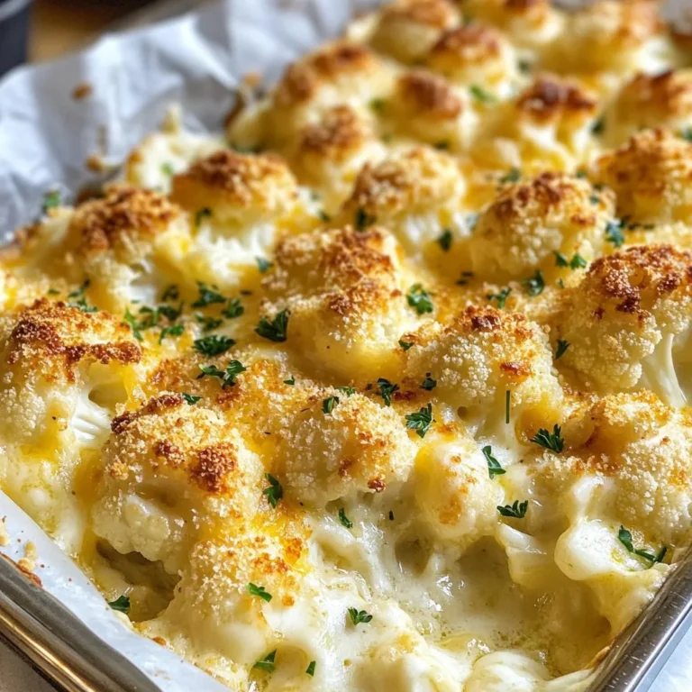 - 1 large head of cauliflower, broken into bite-sized florets - 2 cups shredded sharp cheddar cheese, divided - 1 cup grated Parmesan cheese - 1 cup heavy cream - 2 tablespoons unsalted butter The main stars of this dish are cauliflower, cheese, cream, and butter. Cauliflower gives a nice crunch. Cheddar and Parmesan offer rich flavors. Heavy cream makes the sauce smooth and creamy. Butter adds a rich taste to the mix. - 3 cloves garlic, finely minced - 1 teaspoon Dijon mustard - 1/2 teaspoon freshly grated nutmeg - Salt and freshly cracked pepper to taste Garlic brings a nice aroma. Dijon mustard adds a bit of tang. Nutmeg gives depth to the dish. Salt and pepper are key for flavor balance. - 1/2 cup breadcrumbs - A drizzle of olive oil - Fresh parsley, finely chopped (for garnish) Breadcrumbs help create a crispy top. Olive oil adds flavor and helps the crumbs brown. Fresh parsley adds a pop of color and freshness for serving. {{ingredient_image_2}} 1. Preheat your oven to 375°F (190°C). This helps cook the dish evenly. 2. Blanch the cauliflower: Bring a large pot of salted water to a boil. Add the cauliflower florets. Cook for 5 minutes. They should be tender but crisp. Drain and set aside. 3. Make the cheese sauce: In a medium saucepan, melt 2 tablespoons of unsalted butter over medium heat. Add 3 minced garlic cloves. Sauté for 1 minute until it smells great. 4. Gradually stir in 1 cup of heavy cream. Then add 1 teaspoon of Dijon mustard and 1/2 teaspoon of freshly grated nutmeg. Mix in 1 cup of shredded sharp cheddar cheese. Stir until the cheese melts and the sauce is smooth. Season with salt and pepper to taste. 1. Fold the cauliflower: In a large mixing bowl, gently mix the blanched cauliflower with the cheese sauce. Make sure all pieces are coated well. 2. Layer the dish: Transfer the mixture to a greased 9x13 inch baking dish. Spread it out evenly. 3. Add more cheese: Sprinkle the remaining 1 cup of sharp cheddar cheese and all of the grated Parmesan cheese over the top. 4. Prepare the topping: In a small bowl, mix 1/2 cup of breadcrumbs with a drizzle of olive oil. Toss until well-coated. Spread this on top of the cheese layer. 1. Bake the dish: Place it in the preheated oven for 25-30 minutes. It’s done when the top is golden brown and bubbling. 2. Finishing touches: After baking, let the dish cool for a few minutes. Before serving, sprinkle fresh parsley on top for a pop of color. To make a cheese sauce that is smooth and creamy, start by melting the butter. Add the minced garlic and let it cook for just a minute. Then, slowly stir in the heavy cream. This keeps the sauce from curdling. When the cream is warm, add the cheese. The heat helps it melt better. If the sauce feels thick, add a bit more cream. For flavor, season with salt and pepper. Taste the sauce as you mix. Adjust the seasoning to your liking. A dash of nutmeg adds warmth and depth to the flavor. To get a golden crispy topping, sprinkle the breadcrumbs evenly over the cheese. Toss the breadcrumbs with olive oil before adding them. This helps them brown nicely while baking. Bake the gratin for 25 to 30 minutes. Check it at the 25-minute mark. Look for a bubbly top with a golden color. If it needs more time, let it bake for a few more minutes. For the best presentation, serve the au gratin right from the baking dish. It looks rustic and inviting. If you want a fancier touch, spoon it onto individual plates. A sprig of parsley adds a pop of color. Pair this dish with a fresh salad or roasted veggies for a complete meal. The crispness of the salad balances the rich cheese. Enjoy your comfort food dish! Pro Tips Blanching Technique: Ensure your cauliflower is perfectly blanched by timing it carefully; it should be tender yet retain a slight crunch. Cheese Selection: For a more complex flavor, experiment with a mix of cheeses; Gruyère or fontina can add an extra layer of richness. Breadcrumb Topping: For added crunch, consider using panko breadcrumbs instead of regular ones; they create a lighter, crispier topping. Serving Suggestion: Pair this dish with a light salad or roasted vegetables to balance the richness of the cheese sauce. {{image_4}} You can change the cheese in this dish easily. Try using Gouda for a smoky taste or mozzarella for a milder flavor. Mixing different cheeses can make the gratin even more exciting. Add-ins like broccoli or spinach can boost nutrition. Both vegetables work well with the cheese sauce. You can also add cooked mushrooms for an earthy touch. If you need gluten-free options, skip the breadcrumbs. Use almond flour or crushed gluten-free crackers instead. For low-carb needs, you can swap cauliflower with zucchini. If you want a vegan version, use cashew cream instead of heavy cream. Nutritional yeast can replace cheese for a cheesy flavor without dairy. Herbs and spices can elevate this dish. Try adding thyme or rosemary for extra aroma. A pinch of cayenne can add heat. If you enjoy meat, consider adding cooked bacon or ham. These meats add a savory touch. You can also mix in shrimp for a seafood twist. Both options make the dish heartier and more filling. To keep your Cheesy Cauliflower Au Gratin fresh, let it cool first. Place it in a clean container. I recommend using an airtight glass container. This helps prevent smells from other foods. When you want to eat leftovers, the best way to reheat is in the oven. Preheat the oven to 350°F (175°C). Warm it for about 15-20 minutes. This keeps the dish creamy and delicious. To avoid drying it out, cover it with foil while reheating. If you want to freeze your au gratin, cool it completely first. Use a freezer-safe container. When ready to eat, thaw it overnight in the fridge. Reheat in the oven at 350°F (175°C) until hot. This way, you can enjoy it later without losing flavor. You can use whole milk or half-and-half. These options create a lighter dish. For a dairy-free version, try unsweetened almond milk with a bit of coconut milk. This adds creaminess without the heaviness. Yes, you can use frozen cauliflower. First, thaw it and drain excess water. This step keeps the dish from becoming too watery. Adjust the baking time, as frozen florets may need longer to cook through. This dish lasts about three to five days in the fridge. Look for signs of spoilage like an off smell or mold. Store it in an airtight container to keep it fresh longer. Cheesy Cauliflower Au Gratin is a delightful dish made with simple ingredients. We covered how to prepare the creamy cheese sauce and bake everything to golden perfection. Remember to experiment with different cheeses or add veggies for a twist. Storing leftovers carefully helps keep the dish tasty for later. Enjoy this dish alongside your favorite meals or make it a star on your table. With these tips, you’re ready to impress and enjoy a comforting, cheesy treat. Happy cooking!
