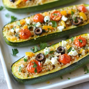 To make Mediterranean Stuffed Zucchini Boats, gather these key ingredients: - 4 medium zucchinis - 1 cup cooked quinoa - 1 cup cherry tomatoes, halved - 1/2 cup black olives, pitted and finely chopped - 1/2 cup feta cheese, crumbled - 1/4 cup red onion, finely diced - 2 cloves garlic, minced - 1 teaspoon dried oregano - 1 teaspoon dried basil - 2 tablespoons olive oil - Salt and pepper, to taste - Fresh parsley, chopped, for garnish You can also add some optional ingredients to make this dish even more exciting: - Cooked spinach for added greens - Bell peppers for a sweet crunch - Pine nuts for a nutty flavor - Lemon zest for extra brightness Mediterranean Stuffed Zucchini Boats are not just tasty; they offer great nutrition too: - Zucchini is low in calories and high in fiber. - Quinoa provides complete protein and essential amino acids. - Olives are a good source of healthy fats and antioxidants. - Feta cheese adds calcium and protein. - Tomatoes are rich in vitamins C and K and are great for heart health. - Garlic may help boost the immune system. These ingredients create a balanced meal that is both delicious and good for you. Enjoy the flavors of the Mediterranean while nourishing your body! {{ingredient_image_2}} Start by preheating your oven to 375°F (190°C). This temperature helps cook the zucchini evenly. While the oven warms up, grab your zucchinis. Cut each zucchini in half lengthwise. Be careful with the knife! Use a spoon to scoop out the seeds and some flesh. You want to create hollow boats. Save the scooped-out flesh for later; it will add more flavor to your filling. Next, heat 2 tablespoons of olive oil in a medium skillet over medium heat. Add 1/4 cup of finely diced red onion and 2 minced garlic cloves. Sauté for about 3-4 minutes until the onion turns soft and clear. This step makes the kitchen smell amazing! Now, chop the reserved zucchini flesh and add it to the skillet. Cook for another 2-3 minutes. This softens the mixture and allows the flavors to blend well. In a large bowl, mix 1 cup of cooked quinoa with the sautéed mixture. Toss in 1 cup of halved cherry tomatoes, 1/2 cup of chopped black olives, and 1/2 cup of crumbled feta cheese. Add 1 teaspoon each of dried oregano and dried basil. Season with salt and pepper to your taste. Stir everything until it’s well combined. Now comes the fun part: stuffing the zucchini! Spoon the filling into each hollowed-out zucchini boat. Press down a little to pack the filling tightly. Arrange the stuffed boats in a lined baking dish. For extra flavor, drizzle a bit of olive oil on top of each boat. Cover the dish with aluminum foil and place it in the oven. Bake for 25 minutes. After that, remove the foil and bake for another 10-15 minutes. You want the zucchini to be soft and the tops to turn golden. Once done, take the zucchini boats out of the oven. Let them cool for a few minutes. Sprinkle freshly chopped parsley on top for a fresh touch before serving. Enjoy your flavorful Mediterranean feast! To cook quinoa well, start with a good rinse. Rinsing helps to wash away a bitter coating. Use a 2:1 ratio of water to quinoa. Bring the water to a boil, then add quinoa. Reduce the heat to low, cover, and simmer for about 15 minutes. Once cooked, let it sit for 5 minutes. Fluff the quinoa with a fork to separate the grains. This makes the quinoa light and airy. You can also season the water with salt for extra flavor. For perfect zucchini, choose firm ones. Look for bright green skin without soft spots. Cut the zucchinis in half lengthwise. Use a spoon to scoop out the center, making a boat shape. Don’t overcook zucchini in the oven. Bake until tender but still firm. This keeps them from becoming mushy. It’s all about that perfect bite. To serve these stuffed zucchini boats, use a large platter. Drizzle some extra virgin olive oil on top. Sprinkle fresh herbs like parsley for a pop of color. Pair with a light salad or crusty bread. These simple sides enhance the meal. You can also serve a yogurt dip for a cool contrast. Enjoy the fresh Mediterranean flavors! Pro Tips Use Fresh Herbs: Fresh herbs like basil and parsley not only enhance the flavor but also add a vibrant touch to the presentation of your zucchini boats. Customize Your Filling: Feel free to add other Mediterranean ingredients like artichoke hearts or sun-dried tomatoes to the filling for a unique twist. Check for Doneness: Zucchini can vary in size; check for doneness by inserting a fork into the flesh. It should be tender but not mushy. Make Ahead: You can prepare the zucchini boats in advance and store them in the refrigerator. Just bake them when you're ready to serve! {{image_4}} You can make this dish fully vegetarian by changing a few ingredients. Instead of feta cheese, use vegan cheese or cashew cream. You can also add more veggies to the filling. Try bell peppers, spinach, or even artichokes. They add flavor and color to your meal. If you like a kick, add some crushed red pepper flakes. This will give your zucchini boats a nice spicy touch. If you want more protein, add cooked lentils or chickpeas to the filling. These options are hearty and keep the dish healthy. You can also include cooked ground turkey or chicken. Just sauté the meat before mixing it with the other ingredients. This adds a savory depth and makes the meal more filling. This recipe is naturally gluten-free. Quinoa is a great base since it does not contain gluten. If you want to make it even heartier, consider adding gluten-free grains like millet or rice. You can also swap the feta for a gluten-free cheese alternative. Just check the labels to ensure they are safe. This way, everyone can enjoy the deliciousness of stuffed zucchini boats without worry. To keep your stuffed zucchini boats fresh, let them cool completely first. Place them in an airtight container. Store them in the fridge for up to three days. This way, they stay tasty and safe to eat. If you want to freeze them, wrap each zucchini boat in plastic wrap. Then, place them in a freezer-safe bag. They can last up to three months in the freezer. When you’re ready to eat, thaw them in the fridge overnight. To reheat, place them in a preheated oven at 350°F (175°C). Bake for about 20 minutes until they’re warm all the way through. Stuffed zucchini boats can last in the fridge for three days. If frozen, they can last for three months. Always check for signs of spoilage, like off smells or changes in texture. Proper storage helps keep your delicious meal safe and enjoyable! You can tell when the zucchini boats are done by checking their texture. They should be tender but not mushy. The tops should look lightly golden. You can also poke them with a fork. If the fork goes in easily, they are ready. This usually takes about 35 to 40 minutes total in the oven. The smell will be a good hint too. A nice, savory aroma means they are close to done. Yes, you can use other grains in this recipe. Brown rice, couscous, or farro all work well. Each grain will change the texture a bit. If you want a gluten-free option, try using rice. Just make sure to cook the grain first before mixing it with the filling. This will help it blend nicely with the other ingredients. You can also mix grains for fun flavor and texture! Mediterranean stuffed zucchini boats taste great with various dips and sauces. A classic choice is tzatziki, which adds coolness. Hummus is another tasty option, rich in flavor. You could also try a drizzle of balsamic glaze for a sweet touch. A simple olive oil and lemon juice mix brightens the dish. Feel free to explore and find what you love! Stuffed zucchini boats offer versatility and nutrition in a tasty package. We covered key ingredients, helpful steps, and useful tips to make the perfect dish. You can customize it with different flavors and dietary options to suit your taste. Proper storage keeps leftovers fresh for later. Remember, this dish can fit any meal and please any palate. Enjoy the process of making these healthy, baked delights in your kitchen. Your creativity shines with every unique boat you create!