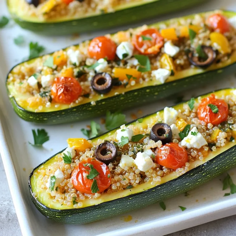 To make Mediterranean Stuffed Zucchini Boats, gather these key ingredients: - 4 medium zucchinis - 1 cup cooked quinoa - 1 cup cherry tomatoes, halved - 1/2 cup black olives, pitted and finely chopped - 1/2 cup feta cheese, crumbled - 1/4 cup red onion, finely diced - 2 cloves garlic, minced - 1 teaspoon dried oregano - 1 teaspoon dried basil - 2 tablespoons olive oil - Salt and pepper, to taste - Fresh parsley, chopped, for garnish You can also add some optional ingredients to make this dish even more exciting: - Cooked spinach for added greens - Bell peppers for a sweet crunch - Pine nuts for a nutty flavor - Lemon zest for extra brightness Mediterranean Stuffed Zucchini Boats are not just tasty; they offer great nutrition too: - Zucchini is low in calories and high in fiber. - Quinoa provides complete protein and essential amino acids. - Olives are a good source of healthy fats and antioxidants. - Feta cheese adds calcium and protein. - Tomatoes are rich in vitamins C and K and are great for heart health. - Garlic may help boost the immune system. These ingredients create a balanced meal that is both delicious and good for you. Enjoy the flavors of the Mediterranean while nourishing your body! {{ingredient_image_2}} Start by preheating your oven to 375°F (190°C). This temperature helps cook the zucchini evenly. While the oven warms up, grab your zucchinis. Cut each zucchini in half lengthwise. Be careful with the knife! Use a spoon to scoop out the seeds and some flesh. You want to create hollow boats. Save the scooped-out flesh for later; it will add more flavor to your filling. Next, heat 2 tablespoons of olive oil in a medium skillet over medium heat. Add 1/4 cup of finely diced red onion and 2 minced garlic cloves. Sauté for about 3-4 minutes until the onion turns soft and clear. This step makes the kitchen smell amazing! Now, chop the reserved zucchini flesh and add it to the skillet. Cook for another 2-3 minutes. This softens the mixture and allows the flavors to blend well. In a large bowl, mix 1 cup of cooked quinoa with the sautéed mixture. Toss in 1 cup of halved cherry tomatoes, 1/2 cup of chopped black olives, and 1/2 cup of crumbled feta cheese. Add 1 teaspoon each of dried oregano and dried basil. Season with salt and pepper to your taste. Stir everything until it’s well combined. Now comes the fun part: stuffing the zucchini! Spoon the filling into each hollowed-out zucchini boat. Press down a little to pack the filling tightly. Arrange the stuffed boats in a lined baking dish. For extra flavor, drizzle a bit of olive oil on top of each boat. Cover the dish with aluminum foil and place it in the oven. Bake for 25 minutes. After that, remove the foil and bake for another 10-15 minutes. You want the zucchini to be soft and the tops to turn golden. Once done, take the zucchini boats out of the oven. Let them cool for a few minutes. Sprinkle freshly chopped parsley on top for a fresh touch before serving. Enjoy your flavorful Mediterranean feast! To cook quinoa well, start with a good rinse. Rinsing helps to wash away a bitter coating. Use a 2:1 ratio of water to quinoa. Bring the water to a boil, then add quinoa. Reduce the heat to low, cover, and simmer for about 15 minutes. Once cooked, let it sit for 5 minutes. Fluff the quinoa with a fork to separate the grains. This makes the quinoa light and airy. You can also season the water with salt for extra flavor. For perfect zucchini, choose firm ones. Look for bright green skin without soft spots. Cut the zucchinis in half lengthwise. Use a spoon to scoop out the center, making a boat shape. Don’t overcook zucchini in the oven. Bake until tender but still firm. This keeps them from becoming mushy. It’s all about that perfect bite. To serve these stuffed zucchini boats, use a large platter. Drizzle some extra virgin olive oil on top. Sprinkle fresh herbs like parsley for a pop of color. Pair with a light salad or crusty bread. These simple sides enhance the meal. You can also serve a yogurt dip for a cool contrast. Enjoy the fresh Mediterranean flavors! Pro Tips Use Fresh Herbs: Fresh herbs like basil and parsley not only enhance the flavor but also add a vibrant touch to the presentation of your zucchini boats. Customize Your Filling: Feel free to add other Mediterranean ingredients like artichoke hearts or sun-dried tomatoes to the filling for a unique twist. Check for Doneness: Zucchini can vary in size; check for doneness by inserting a fork into the flesh. It should be tender but not mushy. Make Ahead: You can prepare the zucchini boats in advance and store them in the refrigerator. Just bake them when you're ready to serve! {{image_4}} You can make this dish fully vegetarian by changing a few ingredients. Instead of feta cheese, use vegan cheese or cashew cream. You can also add more veggies to the filling. Try bell peppers, spinach, or even artichokes. They add flavor and color to your meal. If you like a kick, add some crushed red pepper flakes. This will give your zucchini boats a nice spicy touch. If you want more protein, add cooked lentils or chickpeas to the filling. These options are hearty and keep the dish healthy. You can also include cooked ground turkey or chicken. Just sauté the meat before mixing it with the other ingredients. This adds a savory depth and makes the meal more filling. This recipe is naturally gluten-free. Quinoa is a great base since it does not contain gluten. If you want to make it even heartier, consider adding gluten-free grains like millet or rice. You can also swap the feta for a gluten-free cheese alternative. Just check the labels to ensure they are safe. This way, everyone can enjoy the deliciousness of stuffed zucchini boats without worry. To keep your stuffed zucchini boats fresh, let them cool completely first. Place them in an airtight container. Store them in the fridge for up to three days. This way, they stay tasty and safe to eat. If you want to freeze them, wrap each zucchini boat in plastic wrap. Then, place them in a freezer-safe bag. They can last up to three months in the freezer. When you’re ready to eat, thaw them in the fridge overnight. To reheat, place them in a preheated oven at 350°F (175°C). Bake for about 20 minutes until they’re warm all the way through. Stuffed zucchini boats can last in the fridge for three days. If frozen, they can last for three months. Always check for signs of spoilage, like off smells or changes in texture. Proper storage helps keep your delicious meal safe and enjoyable! You can tell when the zucchini boats are done by checking their texture. They should be tender but not mushy. The tops should look lightly golden. You can also poke them with a fork. If the fork goes in easily, they are ready. This usually takes about 35 to 40 minutes total in the oven. The smell will be a good hint too. A nice, savory aroma means they are close to done. Yes, you can use other grains in this recipe. Brown rice, couscous, or farro all work well. Each grain will change the texture a bit. If you want a gluten-free option, try using rice. Just make sure to cook the grain first before mixing it with the filling. This will help it blend nicely with the other ingredients. You can also mix grains for fun flavor and texture! Mediterranean stuffed zucchini boats taste great with various dips and sauces. A classic choice is tzatziki, which adds coolness. Hummus is another tasty option, rich in flavor. You could also try a drizzle of balsamic glaze for a sweet touch. A simple olive oil and lemon juice mix brightens the dish. Feel free to explore and find what you love! Stuffed zucchini boats offer versatility and nutrition in a tasty package. We covered key ingredients, helpful steps, and useful tips to make the perfect dish. You can customize it with different flavors and dietary options to suit your taste. Proper storage keeps leftovers fresh for later. Remember, this dish can fit any meal and please any palate. Enjoy the process of making these healthy, baked delights in your kitchen. Your creativity shines with every unique boat you create!