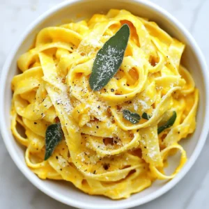 To make creamy pumpkin sage pasta, you need the following ingredients: - 12 oz fettuccine pasta - 1 cup pumpkin puree (canned or homemade) - 1 cup heavy cream - 1 tablespoon olive oil - 4 cloves garlic, minced - 1 small onion, finely chopped - 1 teaspoon fresh sage, finely chopped (or 1/2 teaspoon dried sage) - 1/2 teaspoon freshly grated nutmeg - Salt and freshly ground black pepper, to taste - 1/3 cup grated Parmesan cheese, plus extra for serving - Fresh sage leaves, for garnish You can easily swap some ingredients if needed. Here are some ideas: - Use whole wheat or gluten-free pasta for a healthier option. - Replace heavy cream with coconut milk for a dairy-free version. - Use vegetable broth instead of olive oil for a lighter sauce. - Substitute sage with thyme or rosemary for different flavors. - Grated Pecorino Romano can replace Parmesan for a sharper taste. This dish is not just tasty, but it also offers health benefits. Here's what you get per serving: - Calories: About 450 - Protein: 12g - Carbohydrates: 60g - Fat: 20g Pumpkin is high in vitamins A and C, which boost your immune system. The heavy cream provides calcium, while sage adds antioxidants. The pasta gives you energy for your day. Enjoy this meal knowing it's delicious and nutritious! {{ingredient_image_2}} First, grab a large pot and fill it with about 4 quarts of salted water. Bring the water to a rolling boil. Once it’s boiling, add the 12 oz of fettuccine pasta. Cook it according to the package instructions, usually around 8-10 minutes, until it’s al dente. Before you drain the pasta, save 1/2 cup of the pasta water. Drain the pasta and set it aside, keeping it warm. Now, let’s make the sauce. Take a large skillet and heat 1 tablespoon of olive oil over medium heat. When the oil starts to shimmer, add 1 small finely chopped onion. Sauté the onion for about 3-4 minutes until it looks translucent. Next, add 4 cloves of minced garlic. Cook for another minute, stirring often until it smells great but doesn’t brown. Reduce the heat to low. Stir in 1 cup of pumpkin puree and 1 cup of heavy cream. Mix them until they blend well. Slowly increase the heat to bring the mix to a gentle simmer. Add 1 teaspoon of fresh sage, 1/2 teaspoon of freshly grated nutmeg, and salt and pepper to taste. Let the sauce simmer for about 5 minutes while stirring occasionally to keep it from sticking. Now, it’s time to combine. Gently fold the cooked fettuccine into the skillet with the pumpkin sauce. Use tongs or a pasta fork to toss the pasta, making sure it gets evenly coated. Gradually add the reserved pasta water, a little at a time, until the sauce reaches your desired creamy texture. Finally, stir in 1/3 cup of grated Parmesan cheese. Mix it until it melts into the sauce, giving it that rich, creamy feel. Taste the dish and adjust the seasoning with more salt or pepper if needed. Serve the creamy pumpkin sage pasta in bowls or on a platter. Garnish with fresh sage leaves and a sprinkle of extra Parmesan cheese. Enjoy your meal right away for the best flavor! To get a creamy texture, use heavy cream. It adds richness to the sauce. When adding the cream, keep the heat low. This prevents the cream from curdling. Stir the mixture well to blend the pumpkin and cream smoothly. You can add reserved pasta water to adjust the creaminess. Add it a little at a time until it feels just right. Pumpkin loves warm spices. Nutmeg is a must for this dish. It adds depth and warmth. Fresh sage enhances the pumpkin flavor beautifully. You can also try adding garlic powder or a pinch of chili flakes. They bring a nice kick if you like heat. Adjust seasonings to your taste, and don't be shy! Timing is key for perfect pasta and sauce. Start cooking the pasta first. While it boils, make the sauce. This way, both are ready at the same time. Remember to save some pasta water before draining. It helps to bind the sauce to the pasta. Mix the pasta into the sauce right after draining for the best flavor. Toss quickly to avoid sticking. Pro Tips Use Fresh Sage: Fresh sage adds a more vibrant flavor compared to dried. If possible, use fresh sage for the best aroma and taste. Adjust Consistency: The reserved pasta water is key to achieving a creamy sauce. Add it gradually until you reach your desired consistency. Experiment with Cheese: While Parmesan is traditional, try adding a bit of goat cheese or cream cheese for an extra richness and unique flavor. Garnishing Tips: To elevate presentation, consider toasting some pumpkin seeds and sprinkling them on top along with the sage leaves for added texture. {{image_4}} You can easily make this dish vegetarian or vegan. For a vegetarian version, just skip the Parmesan cheese or use a store-bought vegetarian alternative. To make it vegan, replace the heavy cream with coconut cream or a plant-based cream. You can also add nutritional yeast for a cheesy flavor without dairy. Feel free to swap out ingredients for new tastes. Use whole wheat fettuccine for extra fiber. Instead of pumpkin, try butternut squash for a sweeter flavor. You can also add spinach or kale for some greens. If you want more spice, add red pepper flakes or a dash of cayenne pepper. Use different herbs like thyme or rosemary to give it a fresh twist. This creamy pumpkin sage pasta pairs well with many sides. Serve it with a crisp salad to balance the richness. Garlic bread makes a great side too. For drinks, a light white wine, like Sauvignon Blanc, complements the dish nicely. If you want to keep it non-alcoholic, a sparkling apple cider works well. Enjoy experimenting with different combinations! After enjoying your creamy pumpkin sage pasta, store leftovers in an airtight container. Make sure to let it cool before sealing. This helps keep moisture out. Keep it in the fridge for up to three days. If you don’t plan to eat it soon, freezing is a great option. When ready to reheat, use a skillet for the best results. Heat it over low to medium heat. Add a splash of water or cream to avoid dryness. Stir often until warmed through. You can also use the microwave, but be careful. Heat in short bursts to keep its creamy texture. To freeze, place cooled pasta in a freezer-safe container. You can also use a resealable plastic bag. Remove as much air as possible to prevent freezer burn. It can last up to three months in the freezer. When ready to eat, thaw in the fridge overnight. Reheat it gently for a creamy meal anytime! Yes, you can use fresh pumpkin. Start with a small pumpkin. Cut it, remove seeds, and roast it until soft. Then, scoop out the flesh and puree it. This gives a fresh taste. Just make sure to measure one cup after pureeing. Fettuccine is my favorite, but you can try other types. Penne, rigatoni, or even spaghetti work well. Choose a pasta that holds sauce nicely. This helps you enjoy every creamy bite. To make this dish dairy-free, swap heavy cream for coconut cream or cashew cream. Use nutritional yeast instead of Parmesan for a cheesy flavor. Lastly, check the pumpkin puree for any added dairy. This way, you keep it creamy and tasty without dairy. This blog post covered how to make creamy pumpkin sage pasta. We explored the ingredients, health benefits, and cooking steps. I shared tips for a creamy texture and perfect flavors. You can choose variations for different diets and learn how to store leftovers. Remember, cooking is fun and can be simple. Enjoy your tasty dish and share it with others. Cooking with fresh ingredients makes every meal better. Try experimenting with flavors and enjoy the joy of making pasta!