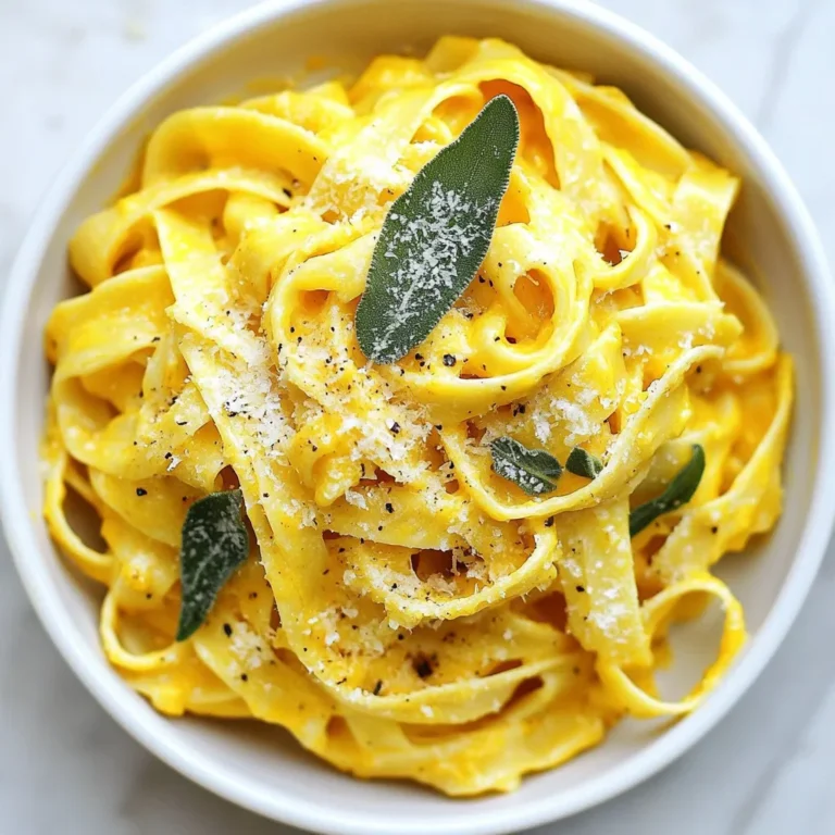 To make creamy pumpkin sage pasta, you need the following ingredients: - 12 oz fettuccine pasta - 1 cup pumpkin puree (canned or homemade) - 1 cup heavy cream - 1 tablespoon olive oil - 4 cloves garlic, minced - 1 small onion, finely chopped - 1 teaspoon fresh sage, finely chopped (or 1/2 teaspoon dried sage) - 1/2 teaspoon freshly grated nutmeg - Salt and freshly ground black pepper, to taste - 1/3 cup grated Parmesan cheese, plus extra for serving - Fresh sage leaves, for garnish You can easily swap some ingredients if needed. Here are some ideas: - Use whole wheat or gluten-free pasta for a healthier option. - Replace heavy cream with coconut milk for a dairy-free version. - Use vegetable broth instead of olive oil for a lighter sauce. - Substitute sage with thyme or rosemary for different flavors. - Grated Pecorino Romano can replace Parmesan for a sharper taste. This dish is not just tasty, but it also offers health benefits. Here's what you get per serving: - Calories: About 450 - Protein: 12g - Carbohydrates: 60g - Fat: 20g Pumpkin is high in vitamins A and C, which boost your immune system. The heavy cream provides calcium, while sage adds antioxidants. The pasta gives you energy for your day. Enjoy this meal knowing it's delicious and nutritious! {{ingredient_image_2}} First, grab a large pot and fill it with about 4 quarts of salted water. Bring the water to a rolling boil. Once it’s boiling, add the 12 oz of fettuccine pasta. Cook it according to the package instructions, usually around 8-10 minutes, until it’s al dente. Before you drain the pasta, save 1/2 cup of the pasta water. Drain the pasta and set it aside, keeping it warm. Now, let’s make the sauce. Take a large skillet and heat 1 tablespoon of olive oil over medium heat. When the oil starts to shimmer, add 1 small finely chopped onion. Sauté the onion for about 3-4 minutes until it looks translucent. Next, add 4 cloves of minced garlic. Cook for another minute, stirring often until it smells great but doesn’t brown. Reduce the heat to low. Stir in 1 cup of pumpkin puree and 1 cup of heavy cream. Mix them until they blend well. Slowly increase the heat to bring the mix to a gentle simmer. Add 1 teaspoon of fresh sage, 1/2 teaspoon of freshly grated nutmeg, and salt and pepper to taste. Let the sauce simmer for about 5 minutes while stirring occasionally to keep it from sticking. Now, it’s time to combine. Gently fold the cooked fettuccine into the skillet with the pumpkin sauce. Use tongs or a pasta fork to toss the pasta, making sure it gets evenly coated. Gradually add the reserved pasta water, a little at a time, until the sauce reaches your desired creamy texture. Finally, stir in 1/3 cup of grated Parmesan cheese. Mix it until it melts into the sauce, giving it that rich, creamy feel. Taste the dish and adjust the seasoning with more salt or pepper if needed. Serve the creamy pumpkin sage pasta in bowls or on a platter. Garnish with fresh sage leaves and a sprinkle of extra Parmesan cheese. Enjoy your meal right away for the best flavor! To get a creamy texture, use heavy cream. It adds richness to the sauce. When adding the cream, keep the heat low. This prevents the cream from curdling. Stir the mixture well to blend the pumpkin and cream smoothly. You can add reserved pasta water to adjust the creaminess. Add it a little at a time until it feels just right. Pumpkin loves warm spices. Nutmeg is a must for this dish. It adds depth and warmth. Fresh sage enhances the pumpkin flavor beautifully. You can also try adding garlic powder or a pinch of chili flakes. They bring a nice kick if you like heat. Adjust seasonings to your taste, and don't be shy! Timing is key for perfect pasta and sauce. Start cooking the pasta first. While it boils, make the sauce. This way, both are ready at the same time. Remember to save some pasta water before draining. It helps to bind the sauce to the pasta. Mix the pasta into the sauce right after draining for the best flavor. Toss quickly to avoid sticking. Pro Tips Use Fresh Sage: Fresh sage adds a more vibrant flavor compared to dried. If possible, use fresh sage for the best aroma and taste. Adjust Consistency: The reserved pasta water is key to achieving a creamy sauce. Add it gradually until you reach your desired consistency. Experiment with Cheese: While Parmesan is traditional, try adding a bit of goat cheese or cream cheese for an extra richness and unique flavor. Garnishing Tips: To elevate presentation, consider toasting some pumpkin seeds and sprinkling them on top along with the sage leaves for added texture. {{image_4}} You can easily make this dish vegetarian or vegan. For a vegetarian version, just skip the Parmesan cheese or use a store-bought vegetarian alternative. To make it vegan, replace the heavy cream with coconut cream or a plant-based cream. You can also add nutritional yeast for a cheesy flavor without dairy. Feel free to swap out ingredients for new tastes. Use whole wheat fettuccine for extra fiber. Instead of pumpkin, try butternut squash for a sweeter flavor. You can also add spinach or kale for some greens. If you want more spice, add red pepper flakes or a dash of cayenne pepper. Use different herbs like thyme or rosemary to give it a fresh twist. This creamy pumpkin sage pasta pairs well with many sides. Serve it with a crisp salad to balance the richness. Garlic bread makes a great side too. For drinks, a light white wine, like Sauvignon Blanc, complements the dish nicely. If you want to keep it non-alcoholic, a sparkling apple cider works well. Enjoy experimenting with different combinations! After enjoying your creamy pumpkin sage pasta, store leftovers in an airtight container. Make sure to let it cool before sealing. This helps keep moisture out. Keep it in the fridge for up to three days. If you don’t plan to eat it soon, freezing is a great option. When ready to reheat, use a skillet for the best results. Heat it over low to medium heat. Add a splash of water or cream to avoid dryness. Stir often until warmed through. You can also use the microwave, but be careful. Heat in short bursts to keep its creamy texture. To freeze, place cooled pasta in a freezer-safe container. You can also use a resealable plastic bag. Remove as much air as possible to prevent freezer burn. It can last up to three months in the freezer. When ready to eat, thaw in the fridge overnight. Reheat it gently for a creamy meal anytime! Yes, you can use fresh pumpkin. Start with a small pumpkin. Cut it, remove seeds, and roast it until soft. Then, scoop out the flesh and puree it. This gives a fresh taste. Just make sure to measure one cup after pureeing. Fettuccine is my favorite, but you can try other types. Penne, rigatoni, or even spaghetti work well. Choose a pasta that holds sauce nicely. This helps you enjoy every creamy bite. To make this dish dairy-free, swap heavy cream for coconut cream or cashew cream. Use nutritional yeast instead of Parmesan for a cheesy flavor. Lastly, check the pumpkin puree for any added dairy. This way, you keep it creamy and tasty without dairy. This blog post covered how to make creamy pumpkin sage pasta. We explored the ingredients, health benefits, and cooking steps. I shared tips for a creamy texture and perfect flavors. You can choose variations for different diets and learn how to store leftovers. Remember, cooking is fun and can be simple. Enjoy your tasty dish and share it with others. Cooking with fresh ingredients makes every meal better. Try experimenting with flavors and enjoy the joy of making pasta!