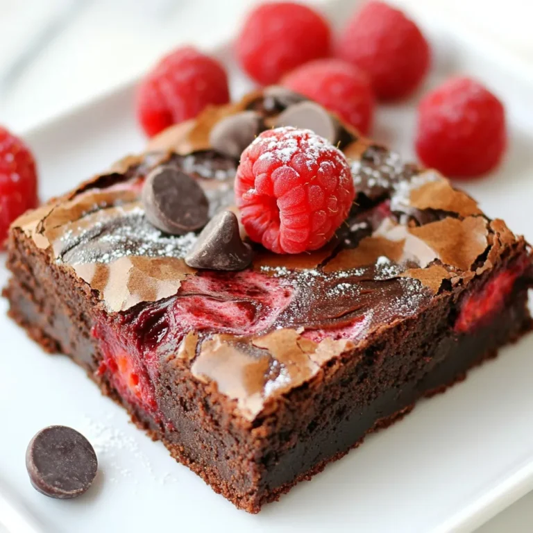 - 1 cup unsalted butter - 2 cups granulated sugar - 4 large eggs - 1 teaspoon vanilla extract - 1 cup all-purpose flour - 1 cup unsweetened cocoa powder - 1/2 teaspoon salt - 1 cup fresh raspberries - 1/2 cup semi-sweet chocolate chips When I make these Raspberry Chocolate Swirl Brownies, I love using fresh raspberries. They add a burst of flavor and a lovely tartness. You can also use frozen raspberries if you can’t find fresh ones. Just remember to thaw and drain them first. - You can swap unsalted butter for coconut oil or margarine. Both work well in this recipe. - If you want a healthier option, you can use coconut sugar or honey instead of granulated sugar. - If you use frozen raspberries, make sure to thaw and drain them well. This helps keep the batter from getting too wet. These substitutions can help you make the brownies fit your taste or dietary needs. Enjoy getting creative with the ingredients! {{ingredient_image_2}} - Prepping the baking pan: Start by preheating your oven to 350°F (175°C). Then, get a 9x13-inch baking pan. Grease it lightly or line it with parchment paper. This helps the brownies come out easily. - Melting butter correctly: Use a large saucepan to melt 1 cup of unsalted butter over medium heat. Stir it gently until it turns completely liquid. Remove it from heat right after it melts. - Combining wet and dry ingredients: In your melted butter, add 2 cups of granulated sugar. Stir it well until the mixture is smooth. Next, add 4 large eggs one at a time. Mix well after each egg. Then, add 1 teaspoon of vanilla extract for extra flavor. - Ensuring the right consistency: In a separate bowl, sift together 1 cup of all-purpose flour, 1 cup of unsweetened cocoa powder, and 1/2 teaspoon of salt. Gradually fold this dry mix into your wet ingredients using a spatula. Mix gently until just combined. Be careful not to overmix. - Techniques for spreading batter: Spread half of the brownie batter evenly in the bottom of the prepared pan. This forms your first layer. - Creating the marble effect with raspberries: In a small bowl, mash 1 cup of fresh raspberries lightly with a fork. Leave some whole for texture. Drizzle the mashed raspberries over the first layer of batter. Then, spoon the remaining batter over the raspberry layer. Use a spatula to spread it carefully. - Best practices for accurate baking times: Bake your brownies in the preheated oven for 25-30 minutes. - How to test for doneness: To see if they are done, insert a toothpick into the center. It should come out with a few moist crumbs, not wet batter. To perfect your brownies, avoid overmixing. When you mix the dry and wet ingredients, do it gently. Mix just until you see no dry flour. This keeps your brownies nice and fudgy. Overmixing can make them tough and dry. For that perfect fudgy texture, check your baking time. Bake until a toothpick comes out with a few moist crumbs. This means they are ready but still soft. Let them cool in the pan for the best results. You can enhance the flavor with extracts. Try almond or coffee for new tastes. Just a little goes a long way. Adding nuts or more chocolate can change the game. Chopped walnuts or pecans add crunch. You can also fold in more chocolate chips for extra richness. For a beautiful presentation, serve the brownies warm. Drizzle some raspberry sauce or chocolate sauce on top. This adds color and flavor. You can pair the brownies with ice cream. Vanilla or raspberry ice cream works great. A sprinkle of powdered sugar adds a nice touch, too! Pro Tips Use Room Temperature Ingredients: Ensuring your eggs and butter are at room temperature helps create a smoother batter, which results in a more even bake and better texture. Don't Overmix the Batter: Mixing just until combined will keep the brownies fudgy and prevent them from becoming tough. A few lumps are perfectly fine! Experiment with Different Berries: If raspberries aren't your favorite, try substituting with blueberries or strawberries for a delicious twist on this brownie recipe. Cool Completely Before Cutting: Allowing the brownies to cool in the pan ensures they set properly, making it easier to cut them into neat squares without crumbling. {{image_4}} You can make your Raspberry Chocolate Swirl Brownies even more fun. One great idea is to add peanut butter or caramel swirls. Just drop spoonfuls of peanut butter or caramel into the batter. Then, use a knife to swirl it in. This adds a rich, nutty taste or a sweet kick. You can also mix in other fruits. Think about adding chopped strawberries or blueberries. They bring a fresh twist and color to your brownies. Just remember to adjust the amount of fruit so it fits well in the batter. Making these brownies fit different diets is easy. For a gluten-free version, swap the all-purpose flour for a gluten-free blend. Look for blends that work well in baking. They help you keep that fudgy texture. If you want a vegan treat, replace the eggs with flaxseed meal or applesauce. Use a vegan butter or coconut oil instead of regular butter. You can also choose dairy-free chocolate chips for a fully vegan option. This way, everyone can enjoy your delicious brownies. To keep your brownies fresh, store them in an airtight container. This helps prevent them from drying out. You can keep them at room temperature for up to three days. If you want them to last longer, refrigerate them. They can stay good in the fridge for about a week. For even longer storage, freeze the brownies. Wrap them tightly in plastic wrap and then place them in a freezer-safe bag. They can last for about three months in the freezer. When you're ready to enjoy your brownies again, reheating is easy. You can use the microwave for quick warming. Heat them in 10-second bursts until warm. If you prefer a crispy edge, use the oven. Preheat it to 350°F (175°C). Place the brownies on a baking sheet and warm them for about 5-10 minutes. After reheating, serve them warm. Adding a scoop of ice cream on top makes it even better. You can also drizzle some chocolate or raspberry sauce for an extra treat. Enjoy the rich and fudgy flavor! Raspberry Chocolate Swirl Brownies last about 3 to 5 days when stored correctly. Keep them in an airtight container at room temperature. If you want them to last longer, you can refrigerate them for up to a week. Just make sure to let them come to room temperature before serving. Yes, you can use frozen raspberries! Just make sure to thaw and drain them first. This helps avoid excess moisture in your brownies. The flavor will still be great, and they will look lovely. If you need a substitute for cocoa powder, try using carob powder. It has a similar flavor and works well in brownies. Another option is to use unsweetened chocolate. Just melt it and add more sugar to balance the sweetness. To check if your brownies are done, insert a toothpick into the center. It should come out with a few moist crumbs but not wet batter. If it comes out clean, they may be overbaked. Yes, you can make Raspberry Chocolate Swirl Brownies in advance. Bake them, let them cool, and store them in an airtight container. They taste great after a day or two, allowing the flavors to meld. Enjoy them fresh or at room temperature! Raspberry chocolate swirl brownies are easy and fun to make. We covered the key ingredients and offered substitutions for a healthier twist. I shared step-by-step instructions to help you mix, bake, and serve these brownies perfectly. You can even explore delicious variations and smart storage tips. Enjoying these brownies with ice cream can elevate your treat. Don't be afraid to experiment with flavors and tweaks. Now, go bake and savor these rich, fudgy delights!