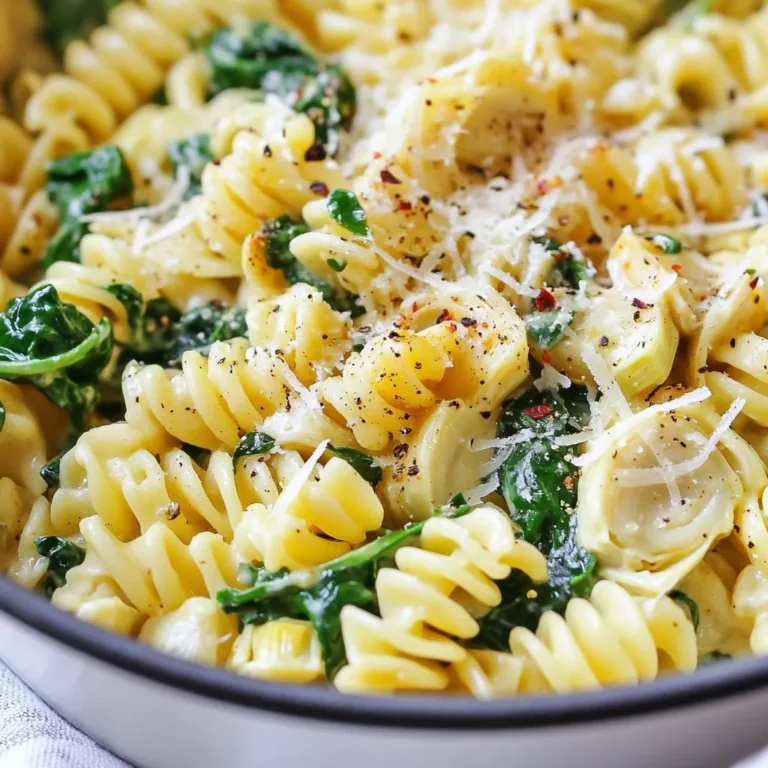 - 12 oz pasta (your choice of fusilli or penne) - 2 cups fresh spinach, roughly chopped - 1 can (14 oz) artichoke hearts, drained and roughly chopped - 4 cloves garlic, minced - 1 medium onion, diced - 1 cup vegetable broth - 1 cup heavy cream - 1 cup grated Parmesan cheese - 1 teaspoon Italian seasoning - Salt and freshly cracked black pepper to taste - 2 tablespoons extra virgin olive oil These ingredients create a rich and creamy pasta dish. The artichokes and spinach give great flavor and texture. You can use any pasta shape that you like. I often choose fusilli or penne for their ability to hold sauce well. - Red pepper flakes (for a touch of spice) - Additional grated Parmesan cheese - Fresh parsley, chopped Garnishing your dish makes it look more appealing. Red pepper flakes add nice heat, while parsley adds color. Extra cheese always makes it better! - Servings: 4 - Calories per serving: Approximately 600 - Protein: 20g - Carbohydrates: 60g - Fat: 30g - Fiber: 4g This dish offers a balance of flavors and nutrients. The cheese and cream provide protein and fat, while spinach adds fiber and vitamins. It’s a hearty meal that satisfies without being overly heavy. {{ingredient_image_2}} Start by heating 2 tablespoons of extra virgin olive oil in a large pot over medium heat. Once hot, add 1 medium diced onion. Sauté the onion for about 3-4 minutes. You want it to turn soft and clear. Next, add 4 minced garlic cloves. Cook for 1 more minute. The garlic should smell great, but don’t let it burn. Now, it’s time to make the sauce. Pour in 1 cup of vegetable broth and 1 cup of heavy cream. Stir well to blend everything together. Bring this mixture to a gentle simmer. This helps all the flavors mix and get tasty. Add 12 oz of uncooked pasta to the pot. Use either fusilli or penne. Sprinkle in 1 teaspoon of Italian seasoning, along with salt and freshly cracked black pepper to taste. Stir everything well to ensure the pasta is covered in the liquid. Cover the pot and cook for about 10-12 minutes. Stir occasionally. You want the pasta to be al dente, with most of the liquid soaked up. Once the pasta is cooked, take the pot off the heat. Stir in 2 cups of roughly chopped fresh spinach and 1 cup of grated Parmesan cheese. This will make the dish creamy and delicious. The spinach should wilt right away. Serve your pasta right away. Use wide, shallow bowls to show off the colors. You can add more Parmesan cheese on top if you like. For a little kick, sprinkle some red pepper flakes. Enjoy your creamy delight! When making One-Pot Spinach Artichoke Pasta, you want the right pasta. Fusilli and penne work best. Their shapes hold sauce well and add texture. Fusilli’s twists catch bits of spinach and artichokes. Penne's tubes hold the cream, making each bite rich. Use what you prefer. Just make sure it’s not too thin or delicate. A creamy sauce makes this dish shine. Start with heavy cream for richness. It blends smoothly with the vegetable broth. This mix creates a luscious base. Always stir well to combine flavors. Add Italian seasoning for a herbal touch. Taste as you go and adjust salt and pepper. This way, you ensure every bite is flavorful. Want to take this dish further? Think about adding more flavors. A squeeze of lemon brightens the dish. It adds a zesty kick that balances the creaminess. You can also sprinkle in some red pepper flakes. This adds warmth and a little heat. Lastly, fresh herbs like basil or parsley can bring freshness. Don’t be afraid to experiment. Your taste buds will love it! Pro Tips Fresh Ingredients Matter: Using fresh spinach and high-quality artichoke hearts will elevate the flavor of your dish significantly. Customize Your Pasta: Feel free to use whole wheat or gluten-free pasta for a healthier option or to accommodate dietary restrictions. Save Some Cheese: Reserve a bit of Parmesan cheese for garnishing the finished dish; it adds a nice touch and enhances presentation. Make It Ahead: This dish can be made ahead of time and reheated. Just add a splash of broth or cream when reheating to maintain creaminess. {{image_4}} You can make this dish heartier by adding chicken. Start with cooked chicken breast. Dice it into small pieces and sauté it with the onion and garlic. This adds protein and makes the meal more filling. It also gives a nice texture to the creamy sauce. Feel free to use leftover chicken or rotisserie chicken for ease. To make a vegan version, replace heavy cream with coconut milk or cashew cream. Use nutritional yeast instead of Parmesan cheese for a cheesy flavor. Make sure to check that your vegetable broth is vegan-friendly. This keeps the dish creamy while making it plant-based and still delicious. You can mix in other veggies to enhance the taste. Consider adding bell peppers, mushrooms, or zucchini. Sauté these with the onion and garlic for extra flavor. You can also throw in some cherry tomatoes for a burst of sweetness. This not only adds color but also boosts the nutrition of your meal. To keep your one-pot spinach artichoke pasta fresh, let it cool first. Place it in an airtight container. This helps avoid moisture loss. Store it in the fridge for up to three days. If you know you won’t eat it soon, consider freezing it. When reheating, add a splash of broth or cream. This keeps the pasta creamy and moist. Use the stovetop for best results. Heat on low while stirring gently. You can also use a microwave; just cover it to keep moisture in. To freeze, portion the pasta into freezer-safe bags. Flatten the bags for easy stacking. You can freeze it for up to three months. When ready to eat, thaw it overnight in the fridge. Reheat it as mentioned above for a tasty meal. One-pot spinach artichoke pasta stays fresh in the fridge for about 3 to 4 days. Store it in an airtight container. This keeps the pasta moist and tasty. If you want to enjoy it later, make sure to cool it down first before placing it in the fridge. Yes, you can use frozen spinach and artichokes. Just thaw them first and drain any excess water. Frozen veggies can save time and still taste great. They work well in this dish, keeping it easy and convenient. If you want a lighter dish, there are good substitutes for heavy cream. You can use half-and-half, whole milk, or even coconut milk for a dairy-free option. Each will change the flavor a bit but will still make your pasta creamy. Absolutely! You can use gluten-free pasta for this recipe. Many brands offer tasty gluten-free options, like brown rice or chickpea pasta. This way, you can enjoy the creamy delight without worrying about gluten. In this post, we covered essential ingredients and how to create a tasty one-pot pasta. I shared step-by-step instructions for preparing, cooking, and serving it. Tips on pasta choices and sauce perfection added extra value. Plus, we explored fun variations and storage tips to keep your dish fresh. With these insights, you can now make a delicious and satisfying meal. Enjoy your cooking!