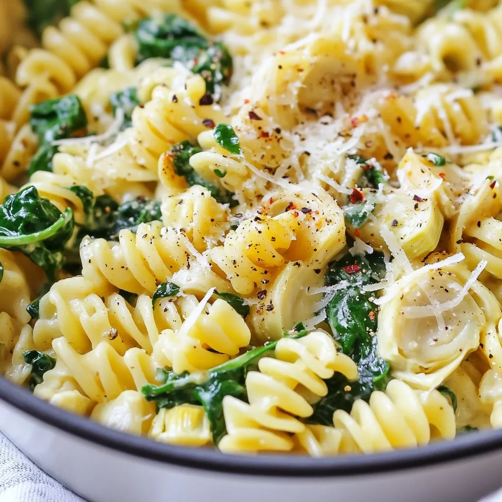 - 12 oz pasta (your choice of fusilli or penne) - 2 cups fresh spinach, roughly chopped - 1 can (14 oz) artichoke hearts, drained and roughly chopped - 4 cloves garlic, minced - 1 medium onion, diced - 1 cup vegetable broth - 1 cup heavy cream - 1 cup grated Parmesan cheese - 1 teaspoon Italian seasoning - Salt and freshly cracked black pepper to taste - 2 tablespoons extra virgin olive oil These ingredients create a rich and creamy pasta dish. The artichokes and spinach give great flavor and texture. You can use any pasta shape that you like. I often choose fusilli or penne for their ability to hold sauce well. - Red pepper flakes (for a touch of spice) - Additional grated Parmesan cheese - Fresh parsley, chopped Garnishing your dish makes it look more appealing. Red pepper flakes add nice heat, while parsley adds color. Extra cheese always makes it better! - Servings: 4 - Calories per serving: Approximately 600 - Protein: 20g - Carbohydrates: 60g - Fat: 30g - Fiber: 4g This dish offers a balance of flavors and nutrients. The cheese and cream provide protein and fat, while spinach adds fiber and vitamins. It’s a hearty meal that satisfies without being overly heavy. {{ingredient_image_2}} Start by heating 2 tablespoons of extra virgin olive oil in a large pot over medium heat. Once hot, add 1 medium diced onion. Sauté the onion for about 3-4 minutes. You want it to turn soft and clear. Next, add 4 minced garlic cloves. Cook for 1 more minute. The garlic should smell great, but don’t let it burn. Now, it’s time to make the sauce. Pour in 1 cup of vegetable broth and 1 cup of heavy cream. Stir well to blend everything together. Bring this mixture to a gentle simmer. This helps all the flavors mix and get tasty. Add 12 oz of uncooked pasta to the pot. Use either fusilli or penne. Sprinkle in 1 teaspoon of Italian seasoning, along with salt and freshly cracked black pepper to taste. Stir everything well to ensure the pasta is covered in the liquid. Cover the pot and cook for about 10-12 minutes. Stir occasionally. You want the pasta to be al dente, with most of the liquid soaked up. Once the pasta is cooked, take the pot off the heat. Stir in 2 cups of roughly chopped fresh spinach and 1 cup of grated Parmesan cheese. This will make the dish creamy and delicious. The spinach should wilt right away. Serve your pasta right away. Use wide, shallow bowls to show off the colors. You can add more Parmesan cheese on top if you like. For a little kick, sprinkle some red pepper flakes. Enjoy your creamy delight! When making One-Pot Spinach Artichoke Pasta, you want the right pasta. Fusilli and penne work best. Their shapes hold sauce well and add texture. Fusilli’s twists catch bits of spinach and artichokes. Penne's tubes hold the cream, making each bite rich. Use what you prefer. Just make sure it’s not too thin or delicate. A creamy sauce makes this dish shine. Start with heavy cream for richness. It blends smoothly with the vegetable broth. This mix creates a luscious base. Always stir well to combine flavors. Add Italian seasoning for a herbal touch. Taste as you go and adjust salt and pepper. This way, you ensure every bite is flavorful. Want to take this dish further? Think about adding more flavors. A squeeze of lemon brightens the dish. It adds a zesty kick that balances the creaminess. You can also sprinkle in some red pepper flakes. This adds warmth and a little heat. Lastly, fresh herbs like basil or parsley can bring freshness. Don’t be afraid to experiment. Your taste buds will love it! Pro Tips Fresh Ingredients Matter: Using fresh spinach and high-quality artichoke hearts will elevate the flavor of your dish significantly. Customize Your Pasta: Feel free to use whole wheat or gluten-free pasta for a healthier option or to accommodate dietary restrictions. Save Some Cheese: Reserve a bit of Parmesan cheese for garnishing the finished dish; it adds a nice touch and enhances presentation. Make It Ahead: This dish can be made ahead of time and reheated. Just add a splash of broth or cream when reheating to maintain creaminess. {{image_4}} You can make this dish heartier by adding chicken. Start with cooked chicken breast. Dice it into small pieces and sauté it with the onion and garlic. This adds protein and makes the meal more filling. It also gives a nice texture to the creamy sauce. Feel free to use leftover chicken or rotisserie chicken for ease. To make a vegan version, replace heavy cream with coconut milk or cashew cream. Use nutritional yeast instead of Parmesan cheese for a cheesy flavor. Make sure to check that your vegetable broth is vegan-friendly. This keeps the dish creamy while making it plant-based and still delicious. You can mix in other veggies to enhance the taste. Consider adding bell peppers, mushrooms, or zucchini. Sauté these with the onion and garlic for extra flavor. You can also throw in some cherry tomatoes for a burst of sweetness. This not only adds color but also boosts the nutrition of your meal. To keep your one-pot spinach artichoke pasta fresh, let it cool first. Place it in an airtight container. This helps avoid moisture loss. Store it in the fridge for up to three days. If you know you won’t eat it soon, consider freezing it. When reheating, add a splash of broth or cream. This keeps the pasta creamy and moist. Use the stovetop for best results. Heat on low while stirring gently. You can also use a microwave; just cover it to keep moisture in. To freeze, portion the pasta into freezer-safe bags. Flatten the bags for easy stacking. You can freeze it for up to three months. When ready to eat, thaw it overnight in the fridge. Reheat it as mentioned above for a tasty meal. One-pot spinach artichoke pasta stays fresh in the fridge for about 3 to 4 days. Store it in an airtight container. This keeps the pasta moist and tasty. If you want to enjoy it later, make sure to cool it down first before placing it in the fridge. Yes, you can use frozen spinach and artichokes. Just thaw them first and drain any excess water. Frozen veggies can save time and still taste great. They work well in this dish, keeping it easy and convenient. If you want a lighter dish, there are good substitutes for heavy cream. You can use half-and-half, whole milk, or even coconut milk for a dairy-free option. Each will change the flavor a bit but will still make your pasta creamy. Absolutely! You can use gluten-free pasta for this recipe. Many brands offer tasty gluten-free options, like brown rice or chickpea pasta. This way, you can enjoy the creamy delight without worrying about gluten. In this post, we covered essential ingredients and how to create a tasty one-pot pasta. I shared step-by-step instructions for preparing, cooking, and serving it. Tips on pasta choices and sauce perfection added extra value. Plus, we explored fun variations and storage tips to keep your dish fresh. With these insights, you can now make a delicious and satisfying meal. Enjoy your cooking!
