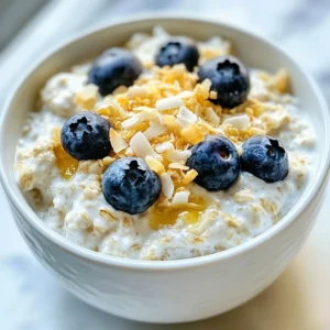 To make Blueberry Coconut Overnight Oats, you will need these simple ingredients: - 1 cup rolled oats - 1 cup coconut milk (canned or carton) - 1/2 cup Greek yogurt (optional) - 1/2 cup fresh blueberries (plus extra for garnishing) - 2 tablespoons unsweetened shredded coconut - 1 tablespoon maple syrup or honey - 1/2 teaspoon vanilla extract - A pinch of salt These ingredients come together to create a creamy and flavorful breakfast. If you want your oats even creamier, try adding: - Greek yogurt (already mentioned) - A splash of almond milk or regular milk - A tablespoon of nut butter, like almond or peanut These options add richness and make your overnight oats extra satisfying. For a beautiful finish and added texture, consider these toppings: - Additional fresh blueberries - Chopped nuts (like almonds or walnuts) - Seeds (like chia or sunflower seeds) - A sprinkle of extra shredded coconut These toppings not only enhance the look but also the taste of your overnight oats. Enjoy crafting your perfect bowl! {{ingredient_image_2}} Start with a medium bowl. Add 1 cup of rolled oats. Pour in 1 cup of coconut milk. If you want creaminess, add 1/2 cup of Greek yogurt too. Mix well until the oats soak up the milk. This step is key for a creamy texture. Next, add 2 tablespoons of unsweetened shredded coconut. Pour in 1 tablespoon of maple syrup or honey. This will sweeten your oats, so adjust to your taste. Then, stir in 1/2 teaspoon of vanilla extract and a pinch of salt. Mix everything until well combined. This blend gives the oats a rich flavor. Gently fold in 1/2 cup of fresh blueberries. Make sure to save a few for topping later. This keeps some berries whole for texture. Now, divide the mixture into two jars or airtight containers. Seal them tightly and place in the fridge overnight, or for at least 4-5 hours. This soaking time is crucial for the oats. In the morning, stir the oats gently. Top with extra blueberries and some chopped nuts or seeds for crunch. Enjoy your blueberry coconut overnight oats chilled or warmed up! To make your oats smooth and tasty, use rolled oats. They soak up liquid well. Choose coconut milk based on your taste. Canned coconut milk gives a thick texture, while carton milk is lighter. If you like creaminess, add Greek yogurt. It makes the oats rich and fluffy. Mixing the oats with liquids first helps them absorb flavors. Stir well to coat every oat. Presentation matters! Use clear jars to show off the vibrant colors. Layer the oats with blueberries and coconut. This makes it look fun and inviting. Top with a sprig of mint for a fresh touch. You can also sprinkle chopped nuts or seeds on top. This adds crunch and makes each bite exciting. Sweetness is personal. Start with one tablespoon of maple syrup or honey. Taste the mixture before letting it sit. If you want it sweeter, add more syrup. Remember, the blueberries add natural sweetness, too. Adjust to your liking. This way, your blueberry coconut overnight oats are just right for you! Pro Tips Use Chilled Ingredients: For a refreshing breakfast, ensure your coconut milk and Greek yogurt are chilled before mixing them with the oats. Try Different Toppings: Experiment with toppings like chopped almonds, walnuts, or chia seeds to add variety and extra nutrition to your overnight oats. Make Ahead in Batches: Prepare multiple jars at once to save time during busy mornings. They can be stored in the refrigerator for up to 4-5 days. Adjust Sweetness to Taste: Feel free to modify the amount of maple syrup or honey based on your sweetness preference or substitute with a sugar-free option if desired. {{image_4}} You can switch up the flavors of your blueberry coconut overnight oats easily. For a chocolate twist, add cocoa powder. Try using almond milk instead of coconut milk for a nutty taste. If you love spices, sprinkle in some cinnamon or nutmeg. For a tropical vibe, mix in diced pineapple or mango. This lets you enjoy new flavors each time. To make these oats vegan, skip the Greek yogurt. You can use a plant-based yogurt instead. Coconut yogurt works great for a creamy texture. Maple syrup is already vegan, so you’re set there. These small changes keep it yummy without any dairy. Seasonal fruits can change your breakfast game. In spring, add strawberries or raspberries. In summer, try peaches or cherries. Fall is perfect for diced apples or pears. During winter, use dried fruits like apricots or cranberries. Each season brings fresh tastes that keep your oats exciting. To keep your blueberry coconut overnight oats fresh, use airtight containers. Glass jars work well. Fill them with the oats mixture and seal tightly. This keeps out air and moisture, which can spoil your oats. If you plan to eat them later, store them in the fridge. These oats stay good for 3 to 5 days in the fridge. Make sure to check for any off smells or changes in texture. For the best taste, eat them within two days. If you notice any separation, just stir them before enjoying. This will help mix the flavors back together. If you prefer warm oats, you can heat them up. Place the oats in a microwave-safe bowl. Add a splash of coconut milk or water to keep them moist. Heat in short bursts, about 30 seconds at a time. Stir between each burst. This helps to warm them evenly without drying them out. Enjoy your delicious oats warm or cold! Yes, you can use quick oats. Quick oats will absorb liquid faster. This can make your overnight oats creamier. However, they may not have the same chewy texture as rolled oats. If you prefer a softer oat, quick oats work well. Just remember, they may become mushy if soaked for too long. Overnight oats can last up to five days in the fridge. This makes them great for meal prep. Always keep them in airtight containers to stay fresh. If you see any signs of spoilage, discard them. Fresh blueberries on top can last up to three days without losing flavor. Yes, you can easily make these oats in bulk. Just multiply the recipe by how many servings you need. Use larger containers to mix and divide into jars. This way, you save time during busy mornings. Just make sure to keep them sealed and in the fridge to maintain freshness. This blog post covered all you need for perfect overnight oats. We explored the key ingredients, helpful tips, and creative variations. You learned about optional add-ins and how to customize flavors. Storing and reheating your oats can keep them fresh and tasty. Remember, the best part is making them your own. Enjoy each bite, and don’t be afraid to experiment. Eating healthy can be fun and delicious!